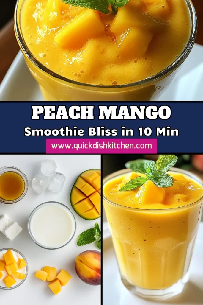 Indulge in a refreshing Peach Mango Smoothie that's perfect for any time of day! This tropical smoothie recipe combines ripe mango and peaches with creamy Greek yogurt and coconut milk for a deliciously healthy smoothie recipe. Perfectly balanced and easily customizable, this coconut milk smoothie is a must-try! Blend up this delightful treat today and enjoy the taste of summer year-round. Save this recipe now! #PeachMangoSmoothie #TropicalSmoothieRecipe #HealthySmoothie #CoconutMilkSmoothie