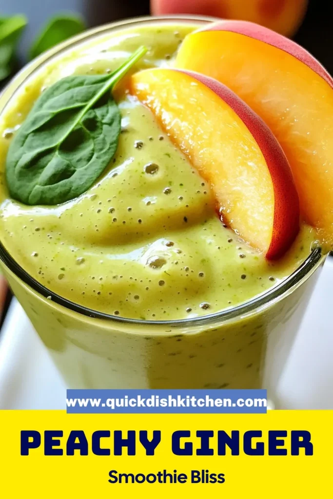 Revitalize your mornings with this delicious and nutritious Ginger Peach Smoothie! Combining the sweetness of fresh peaches and bananas with the health benefits of spinach, this Green Smoothie Recipe is perfect for boosting your energy. Enjoy a Healthy Peach Smoothie made with zesty ginger and hydrating coconut water for a refreshing taste. Blend your way to wellness with this easy Spinach Smoothie with Ginger. Try it today and feel the difference! #SmoothieRecipe #HealthyLiving #PeachSmoothie #GreenSmoothie