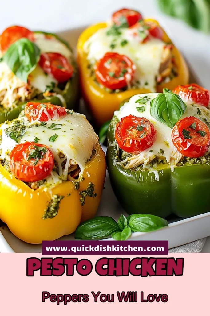 Discover the deliciousness of Pesto Chicken Stuffed Peppers with this easy and healthy stuffed peppers recipe! Packed with shredded chicken, basil pesto, quinoa, and melted cheese, these bell pepper dishes are perfect for a family meal. Get ready to impress with this vibrant and nutritious option for your dinner table. Don't forget to save this easy chicken recipe for later! #HealthyRecipes #StuffedPeppers #QuinoaRecipes #ChickenDinner
