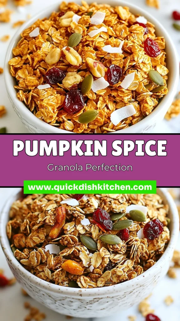 Indulge in the cozy flavors of fall with this pumpkin spice granola recipe! A healthy granola with pumpkin, it's packed with oats, nuts, pumpkin seeds, and dried fruit for a delicious crunch. Perfect for breakfast or a snack, this homemade pumpkin granola is easy to make and full of wholesome ingredients. Try this fall granola recipe today and enjoy a nutritious treat. Save this recipe and savor the season! #PumpkinSpice #HealthyGranola #FallRecipes #GranolaWithNutsAndSeeds