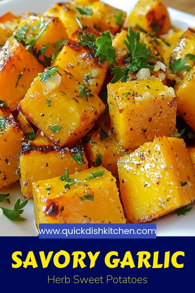 Discover the perfect healthy sweet potato side dish with this garlic herb roasted sweet potatoes recipe! This easy garlic roasted potatoes recipe features cubed sweet potatoes tossed with garlic, olive oil, and aromatic herbs, then oven-roasted to golden perfection. Enjoy a delicious and nutritious addition to any meal. Save this roasted sweet potato recipe for your next gathering and impress your guests! #SweetPotatoRecipe #HealthyEating #OvenRoasted #GarlicHerbPotatoes