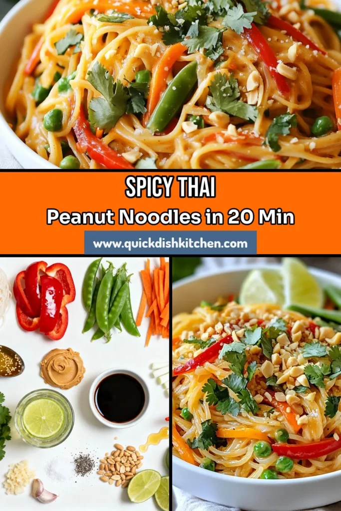 Discover the deliciousness of Spicy Thai Peanut Noodles! This easy Thai Peanut Noodles recipe features rice noodles tossed with vibrant veggies and a creamy peanut sauce, making a perfect vegan dish. In just 20 minutes, enjoy these Vegan Peanut Noodles that are packed with flavor and spice. Perfect for a quick dinner or meal prep, you won't want to miss out on this easy spicy noodles recipe. Try it today and save for later! #SpicyThaiPeanutNoodles #EasySpicyNoodles #ThaiPeanutNoodlesRecipe #VeganPeanutNoodles