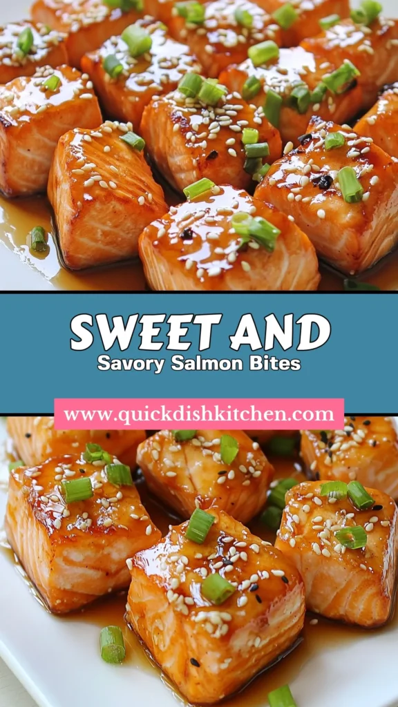Indulge in these delicious Maple Glazed Salmon Bites! This easy baked salmon bites recipe features flaky salmon cubes marinated in a delectable mix of maple syrup and soy sauce, making it the perfect maple mustard salmon appetizer. Try this simple salmon recipe with maple syrup for your next gathering or snack. Don't forget to save for later! #MapleGlazedSalmonBites #SalmonRecipe #EasyBakedSalmonBites #MapleMustardSalmon