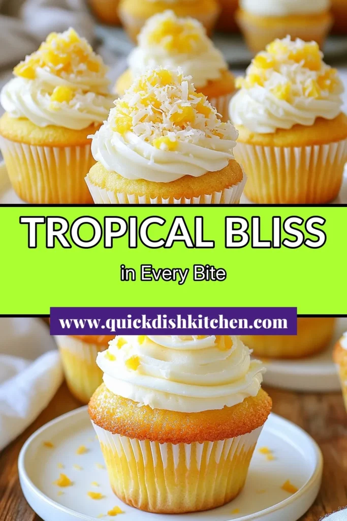 Indulge in these delightful pineapple coconut cupcakes, perfect for a tropical treat! This easy cupcake recipe combines the sweet flavors of pineapple with the richness of coconut, topped with creamy coconut cream cheese frosting. Elevate your dessert game with this fantastic addition to your pineapple dessert recipes. Ready to satisfy your sweet cravings? Try this tropical cupcake recipe today! #PineappleCoconutCupcakes #TropicalDessert #EasyCupcakeRecipes #CoconutFrosting