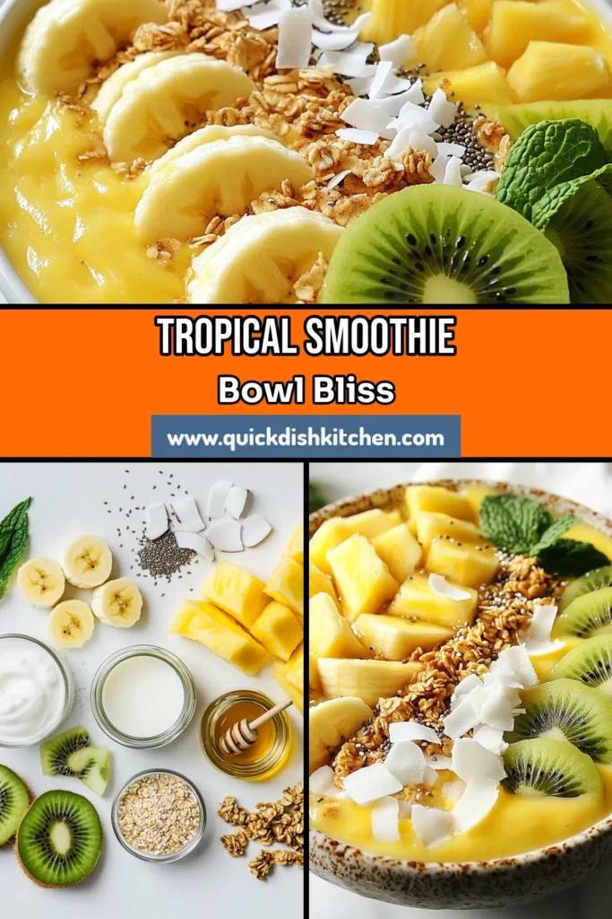 Start your day with a refreshing Tropical smoothie bowl that's packed with flavor! This pineapple coconut smoothie is a delightful blend of frozen pineapple, banana, and creamy coconut milk, making it one of the easiest healthy smoothie recipes out there. Perfect for breakfast, this easy smoothie bowl recipe is topped with fresh fruit, granola, and chia seeds for a nutritious boost. Dive into paradise and save this recipe now! #TropicalSmoothieBowl #HealthySmoothieRecipes #BreakfastSmoothieBowl #EasySmoothieBowlRecipe
