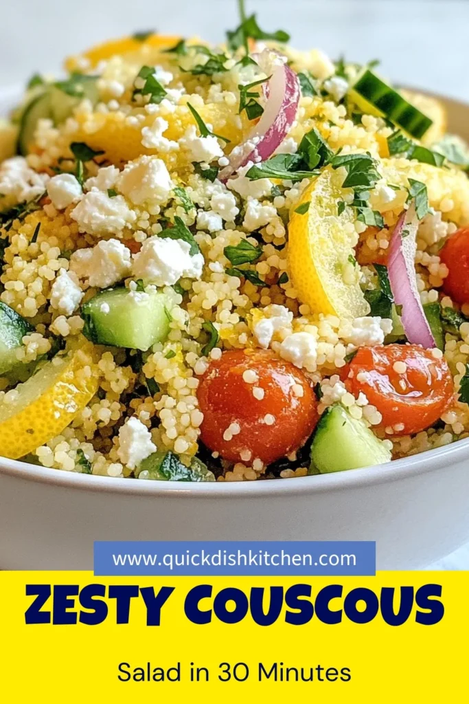 Looking for a refreshing dish? Try this Lemon Herb Couscous Salad, a perfect blend of flavors in a zesty couscous recipe that's great for any occasion. This Herb Couscous Salad combines Mediterranean ingredients like cucumbers, cherry tomatoes, and fresh herbs, making it one of the best cold couscous salad recipes. Ideal for summer gatherings or meal prep. Save this Lemon Couscous Salad recipe for a deliciously light side! #CouscousSalad #ZestyCouscous #MediterraneanRecipes #HealthyEating