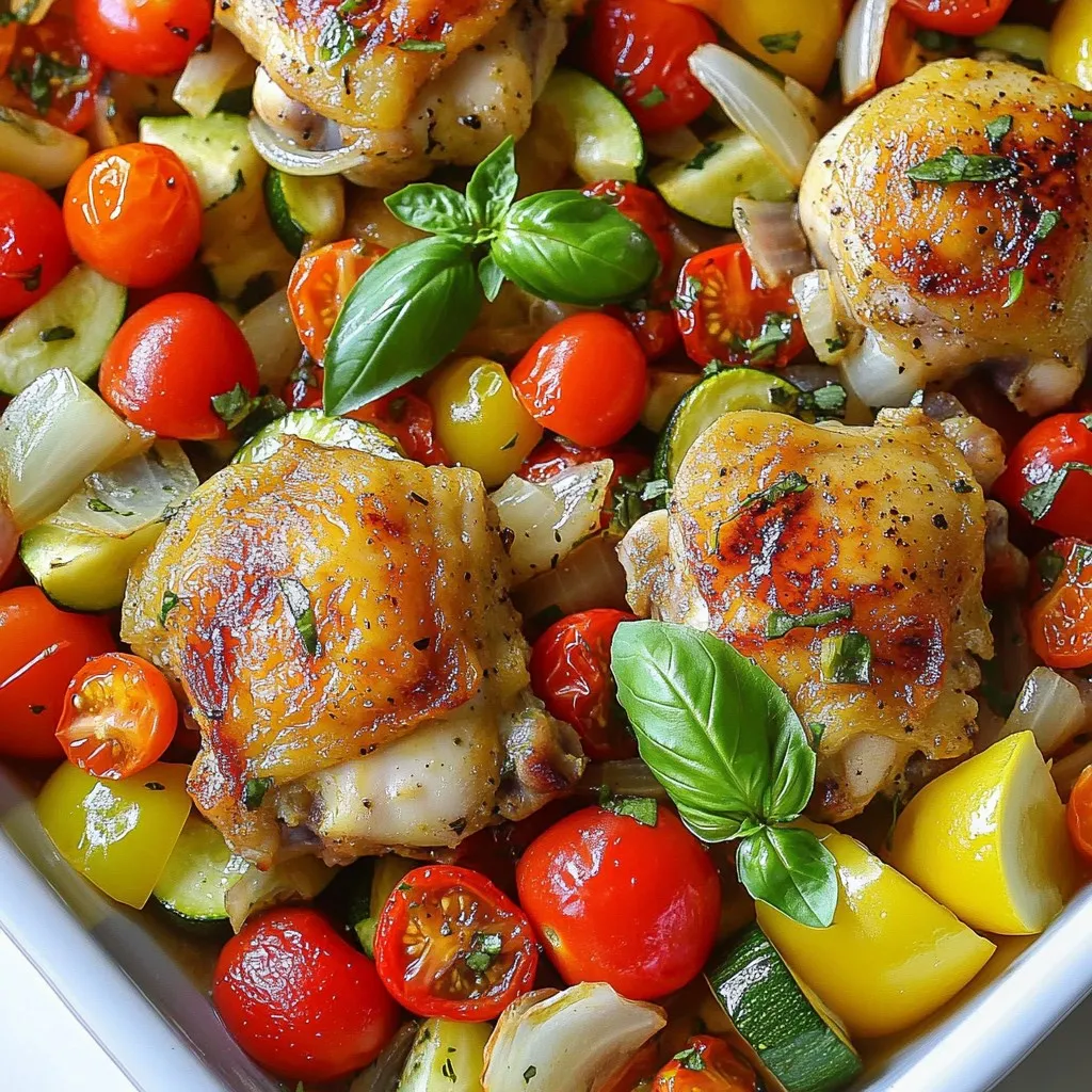 For this dish, you will need: - 4 boneless, skinless chicken thighs - 1 cup cherry tomatoes, halved - 1 red bell pepper, sliced - 1 yellow onion, sliced - 1 zucchini, sliced - 3 cloves garlic, minced These main ingredients give the dish its hearty base. The chicken is juicy and tender. The veggies add color and nutrition. The flavors come from: - 1 teaspoon dried oregano - 1 teaspoon dried thyme - 1 teaspoon smoked paprika - Salt and pepper to taste - 2 tablespoons olive oil These spices work well together. They add depth and warmth to the dish. The olive oil helps to cook everything evenly. For a fresh finish, consider: - Fresh basil or parsley for garnish - Lemon wedges for serving Garnishing with herbs brightens the dish. The lemon adds a zesty touch. Both make the meal look and taste even better. {{ingredient_image_1}} First, set your oven to 400°F (200°C). Grab a large oven-safe skillet. This pan will hold all the flavors. If you don't have one, a baking dish works too. Make sure it is ready to hold the chicken and veggies. In a small bowl, combine the dried oregano, thyme, smoked paprika, salt, and pepper. This mix will add lots of flavor. Pat the chicken thighs dry with paper towels. Rub half of the olive oil on both sides of each thigh. Then, sprinkle half of the spice mix over them. Make sure to cover the chicken well. Heat the remaining olive oil in your skillet over medium heat. Once it is hot, add the chicken thighs. Sear them for about 4-5 minutes on each side. Look for a nice golden brown color. This step locks in juices. When done, take the chicken out and set it aside. In the same skillet, toss in the sliced onion and minced garlic. Sauté them for about 2-3 minutes. Watch for the onion to turn translucent. Next, add the sliced bell pepper and zucchini. Stir them occasionally. Cook for another 3-4 minutes until they are slightly tender. This makes the veggies soft and sweet. Now, add the halved cherry tomatoes and the remaining spice mix to the skillet. Stir everything to mix well. Nestle the browned chicken thighs back into the skillet. Make sure they are partly submerged in the veggies. This helps the chicken absorb all the flavors. Transfer the skillet to the oven. Roast for 20-25 minutes. The chicken is ready when it reaches 165°F (75°C). After baking, let it rest for a few minutes before serving. To make your chicken juicy, choose boneless, skinless thighs. They stay moist during cooking. After seasoning and searing, let them rest for a few minutes. This helps lock in the juices. Cooking at the right temperature is key. Always check the internal temperature. It should reach 165°F (75°C) for safety. Feel free to change the spices to suit your taste. Add more smoked paprika for a richer flavor. If you love heat, consider adding red pepper flakes. Fresh herbs like basil or parsley can brighten the dish. Taste the veggie mix before adding the chicken. Adjust salt and pepper as needed. Cooking time may vary based on your oven and chicken size. If your chicken is large, add 5-10 more minutes. Always check for doneness with a meat thermometer. For crispier skin, broil for a few minutes at the end. Just watch it closely to avoid burning! Pro Tips Use Fresh Herbs: Fresh basil or parsley can elevate the dish's flavors, adding brightness and a pop of color. Perfect Chicken Thighs: Ensure the chicken thighs are at room temperature before cooking for even cooking and better texture. Customize Veggies: Feel free to swap in seasonal vegetables like eggplant or asparagus to keep the dish fresh and exciting. Rest Before Serving: Allow the chicken to rest for a few minutes after baking to keep it juicy and tender when you cut into it. {{image_2}} You can mix in many veggies. Try carrots, green beans, or eggplant. These add color and crunch. Each vegetable brings its own taste and texture. You can also adjust cooking times. Harder veggies, like carrots, need more time. Add them first with the onion. Softer veggies, like zucchini, can go in later. Chicken thighs are tender and juicy, but you can use other cuts. Chicken breasts work well too. They cook faster, so check them early. Drumsticks and wings can add fun to your meal. Just remember to adjust cooking time based on the cut you choose. Always aim for an internal temperature of 165°F. To boost flavor, add olives or feta cheese. Kalamata olives give a briny taste. Feta adds a creamy, salty touch. You can also use capers for a tangy kick. Fresh herbs like rosemary or dill add a pop of freshness. Each ingredient brings a taste of the Mediterranean to your dish. Feel free to get creative! To keep your Mediterranean One-Pan Chicken fresh, let it cool first. Place the chicken and veggies in an airtight container. Store it in the fridge for up to three days. This way, you can enjoy the leftovers without losing flavor. When you're ready to eat leftovers, reheating is easy. You can use the microwave. Heat it for about 2-3 minutes. Make sure to stir halfway through. You can also reheat it in the oven. Set the oven to 350°F (175°C) and heat for about 15 minutes. If you want to save some for later, freezing works well. Place the cooled chicken and veggies in a freezer-safe bag. Squeeze out as much air as possible. This helps prevent freezer burn. You can store it in the freezer for up to three months. When you’re ready to eat, thaw it overnight in the fridge before reheating. You can serve this dish with many sides. I suggest rice, couscous, or a fresh salad. These options add nice flavors and textures. Garlic bread also pairs well, soaking up the juices. For a light touch, try a Greek yogurt dip. This adds creaminess and balance to the meal. Yes, you can prepare Mediterranean One-Pan Chicken ahead of time. Cook it and let it cool. Then, store it in an airtight container in the fridge. It will last for up to three days. When ready, reheat it gently in the oven or on the stove. To check if the chicken is done, use a meat thermometer. The internal temperature should reach 165°F (75°C). If you don’t have a thermometer, cut into the chicken. The meat should be white, with no pink inside. Juices should run clear, not red. Absolutely! Fresh herbs can bring a bright taste. Use three times more fresh herbs than dried. If a recipe calls for one teaspoon of dried oregano, use three teaspoons of fresh oregano. Chop the fresh herbs finely before adding them to the dish. We explored the key ingredients needed for a tasty Mediterranean one-pan chicken. The step-by-step guide ensures you cook juicy chicken and vibrant veggies. I shared tips to enhance flavor and adjust cooking times. You can also try fun variations like different veggies or cuts of chicken. Don't forget storage tips for leftovers and reheating methods. With these insights, you can create a meal that is simple and satisfying. Enjoy cooking and sharing this flavorful dish!