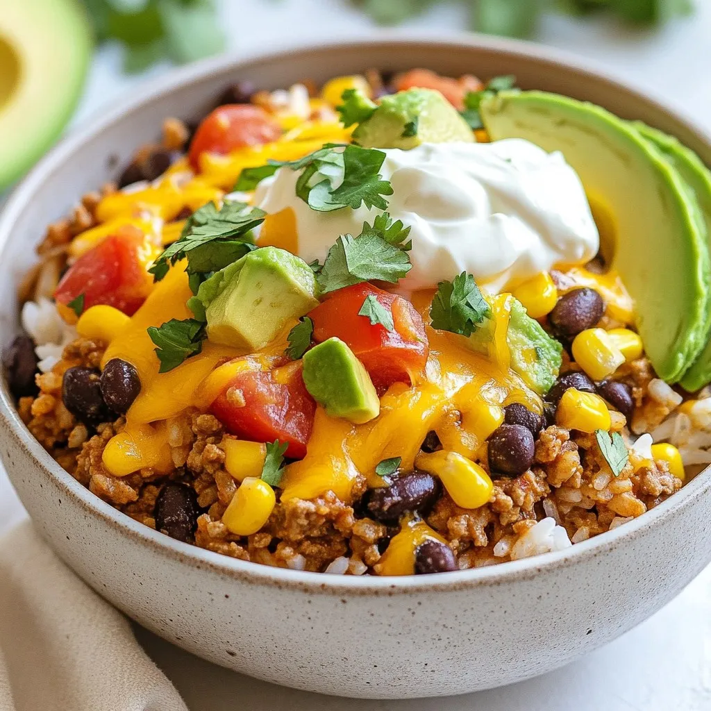 To make Cheesy Taco Rice Skillet, gather these ingredients: - 1 cup long-grain white rice - 2 cups vegetable broth - 1 lb ground beef or turkey - 1 small onion, diced - 2 cloves garlic, minced - 1 packet taco seasoning - 1 can (14 oz) black beans, drained and rinsed - 1 cup corn kernels (fresh, frozen, or canned) - 1 cup diced tomatoes (fresh or canned) - 1 ½ cups shredded cheddar cheese - 1 tablespoon olive oil - Salt and pepper to taste - Fresh cilantro, chopped (for garnish) - Sour cream (for serving) - Avocado slices (for serving) You can easily swap some ingredients if needed: - Ground beef can change to ground turkey or chicken. - Use quinoa or brown rice instead of white rice for a healthier option. - For a vegan dish, replace meat with lentils or mushrooms. - Instead of vegetable broth, use water or chicken broth. - If you don’t have taco seasoning, mix chili powder, cumin, and paprika for a similar flavor. Garnishes can add color and flavor, so consider these options: - Fresh cilantro brings a bright taste that pairs well. - Sliced jalapeños add a spicy kick for those who like heat. - Chopped green onions can offer a fresh crunch. - A squeeze of lime juice can enhance the flavors nicely. - Serve with tortilla chips for extra texture. {{ingredient_image_1}} Start by boiling vegetable broth in a medium pot. This broth gives the rice a nice flavor. Once it boils, add 1 cup of long-grain white rice. Reduce the heat to low and cover the pot. Let it simmer for 18-20 minutes. The rice should be tender and all the liquid absorbed. After cooking, let it sit, covered, for 5 more minutes. Fluff the rice with a fork to make it light and airy. In a large skillet, heat 1 tablespoon of olive oil over medium heat. Add 1 small diced onion and 2 cloves of minced garlic. Sauté them for about 2-3 minutes until the onion turns translucent. This adds great flavor to your dish. Then, increase the heat to medium-high and add 1 pound of ground beef or turkey. Break the meat apart with a spatula and cook for about 5-7 minutes. Once browned, drain any excess fat from the skillet. Now it’s time to mix in the fun stuff! Stir in a packet of taco seasoning to the meat mixture. If it seems dry, add a splash of water to help it blend. Next, add 1 can of drained and rinsed black beans, 1 cup of corn, and 1 cup of diced tomatoes. Finally, fold in the cooked rice. Stir everything together and heat for 2-3 minutes until warm. Season with salt and pepper to taste. Reduce the heat to low and sprinkle 1.5 cups of shredded cheddar cheese over the top. Cover the skillet and let it sit for 2-3 minutes until the cheese melts. Your Cheesy Taco Rice Skillet is now ready to serve! To avoid overcooking rice, keep a close eye on the time. Use the right amount of broth for the rice. Bring the broth to a boil before adding the rice. Once it’s in, lower the heat and cover the pot. Let it simmer for 18-20 minutes. After that, remove it from heat and let it sit for 5 more minutes. Fluff it gently with a fork. This way, the rice stays tender and not mushy. Cheddar cheese works great for this dish, but you can explore other types too. Monterey Jack adds a creamy texture. Pepper Jack gives a nice kick with spices. For a rich flavor, try a mix of cheeses. Always shred cheese yourself for the best melt. Pre-shredded cheese often has fillers that can affect melting. To spice up your Cheesy Taco Rice Skillet, add jalapeños or diced green chilies. You can mix in some hot sauce while cooking the meat. Another option is to use spicy taco seasoning. If you love heat, add crushed red pepper flakes at the end. Adjust the spice level to fit your taste. Pro Tips Use Homemade Taco Seasoning: Making your own taco seasoning allows you to control the spices and salt levels, ensuring a fresher flavor. Customize Your Protein: Feel free to substitute the ground beef or turkey with ground chicken, or even a plant-based meat alternative for a healthier or vegetarian option. Make it a One-Pot Meal: To simplify cleanup, cook the rice directly in the skillet after browning the meat, using broth instead of water for added flavor. Garnish for Flavor: Fresh cilantro, lime juice, or sliced jalapeños can elevate the dish, adding brightness and a kick of flavor. {{image_2}} You can easily make the Cheesy Taco Rice Skillet vegetarian. Simply swap the ground meat for a plant-based protein. I love using lentils or crumbled tofu. They soak up all the taco seasoning flavors. This way, you keep the meal hearty and satisfying without meat. If you want a different protein, try chicken or pork. Ground chicken cooks well and stays tender. You can use ground pork for a richer taste. Both options go great with the taco seasoning. Just remember to cook them until they are fully done. Adding more veggies makes this dish even better. You can toss in bell peppers, zucchini, or spinach. These veggies add color and nutrients. They also give a fresh taste to the dish. Just chop them up and add them when you mix the other ingredients. This way, you get a tasty meal that is also good for you. To store leftovers, let the Cheesy Taco Rice Skillet cool down first. Use an airtight container to keep it fresh. This meal stays good in the fridge for about 3 to 4 days. Make sure to label the container with the date. This helps you remember when you made it. When you're ready to eat, you can reheat your leftovers easily. Place the dish in the microwave for about 2 to 3 minutes. Stir halfway through to ensure even heating. You can also reheat it on the stove over low heat. Just add a splash of water to keep it moist. If you want to freeze the Cheesy Taco Rice Skillet, make sure it’s completely cooled. Transfer it to a freezer-safe container. It will last for up to 3 months in the freezer. When you're ready to enjoy it again, thaw it overnight in the fridge. Reheat it as mentioned above. This way, you can enjoy a delicious meal anytime! Yes, you can make Cheesy Taco Rice Skillet ahead of time. Just prepare the dish as usual. Once it cools, store it in an airtight container. Keep it in the fridge for up to three days. When you're ready to eat, just reheat it on the stove or in the microwave. This makes it easy for busy days. Many sides go well with Cheesy Taco Rice Skillet. Here are some tasty options: - Tortilla chips: Crunchy and fun to dip. - Guacamole: Creamy and fresh, it adds a nice touch. - Garden salad: Crisp veggies balance the richness of the dish. - Mexican street corn: Sweet and savory, it's a great match. - Pico de gallo: Fresh and zesty, it adds brightness. These sides enhance your meal and bring more flavor. To make Cheesy Taco Rice Skillet gluten-free, use gluten-free taco seasoning. Ensure that all canned items, like beans and tomatoes, are gluten-free as well. Check the labels to be safe. This way, you can enjoy this dish without worrying about gluten. It’s just as tasty and satisfying! You learned how to make a tasty Cheesy Taco Rice Skillet. We covered the full list of ingredients, simple steps to cook, and tips to make it better. I shared ways to change up the recipe and how to store your leftovers. This dish is flexible and easy to enjoy anytime. Try it with new ingredients or spice levels. Remember, cooking should be fun and tasty! Enjoy your meal and share it with friends!