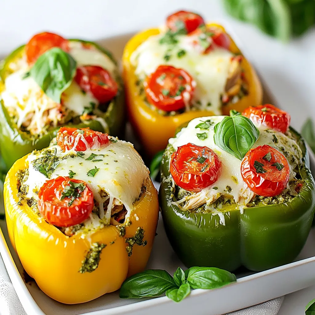 - 4 large bell peppers (any color) - 2 cups cooked shredded chicken - 1 cup basil pesto - 1 cup cooked quinoa or rice - 1 cup cherry tomatoes, halved - 1 cup mozzarella cheese, shredded - 1/2 cup grated Parmesan cheese - 1 tablespoon olive oil - Salt and pepper to taste - Fresh basil leaves for garnish To make this dish, you will need a few key tools: - Baking dish - Mixing bowl - Aluminum foil - Knife - Spoon or spatula You can easily swap out some ingredients to fit your taste: - Use ground turkey instead of chicken for a different protein. - Try spinach or kale in place of basil pesto for a twist. - If you don’t have quinoa, use brown rice or even couscous. - For a dairy-free option, choose vegan cheese or skip cheese entirely. - Any bell pepper color works; each adds its own taste. These substitutions help you customize the dish while keeping it delicious and fun! {{ingredient_image_1}} Begin by preheating your oven to 375°F (190°C). Take four large bell peppers and cut off their tops. Remove the seeds and membranes inside. Place the peppers cut side up in a baking dish. Drizzle olive oil over them. Make sure to season with salt and pepper to taste. In a large mixing bowl, combine two cups of cooked shredded chicken with one cup of basil pesto. Add one cup of cooked quinoa or rice to the bowl. Next, toss in one cup of halved cherry tomatoes, one cup of shredded mozzarella cheese, and half a cup of grated Parmesan cheese. Stir everything together until mixed well. Now, generously stuff each bell pepper with the chicken mixture. Press down lightly to pack the filling in. Once all the peppers are stuffed, sprinkle the remaining Parmesan cheese on top of each pepper. Cover the baking dish with aluminum foil and put it in the preheated oven. Bake for 25 minutes. After this time, remove the foil. Bake for another 10 to 15 minutes. The cheese should be melted and bubbly, and the peppers tender. Carefully take the stuffed peppers out of the oven and let them cool for a few minutes. Finish by garnishing with fresh basil leaves before serving. To make your stuffed peppers great, choose firm, ripe peppers. I like to use red, yellow, or green ones. Cut the tops off and remove seeds. This step helps the peppers cook evenly. Drizzle them with olive oil. Season with salt and pepper for extra flavor. Pack the filling tightly for a hearty meal. Cheese makes everything better! I use mozzarella for its meltiness. You can also try cheddar or gouda for a twist. For a sharp kick, sprinkle some feta cheese on top. Parmesan adds a nice depth too. Mix and match to find your favorite combo. You can prep these stuffed peppers a day before. Just follow the steps until baking. Store the stuffed peppers in the fridge covered with foil. When ready, bake them straight from the fridge. This saves time and makes dinner easy. Enjoy a tasty meal without the rush! Pro Tips Choose Colorful Peppers: Using a mix of bell pepper colors not only makes the dish visually appealing but also adds a variety of flavors. Customize the Filling: Feel free to add other vegetables or proteins to the filling, such as spinach, mushrooms, or even beans for a vegetarian option. Make Ahead: Prepare the stuffed peppers in advance and store them in the fridge. When ready to eat, just bake them straight from the fridge, adding a few extra minutes to the cooking time. Use Fresh Herbs: Enhance the flavor by adding fresh herbs like oregano or thyme to the filling, or sprinkle them on top before serving. {{image_2}} You can make these stuffed peppers vegetarian with ease. Swap out the chicken for a mix of beans, like black beans or chickpeas. These beans add protein and fiber. You can also use lentils for a hearty touch. Replace the pesto with a vegan option to keep it plant-based. Your peppers will still be full of flavor! If you want to change the protein, try using turkey or tofu. Ground turkey works great and keeps the meal light. Tofu offers a nice texture and absorbs the pesto flavor well. You can even use canned tuna for a quick option. Each protein choice brings a new taste to the dish. Feel free to boost the nutrition by adding extra veggies. Chopped spinach or kale mixes well in the stuffing. You can also include diced zucchini or mushrooms. These veggies add color and crunch. They make the dish more filling and fun. Just remember to chop them small so they cook evenly. After you enjoy your pesto chicken stuffed peppers, store the leftovers. Place them in an airtight container. Make sure the peppers cool completely before sealing the container. They will last in the fridge for about three to four days. If you want to keep them longer, freezing is a great option. Freezing stuffed peppers is easy and convenient. First, let them cool down completely. Then, wrap each pepper in plastic wrap. Place the wrapped peppers in a freezer-safe bag or container. This way, you can enjoy your delicious meal later. They can stay in the freezer for up to three months. When you are ready to eat, thaw them overnight in the fridge. To reheat your stuffed peppers, you have a few options. The oven method gives the best results. Preheat your oven to 350°F (175°C). Place the peppers in a baking dish and cover with foil. Bake for about 20 minutes. If you want a quicker method, use the microwave. Heat on high for about 2-3 minutes. Check if they are warm all the way through. If not, heat for another minute. Enjoy your meal! Yes, you can make this dish without chicken. You could use beans, lentils, or tofu. These options give you protein and flavor. Just be sure to mix them well with the pesto and other ingredients. This keeps the taste delicious and satisfying. You will know the peppers are done when they are tender. The cheese should be melted and bubbly. You can poke a fork into the pepper to check its softness. If it goes in easily, they are ready to eat. These stuffed peppers pair well with a simple salad or garlic bread. You can also serve them with a side of roasted vegetables. This adds color and nutrition to your meal. Another great option is a light pasta with olive oil and herbs. You now have a full guide to making delicious stuffed peppers. We covered ingredients and kitchen tools you'll need. We explored easy steps for preparing and baking. Tips were shared for perfecting your dish, including cheese options. Variations can make your peppers unique and fun. Plus, storage tips help you enjoy leftovers. Stuffed peppers are tasty and versatile. You can tweak the recipe to fit your tastes and needs. I hope you feel inspired to make your own delicious meal!