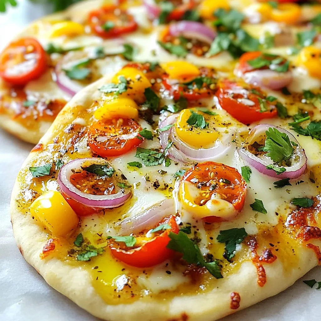 - 2 large naan bread - 1 cup shredded mozzarella cheese - 1/2 cup pizza sauce (store-bought or homemade) - 2 tablespoons olive oil - 3 cloves garlic, minced - 1 teaspoon red chili flakes (adjust to taste) - 1/2 cup bell peppers, sliced (any color) - 1/2 cup cherry tomatoes, halved - 1/4 cup red onion, thinly sliced - Salt and pepper to taste For this chili garlic naan pizza, you need a few key items. First, naan bread is your base. It gives a nice, chewy texture. You can use plain or flavored naan if you like. The cheese is important too. Shredded mozzarella works great. It melts well and tastes good. You can also try a mix of other cheeses for extra flavor. Next, you’ll want some fresh vegetables. Bell peppers add crunch and color. Cherry tomatoes bring sweetness. Red onion gives a bit of bite. You can mix and match any veggies you enjoy. Finally, garlic and chili flakes give this pizza its kick. The garlic adds depth, while the chili flakes bring heat. Adjust the amount to suit your taste. - Fresh cilantro or basil leaves - Additional toppings (like olives, spinach, or jalapeños) Garnishes can really elevate your chili garlic naan pizza. Fresh herbs like cilantro or basil brighten the dish. They add a fresh taste and look lovely. You can also add other toppings if you want. Olives or jalapeños can make it even better. Just remember, keep it simple. The key is to let the main flavors shine. {{ingredient_image_1}} 1. Preheat the oven. Set your oven to 425°F (220°C). This helps the pizza cook evenly. 2. Prepare the chili garlic oil. In a small bowl, mix minced garlic with olive oil and red chili flakes. This will give your pizza a nice kick. Let it sit while you work on the pizza. 1. Layering sauce and cheese. Place the naan bread on a baking sheet lined with parchment paper. Spread an even layer of pizza sauce on each naan. Next, sprinkle the shredded mozzarella cheese over the sauce. 2. Adding toppings. Scatter the sliced bell peppers, halved cherry tomatoes, and thinly sliced red onion on top of the cheese. Drizzle your chili garlic oil over everything. Make sure it covers the pizza well. Season lightly with salt and pepper. 1. Baking time and temperature. Put the baking sheet in the oven. Bake for 10-12 minutes. The cheese should be bubbly and slightly golden. 2. Cooling and slicing the pizza. When the pizza is done, take it out of the oven. Let it cool for a few minutes. Then, slice it up and enjoy! To get the best flavor, adjust the chili flakes. Start with one teaspoon. This will give you a mild kick. If you want it hotter, add more. Always taste as you go. Choosing the right cheese is key, too. I love using mozzarella. It melts well and gives a nice stretch. You can also mix in some sharp cheddar for a rich flavor. Crispy naan is essential for a great pizza base. Preheat your oven to 425°F (220°C) first. This helps the naan crisp up nicely. Bake it directly on a baking sheet for best results. For even better texture, try using a pizza stone. Heat the stone in the oven before placing your naan on it. This will give you a lovely crunch. Pre-preparing ingredients helps a lot. Chop your veggies and garlic ahead of time. This makes assembly quick. You can also store your chili garlic oil in the fridge. It stays fresh for about a week. Using store-bought components saves time, too. A good quality pizza sauce can cut down prep time. This way, you can focus on enjoying your delicious Chili Garlic Naan Pizza. Pro Tips Use Fresh Ingredients: Fresh vegetables will enhance the flavor and texture of your pizza, making it more vibrant and delicious. Adjust Spice Level: Modify the amount of red chili flakes based on your heat preference; you can also add sliced jalapeños for extra spice. Experiment with Toppings: Feel free to get creative and add your favorite toppings like olives, mushrooms, or cooked meats for a personalized touch. Storage Tips: If you have leftovers, store them in an airtight container in the fridge. Reheat in the oven for a crispy crust. {{image_2}} You can mix up the toppings to suit your taste. Here are some fun ideas: - Meat options: Add pepperoni or cooked chicken for a hearty bite. - Vegan cheese suggestions: Try using almond or cashew cheese for a dairy-free twist. Each topping brings its own flavor and texture. You can switch things up based on what you have at home. The pizza will still taste great! The sauce can change the whole pizza experience. Here are some ideas: - Homemade sauce recipe: Combine crushed tomatoes, garlic, and herbs for a fresh flavor. - Unique sauce ideas: Pesto or garlic sauce can add a nice twist to your pizza. Feel free to get creative! The right sauce can make your pizza truly special. You can enjoy this pizza even with dietary needs. Here are some options: - Gluten-free naan options: Look for gluten-free naan at stores. It works just as well. - Low-carb variations: Use cauliflower crust for a healthier choice. These options help everyone enjoy a slice of the fun. Don't hesitate to experiment! To keep your Chili Garlic Naan Pizza fresh, store it in the fridge. Place it in an airtight container. If you do not have one, wrap it in plastic wrap or foil. This helps prevent it from drying out. Your pizza will last in the fridge for up to three days. After that, it may lose flavor and texture. When reheating, the oven works best. Preheat your oven to 350°F (175°C). Place the pizza on a baking sheet. Heat for about 10 minutes. This keeps the naan crispy and the cheese melty. The microwave is quick, but it can make the crust soggy. If you use the microwave, heat in short bursts. Check every 30 seconds until warm. Enjoy your pizza just like new! You can make naan easily at home. You need flour, water, yeast, and yogurt. Mix flour and yeast with warm water to form a dough. Knead the dough until smooth and let it rise. Roll it into flat circles. Cook on a hot skillet or in the oven until puffed and golden. If you want a different cheese, try provolone or gouda. Both melt well and taste great. You can also use vegan cheese if you prefer a dairy-free option. Just ensure it melts nicely for the best taste. Yes, you can prepare the naan and toppings in advance. Store them separately in the fridge. When ready to eat, assemble and bake it fresh. This keeps it tasty and warm. Yes, the recipe can be spicy due to chili flakes. If you want it milder, use less chili. You can also add more cheese or a creamy sauce to balance the heat. Enjoy finding your perfect spice level! This blog covered how to make a delicious Chili Garlic Naan Pizza. We explored the main ingredients like naan, cheese, and fresh veggies. I shared tips for achieving the best flavor and texture. You can also try different toppings and sauces for variety. Store leftovers properly to enjoy later. Remember, this pizza is fun and easy to customize. Enjoy your cooking and make it your own!