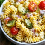 - 8 oz pasta (fusilli or bowtie) - 1 cup dill pickles, diced - 1/2 cup red onion, finely chopped - 1/2 cup celery, finely chopped - 1/2 cup cherry tomatoes, halved - 1 cup mayonnaise - 2 tablespoons dill pickle juice - 1 tablespoon Dijon mustard - 1 teaspoon garlic powder - 1 tablespoon fresh dill (or 1 teaspoon dried dill) - Salt and pepper to taste - Optional: 1/4 cup shredded cheddar cheese This dish starts with pasta. I like using fusilli or bowtie because they hold the dressing well. You need 8 ounces of pasta. Cook it until it's al dente. This means it should be firm but not hard. Next, we add our veggies. Dice 1 cup of dill pickles. I love the crunch they bring. Chop 1/2 cup of red onion and 1/2 cup of celery finely. These add a nice bite and freshness. Halve 1/2 cup of cherry tomatoes for sweet flavor bursts. Now, let's mix the dressing. In a bowl, combine 1 cup of mayonnaise, 2 tablespoons of dill pickle juice, and 1 tablespoon of Dijon mustard. Add 1 teaspoon of garlic powder and 1 tablespoon of fresh dill. If you don't have fresh dill, dried works too. Season this blend with salt and pepper. Want a cheesy twist? Fold in 1/4 cup of shredded cheddar cheese. This adds a rich, creamy flavor. {{ingredient_image_1}} - Step 1: Cook 8 oz of pasta until al dente. Drain and rinse it under cold water. This stops the cooking and cools the pasta quickly. Set it aside to cool completely. - Step 2: In a large bowl, mix 1 cup of diced dill pickles, 1/2 cup of finely chopped red onion, 1/2 cup of finely chopped celery, and 1/2 cup of halved cherry tomatoes. This mix adds crunch and flavor to your salad. - Step 3: In another bowl, whisk together 1 cup of mayonnaise, 2 tablespoons of dill pickle juice, 1 tablespoon of Dijon mustard, 1 teaspoon of garlic powder, and 1 tablespoon of fresh dill. This creamy dressing brings all the flavors together. - Step 4: Gently fold the cooled pasta into the vegetable mix. Then, add the dressing and stir carefully. Make sure everything is well-coated. Season with salt and pepper to taste. If you want an extra twist, fold in 1/4 cup of shredded cheddar cheese. - Step 5: Cover the salad and refrigerate it for at least 30 minutes. This chill time lets the flavors meld together nicely. Before serving, give it a final stir and adjust the seasoning if needed. Serve it chilled in a large bowl. To make the best dill pickle pasta salad, cook the pasta al dente. Al dente means the pasta is firm but not hard. This gives a nice bite to your salad. After cooking, drain the pasta and rinse it with cold water. This stops the cooking process and keeps the pasta from getting mushy. Adjust the seasoning to your taste. Start with salt and pepper, then taste. You can add more if needed. For a fun twist, fold in some shredded cheddar cheese. This adds creaminess and a savory flavor that pairs well with dill pickles. Presentation matters! Serve the pasta salad chilled in a large bowl. To make it pretty, garnish with fresh dill sprigs. You can also add whole dill pickles on the side. This makes the dish look inviting and adds extra pickle flavor. Pro Tips Use Fresh Ingredients: Freshly chopped vegetables enhance the flavor and texture of your pasta salad, making it more vibrant and delicious. Chill Before Serving: Allow the salad to chill for at least 30 minutes before serving. This helps the flavors meld together, resulting in a more cohesive taste. Customize to Your Taste: Feel free to add other ingredients like bell peppers or olives for additional flavor and texture. Personalize it to suit your preferences! Perfect Pasta Cooking: Ensure you cook the pasta al dente to prevent it from becoming mushy after mixing with the dressing and chilling. {{image_2}} You can change the pasta shape for fun. Fusilli and bowtie are great, but feel free to try rotini or penne. Each shape holds the dressing well. If you want to make it lighter, swap mayonnaise with Greek yogurt. This change adds creaminess with less fat. Greek yogurt also brings a tangy flavor that pairs well with dill. Want to mix it up? Add other veggies like bell peppers or sweet corn. They give the salad crunch and color. You can also boost the protein by adding diced chicken or shrimp. This makes it a full meal. Just make sure to cook the protein first, then cool it before mixing. If creamy dressings aren’t your thing, try using vinaigrette. A simple mix of olive oil, vinegar, and herbs will lighten the dish. This option brings a fresh taste while keeping the salad zesty. Just adjust the amount to suit your taste. After you make your dill pickle pasta salad, you should store it in an airtight container. This way, it keeps its flavor and stays fresh. Be sure to seal it tightly. If you leave it open, it can absorb other smells in the fridge. Dill pickle pasta salad stays fresh in the fridge for about 3 to 5 days. The flavors will blend and become even better over time. However, if you notice any change in smell or texture, it’s best to toss it out. I do not recommend freezing this salad. The pasta and vegetables can become mushy when thawed. If you still want to save some, you can freeze the dressing separately. Just thaw it in the fridge before mixing it back in with the pasta and veggies. This will help keep the texture nice. For dill pickle pasta salad, I recommend using fusilli or bowtie pasta. These shapes hold the dressing well. They also add a fun texture to your dish. You can use other pasta types too. Just choose one that cooks well and tastes good with pickles. Yes, you can make this pasta salad ahead of time. It actually tastes better after chilling in the fridge. Prepare it up to a day before your meal. Just cover it well and keep it cold. This allows the flavors to blend nicely. Dill pickle pasta salad stays fresh in the fridge for about 3 to 5 days. Store it in an airtight container. If you notice any change in color or smell, it's best to throw it away. Always check before serving leftovers. Yes, you can easily make a dairy-free version. Simply replace the mayonnaise with a dairy-free alternative. Options like vegan mayonnaise or avocado work well. This keeps the creamy texture without dairy. You can still enjoy the same great flavor! This blog post details a fun and easy dill pickle pasta salad. We covered main ingredients like pasta, pickles, and tomatoes. I shared step-by-step instructions, tips for better flavor, and tasty variations. Remember, you can make this salad your own by swapping ingredients. Try different dressings or add proteins to boost flavor. Enjoy this dish as a fresh side or a standalone meal. With proper storage, it stays fresh and tasty. Get creative and enjoy your pasta salad!