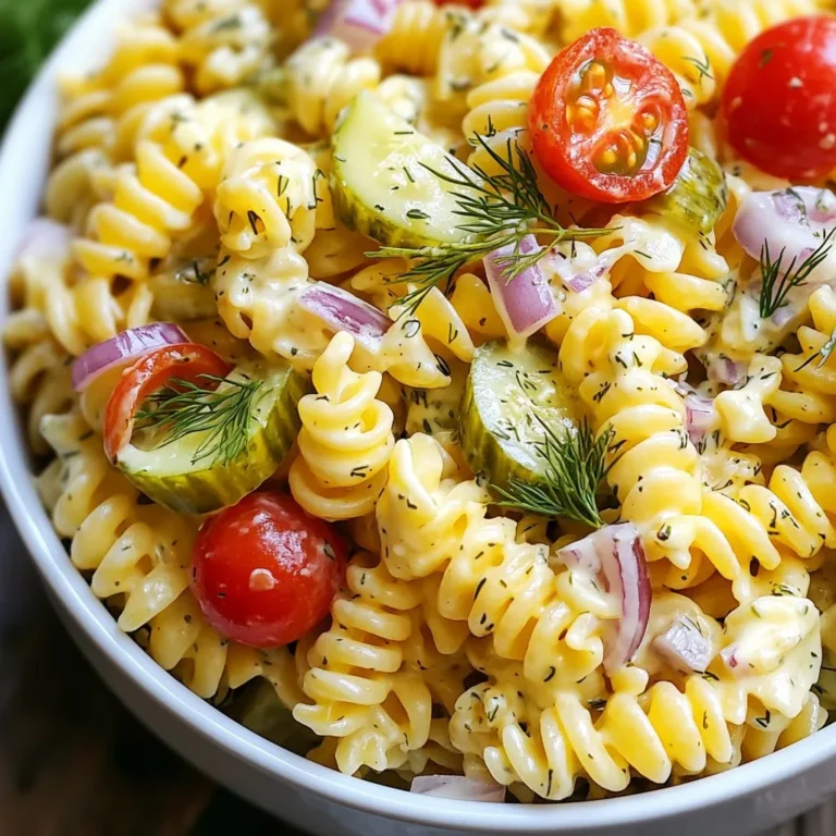 - 8 oz pasta (fusilli or bowtie) - 1 cup dill pickles, diced - 1/2 cup red onion, finely chopped - 1/2 cup celery, finely chopped - 1/2 cup cherry tomatoes, halved - 1 cup mayonnaise - 2 tablespoons dill pickle juice - 1 tablespoon Dijon mustard - 1 teaspoon garlic powder - 1 tablespoon fresh dill (or 1 teaspoon dried dill) - Salt and pepper to taste - Optional: 1/4 cup shredded cheddar cheese This dish starts with pasta. I like using fusilli or bowtie because they hold the dressing well. You need 8 ounces of pasta. Cook it until it's al dente. This means it should be firm but not hard. Next, we add our veggies. Dice 1 cup of dill pickles. I love the crunch they bring. Chop 1/2 cup of red onion and 1/2 cup of celery finely. These add a nice bite and freshness. Halve 1/2 cup of cherry tomatoes for sweet flavor bursts. Now, let's mix the dressing. In a bowl, combine 1 cup of mayonnaise, 2 tablespoons of dill pickle juice, and 1 tablespoon of Dijon mustard. Add 1 teaspoon of garlic powder and 1 tablespoon of fresh dill. If you don't have fresh dill, dried works too. Season this blend with salt and pepper. Want a cheesy twist? Fold in 1/4 cup of shredded cheddar cheese. This adds a rich, creamy flavor. {{ingredient_image_1}} - Step 1: Cook 8 oz of pasta until al dente. Drain and rinse it under cold water. This stops the cooking and cools the pasta quickly. Set it aside to cool completely. - Step 2: In a large bowl, mix 1 cup of diced dill pickles, 1/2 cup of finely chopped red onion, 1/2 cup of finely chopped celery, and 1/2 cup of halved cherry tomatoes. This mix adds crunch and flavor to your salad. - Step 3: In another bowl, whisk together 1 cup of mayonnaise, 2 tablespoons of dill pickle juice, 1 tablespoon of Dijon mustard, 1 teaspoon of garlic powder, and 1 tablespoon of fresh dill. This creamy dressing brings all the flavors together. - Step 4: Gently fold the cooled pasta into the vegetable mix. Then, add the dressing and stir carefully. Make sure everything is well-coated. Season with salt and pepper to taste. If you want an extra twist, fold in 1/4 cup of shredded cheddar cheese. - Step 5: Cover the salad and refrigerate it for at least 30 minutes. This chill time lets the flavors meld together nicely. Before serving, give it a final stir and adjust the seasoning if needed. Serve it chilled in a large bowl. To make the best dill pickle pasta salad, cook the pasta al dente. Al dente means the pasta is firm but not hard. This gives a nice bite to your salad. After cooking, drain the pasta and rinse it with cold water. This stops the cooking process and keeps the pasta from getting mushy. Adjust the seasoning to your taste. Start with salt and pepper, then taste. You can add more if needed. For a fun twist, fold in some shredded cheddar cheese. This adds creaminess and a savory flavor that pairs well with dill pickles. Presentation matters! Serve the pasta salad chilled in a large bowl. To make it pretty, garnish with fresh dill sprigs. You can also add whole dill pickles on the side. This makes the dish look inviting and adds extra pickle flavor. Pro Tips Use Fresh Ingredients: Freshly chopped vegetables enhance the flavor and texture of your pasta salad, making it more vibrant and delicious. Chill Before Serving: Allow the salad to chill for at least 30 minutes before serving. This helps the flavors meld together, resulting in a more cohesive taste. Customize to Your Taste: Feel free to add other ingredients like bell peppers or olives for additional flavor and texture. Personalize it to suit your preferences! Perfect Pasta Cooking: Ensure you cook the pasta al dente to prevent it from becoming mushy after mixing with the dressing and chilling. {{image_2}} You can change the pasta shape for fun. Fusilli and bowtie are great, but feel free to try rotini or penne. Each shape holds the dressing well. If you want to make it lighter, swap mayonnaise with Greek yogurt. This change adds creaminess with less fat. Greek yogurt also brings a tangy flavor that pairs well with dill. Want to mix it up? Add other veggies like bell peppers or sweet corn. They give the salad crunch and color. You can also boost the protein by adding diced chicken or shrimp. This makes it a full meal. Just make sure to cook the protein first, then cool it before mixing. If creamy dressings aren’t your thing, try using vinaigrette. A simple mix of olive oil, vinegar, and herbs will lighten the dish. This option brings a fresh taste while keeping the salad zesty. Just adjust the amount to suit your taste. After you make your dill pickle pasta salad, you should store it in an airtight container. This way, it keeps its flavor and stays fresh. Be sure to seal it tightly. If you leave it open, it can absorb other smells in the fridge. Dill pickle pasta salad stays fresh in the fridge for about 3 to 5 days. The flavors will blend and become even better over time. However, if you notice any change in smell or texture, it’s best to toss it out. I do not recommend freezing this salad. The pasta and vegetables can become mushy when thawed. If you still want to save some, you can freeze the dressing separately. Just thaw it in the fridge before mixing it back in with the pasta and veggies. This will help keep the texture nice. For dill pickle pasta salad, I recommend using fusilli or bowtie pasta. These shapes hold the dressing well. They also add a fun texture to your dish. You can use other pasta types too. Just choose one that cooks well and tastes good with pickles. Yes, you can make this pasta salad ahead of time. It actually tastes better after chilling in the fridge. Prepare it up to a day before your meal. Just cover it well and keep it cold. This allows the flavors to blend nicely. Dill pickle pasta salad stays fresh in the fridge for about 3 to 5 days. Store it in an airtight container. If you notice any change in color or smell, it's best to throw it away. Always check before serving leftovers. Yes, you can easily make a dairy-free version. Simply replace the mayonnaise with a dairy-free alternative. Options like vegan mayonnaise or avocado work well. This keeps the creamy texture without dairy. You can still enjoy the same great flavor! This blog post details a fun and easy dill pickle pasta salad. We covered main ingredients like pasta, pickles, and tomatoes. I shared step-by-step instructions, tips for better flavor, and tasty variations. Remember, you can make this salad your own by swapping ingredients. Try different dressings or add proteins to boost flavor. Enjoy this dish as a fresh side or a standalone meal. With proper storage, it stays fresh and tasty. Get creative and enjoy your pasta salad!