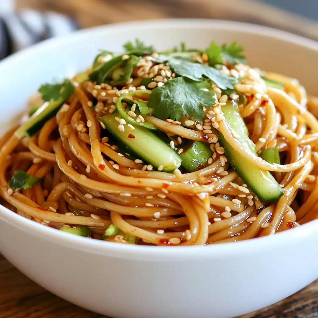 - 8 oz (225g) whole wheat noodles - 3 tablespoons sesame oil - 2 tablespoons soy sauce - 1 tablespoon rice vinegar - 1 tablespoon chili paste - 1 tablespoon honey - 2 cloves garlic, minced - 1 inch ginger, grated - 1 cucumber, julienned - 2 green onions, sliced - 1 tablespoon toasted sesame seeds - Fresh cilantro for garnish These ingredients blend perfectly to create a rich and spicy flavor. Whole wheat noodles add a nutty taste and a nice texture. The sesame oil gives a toasty aroma, while soy sauce adds depth. Rice vinegar brings a tangy note to balance the dish. Chili paste gives the kick. Adjust it based on your heat preference. Honey adds a hint of sweetness to brighten flavors. Fresh garlic and ginger enhance the overall aroma and taste. Cucumber and green onions provide a crisp and fresh crunch. Don't forget toasted sesame seeds for a nutty finish and cilantro for a fresh touch. - Large pot for boiling noodles - Mixing bowls - Whisk or fork for sauce - Serving bowls Using these tools makes cooking easier. A large pot is key for boiling noodles. Mixing bowls help to combine your sauce. A whisk or fork mixes the sauce well, ensuring all flavors blend. Serving bowls will present your dish beautifully. Ready to dive into making this dish? Grab your tools and let’s cook! {{ingredient_image_1}} Start by boiling salted water in a large pot. Use enough water to let the noodles move freely. Add the whole wheat noodles once the water is boiling. Cook them according to package instructions. You want them to be al dente, so check the noodles a minute or two before the time is up. Once they are ready, drain and rinse them under cold water. This stops the cooking and cools them down. Next, grab a medium bowl. In this bowl, combine the sesame oil, soy sauce, rice vinegar, chili paste, honey, minced garlic, and grated ginger. Whisk these ingredients together until they blend well. This step is key for a smooth sauce. A good whisk makes sure every bite has the same great flavor. Now, take a large mixing bowl. Add the cooled noodles you just rinsed. Pour the sesame sauce over the top. Toss the noodles gently to coat them evenly. Then, add in the julienned cucumber and sliced green onions. Stir everything until it’s well mixed. This gives you a colorful and tasty dish. Divide the spicy noodles into serving bowls. For a nice touch, sprinkle toasted sesame seeds on top. You can also garnish with fresh cilantro. This not only adds flavor but also makes the dish look beautiful. Serve it chilled for a refreshing meal. Enjoy your tasty creation! To get the right kick in your spicy sesame cold noodles, adjust the chili paste. Start with one tablespoon. Taste it, then add more if you like it hotter. You can also enhance the flavor with a splash of lime juice or a pinch of sugar. These little tweaks can make a big difference. Cooking the noodles perfectly is key. Boil them just until they are al dente, which means firm to the bite. This helps them hold their shape when mixed with the sauce. After draining, always rinse the noodles under cold water. This stops the cooking and cools them down. It also helps the sauce cling better. Serve these noodles cold for a refreshing meal. For the best experience, chill them in the fridge for a bit before serving. When plating, use shallow bowls. Arrange the cucumber on top and sprinkle with extra sesame seeds and cilantro for a pop of color. This makes the dish look appealing and tasty. Pro Tips Customize the Heat: Adjust the amount of chili paste based on your spice preference. Start with less and add more to taste. Chill for Flavor: Allow the noodles to chill in the refrigerator for at least 30 minutes after mixing with the sauce for enhanced flavor. Fresh Herbs: Add fresh mint or Thai basil along with cilantro for an extra layer of flavor and aroma. Protein Addition: Consider adding grilled chicken, shrimp, or tofu to make this dish a complete meal. {{image_2}} You can add grilled chicken or tofu for extra protein. They both work well with the noodles. If you love seafood, try shrimp. Simply sauté them before adding to the dish. Each protein choice gives the cold noodles a new taste. Feel free to use other crunchy veggies like bell peppers or carrots. These add color and texture. You can swap out the cucumber if you prefer other options. Choose what you like best to make the dish your own. You can switch up the oils and vinegars for different flavors. Try using olive oil or apple cider vinegar. For an extra kick, add spices like red pepper flakes or sesame seeds. These changes can take the sauce to a new level. I love saving leftovers for a quick meal later. To keep your spicy sesame cold noodles fresh, store them in an airtight container. Make sure the container is clean to avoid any bad smells. Place the noodles in the fridge. They will stay good for about three days. After that, the texture may change and the flavor might fade. Reheating these noodles can be tricky. I prefer to serve them cold, as the flavors blend well after chilling. If you want to warm them up, do so gently. Place the noodles in a pot over low heat. Stir often to avoid sticking. You may also add a splash of water to help. Warm them just until heated through. Enjoying them cold or warm is a matter of personal taste, so feel free to choose what you like best! I recommend using whole wheat noodles. They add a nutty flavor and a nice texture. Traditional noodles work too, but whole wheat is healthier. You can choose any noodle that you like, but make sure it's good for cold dishes. Yes! You can add more chili paste to the sauce. You could also use fresh chili peppers for more heat. Try adding sriracha or red pepper flakes. Taste as you go to find your perfect spice level. Yes, this dish can be vegan. Just use maple syrup instead of honey. All other ingredients are plant-based. If you love a creamy sauce, add tahini for extra flavor while keeping it vegan. It takes about 15 minutes to prep and 15 minutes to cook, so 30 minutes total. You can make this dish quickly for a tasty meal. It's perfect for busy days or a quick lunch. This blog post covered a tasty recipe for spicy sesame cold noodles. We discussed each step, from cooking the noodles to making the flavorful sesame sauce. You learned how to mix in fresh veggies, add proteins, and serve it all beautifully. Remember, you can adjust flavors and textures to fit your liking. Don’t forget to store any leftovers properly. Enjoy this simple dish that is perfect for any meal! Your kitchen creativity will shine with this recipe.