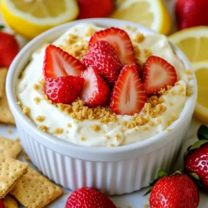 - 8 oz cream cheese, softened - 1/2 cup powdered sugar - 1/4 cup sour cream - 1 teaspoon vanilla extract - Zest of 1 lemon - 2 tablespoons fresh lemon juice - 1 cup fresh strawberries, chopped - Graham cracker crumbs for serving - Additional toppings (e.g., sliced strawberries, lemon wedges) To make Strawberry Lemon Cheesecake Dip, start with the main ingredients. Use 8 oz of softened cream cheese. This gives the dip a rich and creamy base. You need 1/2 cup of powdered sugar for sweetness. It balances the tangy flavors of the lemon and strawberries. Next, add 1/4 cup of sour cream. This adds a nice tartness and creaminess. Don’t forget 1 teaspoon of vanilla extract. It brings warmth and depth to the dip. For flavor enhancers, zest one lemon. This brightens up the dip with fresh lemon notes. Then squeeze in 2 tablespoons of fresh lemon juice. It makes the dip lively and zesty. Lastly, chop 1 cup of fresh strawberries. These juicy pieces add color and sweetness. For serving, sprinkle graham cracker crumbs on top. They add a nice crunch and look pretty. You can also add sliced strawberries and lemon wedges for a beautiful display. {{ingredient_image_1}} - First, combine 8 oz of softened cream cheese and 1/2 cup of powdered sugar in a bowl. - Use an electric mixer on medium speed. Beat the mixture until smooth and creamy. - Next, add 1/4 cup of sour cream, 1 teaspoon of vanilla extract, the zest of 1 lemon, and 2 tablespoons of fresh lemon juice. - Blend the mixture until it is fully combined and creamy. - After mixing, gently fold in 1 cup of chopped fresh strawberries. Be careful not to mush them. This keeps them intact and fresh. - Now, transfer the dip to a serving bowl. Smooth the top with a spatula for a nice look. - Chill the dip in the refrigerator for at least 30 minutes. This helps the flavors blend well. - For a finishing touch, sprinkle a light layer of graham cracker crumbs over the dip. To get the best texture, use softened cream cheese. This makes mixing easy and smooth. Cold cream cheese can lead to lumps. To avoid lumps, mix at medium speed. Start slow, then increase speed. This helps blend all the ingredients well. Adjust the sweetness to your taste. If you like it sweeter, add more powdered sugar. For a stronger lemon flavor, add extra lemon zest or juice. This brightens the dip and enhances its taste. Serve the dip with fresh fruits like strawberries and lemon wedges. This adds color and freshness. Layer graham cracker crumbs on top. It creates a nice crunch and looks pretty. You can also put extra graham crackers on the side for dipping. This makes it fun and tasty! Pro Tips Chill for Best Flavor: Allow the dip to chill for at least 30 minutes before serving. This helps the flavors meld together for a more delicious taste. Fresh Strawberries Only: Use fresh strawberries for the best flavor and texture. Frozen strawberries can make the dip watery and affect consistency. Customize the Sweetness: Adjust the powdered sugar according to your taste preference. Start with less and add more if you prefer a sweeter dip. Add a Twist: Experiment by adding other fruits or flavorings like blueberries or a splash of almond extract for a unique spin on the dip. {{image_2}} You can easily change the taste of your dip. Try adding other fruits, like blueberries or raspberries. These fruits add a new twist and vibrant color. You can also infuse the dip with almond extract. Just use a small amount to keep the flavor balanced. If you want a lighter dip, mix in some whipped cream. This adds air and makes it fluffy. Another option is to use Greek yogurt instead of sour cream. Greek yogurt gives a nice creaminess while adding protein. For gluten-free options, look for gluten-free graham crackers. They work great for dipping. If you're vegan, try using vegan cream cheese. This keeps the dip creamy and delicious without using dairy. This dip lasts about 3 to 5 days in the fridge. To keep it fresh, store it in an airtight container. A glass container works best. It keeps flavors locked in and helps avoid spills. Yes, you can freeze the dip! It stays good for up to 2 months in the freezer. To thaw, place it in the fridge overnight. This keeps the dip smooth and tasty. When serving chilled dip, take it out of the fridge about 10 minutes before. This helps soften it a bit. To refresh the dip, stir it gently. You can even add more chopped strawberries for a fresh touch. To make this dip, follow these steps: 1. In a bowl, mix 8 oz of softened cream cheese with 1/2 cup powdered sugar. Beat until smooth. 2. Add 1/4 cup sour cream, 1 teaspoon vanilla extract, the zest of 1 lemon, and 2 tablespoons of fresh lemon juice. Mix until creamy. 3. Gently fold in 1 cup of chopped strawberries. Be careful not to mash them. 4. Spoon the dip into a serving bowl. Smooth the top with a spatula. 5. Sprinkle graham cracker crumbs on top for decoration. 6. Chill the dip for at least 30 minutes. This helps the flavors blend. Yes, you can use frozen strawberries. Make sure to thaw them first. Pat them dry with a paper towel. This helps avoid extra moisture in your dip. Frozen strawberries work well, but fresh ones give a better texture and flavor. This dip pairs nicely with many dippers. Try these options: - Graham crackers - Sliced strawberries - Lemon wedges - Vanilla wafers - Pretzel sticks These crunchy and sweet dippers make the dip even more enjoyable. Yes, this dip is great for parties! It is easy to make and looks pretty. Here are some tips for serving: - Use a big bowl for the dip to serve many people. - Arrange dippers around the bowl for a nice display. - Consider adding a garnish of lemon slices or more strawberries on top. - Make it ahead of time. Chill it for the best taste. In this blog post, we covered how to make a tasty Strawberry Lemon Cheesecake Dip. We shared the main ingredients like cream cheese and strawberries, followed by easy steps to prepare it. You learned tips for getting the right texture and flavor. We also explored fun variations and how to store your dip. This dip is great for parties or just a sweet treat. With these tips, you can enjoy a simple and delicious dessert any time. Get ready to impress your friends and family!