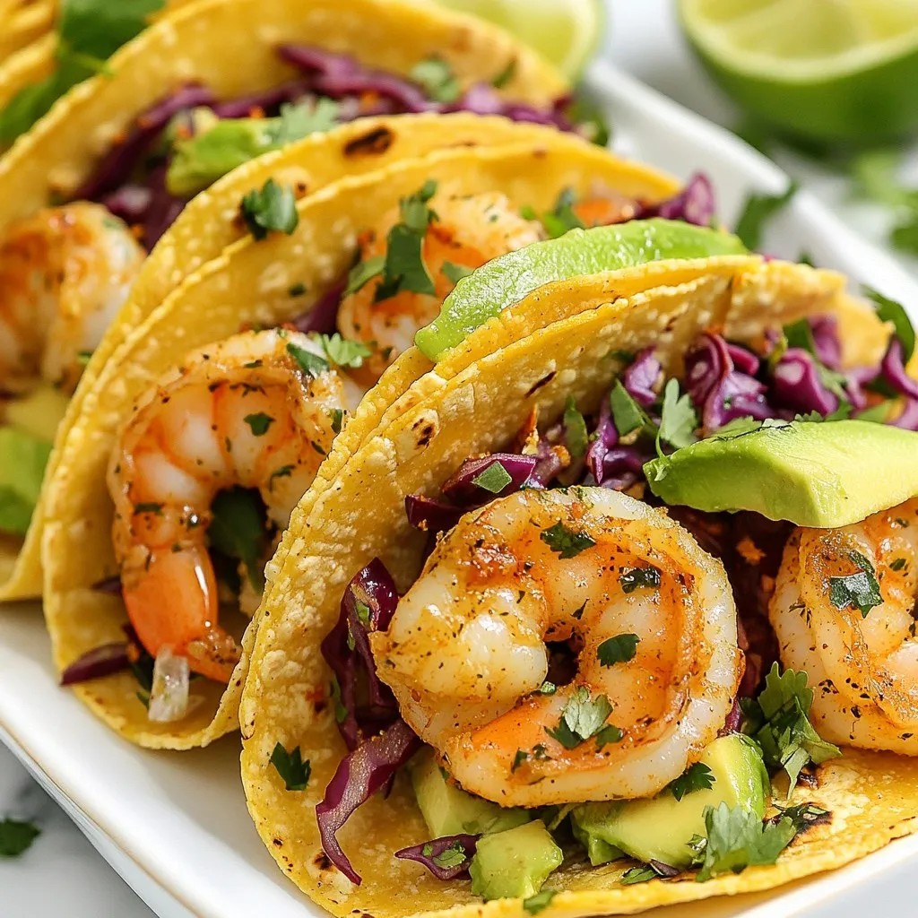 To make Spicy Garlic Shrimp Tacos, you need fresh and flavorful ingredients. Here’s what you will need: - 1 lb large shrimp, peeled and deveined - 4 cloves garlic, minced - 2 tablespoons olive oil - 1 teaspoon smoked paprika - 1 teaspoon cayenne pepper (adjust for spice level) - 1 teaspoon cumin - 1 tablespoon lime juice - Salt and pepper to taste - 8 small corn tortillas - 1 avocado, sliced - 1 cup red cabbage, shredded - 1/4 cup fresh cilantro, chopped - Lime wedges for serving These ingredients create a balanced mix of taste and texture. The shrimp bring protein, while garlic adds depth. Olive oil helps with cooking and flavor. Spices like paprika and cayenne give the dish its signature kick. Lime juice brightens up the whole meal. You can enhance the tacos with some extra ingredients. Here are a few to consider: - Sliced jalapeños for added heat - A dollop of sour cream for creaminess - Crumbled feta cheese for a tangy touch - Diced tomatoes for freshness These options allow you to customize the dish. Feel free to mix and match based on what you like! If you don’t have a certain ingredient, don’t worry! Here are some easy swaps: - Use shrimp alternatives like chicken or tofu. - Swap olive oil for avocado oil or melted butter. - Instead of corn tortillas, try flour tortillas or lettuce wraps. These substitutions keep the spirit of the dish while catering to your pantry. Get creative and make it your own! {{ingredient_image_1}} First, grab a large bowl. You will mix the shrimp with flavor. Add 1 pound of peeled and deveined shrimp. Then, toss in 4 minced garlic cloves. Next, drizzle in 2 tablespoons of olive oil. Sprinkle 1 teaspoon of smoked paprika for a deep flavor. If you want more heat, add 1 teaspoon of cayenne pepper. For earthiness, include 1 teaspoon of cumin. Squeeze in 1 tablespoon of lime juice. Finally, add salt and pepper to taste. Mix it well. Let the shrimp marinate for 15 minutes. This step helps the shrimp soak up all the flavors. Now, heat a large skillet over medium-high heat. Once it's hot, add the marinated shrimp. Make sure they lay flat in a single layer. Cook them for 2 to 3 minutes on each side. You want them to turn pink and opaque. This shows they are done. Remove the skillet from heat. The shrimp should look juicy and full of flavor. While the shrimp cook, warm up your corn tortillas. You can do this in a dry skillet or microwave them for a few seconds. Once warm, grab a tortilla. Place a few shrimp in the center. Top it with sliced avocado, shredded red cabbage, and fresh cilantro. The colors will pop! Serve with lime wedges on the side. Squeeze lime over the tacos for extra zest. Enjoy your delicious Spicy Garlic Shrimp Tacos! To get the right spice in your tacos, start with cayenne pepper. This spice packs a punch. Use one teaspoon for a good kick. If you want it milder, use half a teaspoon. You can always add more later if you like it hot. The smoked paprika adds flavor without heat. It gives a nice depth to the shrimp. Cooking shrimp is easy if you stick to a few tips. First, make sure your skillet is hot. A hot skillet sears the shrimp well. Cook them for just 2-3 minutes on each side. They’ll turn pink and opaque when done. Do not overcook them. Overcooked shrimp become rubbery. Remove them from heat as soon as they look perfect. Presentation makes your tacos look appetizing. Arrange them on a large platter for a feast. Add lime wedges for extra zest. A sprinkle of fresh cilantro on top adds color. I also like to serve a bowl of salsa on the side. This gives your guests a chance to add more flavor. It’s all about making the dish look and taste great! Pro Tips Marination Time: Allow the shrimp to marinate for at least 15 minutes to enhance the flavors. If time permits, marinating for up to an hour will infuse even more taste. Adjusting Spice Level: Feel free to adjust the cayenne pepper according to your spice preference. For a milder flavor, reduce the amount, or for extra heat, add more! Warm Tortillas: Warming the tortillas before assembling the tacos makes them more pliable and prevents tearing. Use a dry skillet or wrap them in a damp paper towel and microwave briefly. Presentation Tips: For a vibrant presentation, serve the tacos on a large platter, garnished with lime wedges and additional cilantro. A side of salsa adds a pop of color and flavor! {{image_2}} You can change the shrimp to fit your taste. Try chicken for a milder flavor. Fish works well too, especially white fish like tilapia or cod. For a smoky twist, use grilled steak. Switch up the spices for a new taste. Add chili powder for more heat. Try adding oregano for a fresh twist. For a sweet touch, mix in a dash of brown sugar. You can make these tacos plant-based. Replace shrimp with sautéed mushrooms or jackfruit. Both options soak up the flavors well. Use black beans or lentils for protein. Top with avocado and crunchy cabbage for a delicious meal. To store leftover shrimp tacos, keep them in an airtight container. Place the shrimp and toppings in separate containers to maintain freshness. The shrimp can last for up to two days in the fridge. If you mix everything together, the tortillas may get soggy. When you reheat the shrimp, do it gently. Use a skillet over low heat for the best results. This keeps the shrimp juicy and prevents them from drying out. Warm the tortillas in a dry pan or microwave just until soft. Avoid overheating them to keep them pliable. You can freeze the shrimp, but it's best to do this before cooking. Place the marinated shrimp in a freezer bag. Remove as much air as possible before sealing. They can last for up to three months in the freezer. When ready to eat, thaw them in the fridge overnight before cooking. Yes, you can use frozen shrimp. Just thaw them first. Place them in cold water for about 10-15 minutes. Once thawed, peel and devein if needed. Using frozen shrimp is a great time-saver. They work well in this recipe. The spice level depends on the cayenne pepper you use. The recipe calls for one teaspoon. If you like it milder, reduce the amount. You can also skip it entirely. The garlic and smoked paprika add great flavor without too much heat. These tacos pair well with lime wedges, salsa, and a fresh salad. You can also serve them with rice or beans for a complete meal. Avocado adds creaminess, while red cabbage gives a nice crunch. Enjoy your meal with a refreshing drink like iced tea or a fruity soda! This blog post covered the key ingredients, step-by-step cooking guide, tips, variations, and storage info for spicy garlic shrimp tacos. You can make these tacos with fresh shrimp or use alternatives for fun twists. Remember to control the spice level to match your taste. With the right cooking methods and presentation, these tacos can impress anyone. Enjoy making them and don't hesitate to experiment with flavors! Now, grab your ingredients and get cooking!