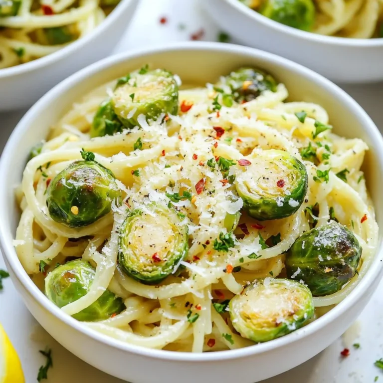 To make your Lemon Parmesan Brussels Sprout Pasta, gather these simple items: - 8 oz whole wheat pasta (spaghetti or linguine) - 1 lb Brussels sprouts, trimmed and halved - 3 tablespoons olive oil - 3 cloves garlic, minced - 1 lemon (juice and zest) - ½ cup grated Parmesan cheese (plus extra for serving) - 1 teaspoon red pepper flakes (adjust for spice level) - Salt and black pepper to taste - Fresh parsley, chopped (for garnish) You can swap some ingredients if needed: - Use regular pasta instead of whole wheat for a different texture. - Try kale or green beans instead of Brussels sprouts for variety. - Substitute lemon juice with lime juice for a different citrus flavor. - Use nutritional yeast in place of Parmesan for a vegan option. - Swap olive oil with avocado oil for a mild taste. Choosing the right Brussels sprouts is key for great flavor: - Look for firm, bright green sprouts that feel heavy for their size. - Avoid any that are yellow, wilted, or have dark spots. - Small sprouts are often sweeter and more tender than larger ones. - Store fresh Brussels sprouts in the fridge in a plastic bag to keep them crisp. - Use them within a few days for the best taste and texture. {{ingredient_image_1}} To start, fill a large pot with water. Add a good amount of salt. Bring the water to a boil. Once boiling, add 8 oz of whole wheat pasta. Stir it right away so it does not stick. Cook the pasta until it is al dente, which takes about 8-10 minutes. When done, reserve 1 cup of the pasta water. Drain the pasta in a colander and set it aside. Next, grab a large skillet and heat 3 tablespoons of olive oil over medium heat. While the oil heats, trim and halve 1 lb of Brussels sprouts. Once the oil is hot, add the sprouts cut-side down. Cook them for about 5-7 minutes. You want them to turn golden brown and get a bit crispy. After the sprouts brown, add 3 cloves of minced garlic to the skillet. Stir well and cook for another 1-2 minutes. The garlic should smell good but not burn. Now, it’s time to bring it all together. Add the drained pasta to the skillet with the Brussels sprouts. Squeeze in the juice from 1 lemon and add the zest. Sprinkle in ½ cup of grated Parmesan cheese. Toss everything together. If it looks dry, add a bit of the reserved pasta water. This will make the dish creamy. Finally, season with 1 teaspoon of red pepper flakes, salt, and black pepper to taste. Toss again to mix well. Serve the pasta hot, topped with extra Parmesan cheese and chopped parsley. Enjoy your meal! To cook pasta just right, start with a big pot of salted water. The water should taste like the sea. Bring it to a boil before adding the pasta. Stir it well to prevent sticking. Follow the package time but check it a minute early. Pasta should feel firm but tender. Drain, but save a cup of that starchy water. It helps later. You can boost flavor by adding a few simple things. Try some lemon zest for more zing. Extra garlic gives a nice kick too. If you like heat, toss in more red pepper flakes. You can also add fresh herbs like basil or thyme. They brighten up the dish. For creaminess, a touch of cream or more cheese works wonders. When serving, use shallow bowls for a lovely look. A drizzle of olive oil adds shine. Top with extra Parmesan cheese for richness. Chopped parsley gives a fresh pop of color. You can add lemon wedges on the side. They let guests add more zest if they want. This makes each bite bright and tasty. Pro Tips Use Fresh Brussels Sprouts: Fresh Brussels sprouts will have a better texture and flavor compared to frozen ones. Look for firm, compact sprouts with bright green leaves. Adjust the Spice Level: If you prefer a milder dish, reduce the amount of red pepper flakes or omit them entirely. For extra heat, consider adding a pinch of cayenne pepper. Reserve Pasta Water: Always reserve some pasta water before draining. This starchy water can help to create a creamy sauce and improve the pasta's consistency. Garnish for Flavor: Enhance the dish's flavor and presentation by garnishing with additional Parmesan cheese and fresh parsley just before serving. {{image_2}} You can boost your Lemon Parmesan Brussels Sprout Pasta with protein. Adding chicken, shrimp, or tofu makes it heartier. For chicken, grill or sauté it first. Cut it into bite-sized pieces. Stir it in with the pasta for a tasty mix. If you prefer shrimp, cook it until pink and tender. Toss it in at the end for a quick and easy protein. For a vegan option, use tofu. Press it to remove water, then cube and sauté until golden. Each protein choice adds flavor and texture. You can easily adapt this dish for different diets. To keep it vegetarian, simply skip the meat and stick to the main recipe. For vegans, swap the Parmesan cheese with nutritional yeast. It gives a cheesy flavor without dairy. You can also use a vegan cheese that melts well. This keeps the dish rich and satisfying. Always check the labels to ensure the alternatives fit your diet. Cheese can change the whole taste of your dish. While Parmesan is classic, try other options for fun twists. Pecorino Romano adds a sharper taste. If you like a creamy texture, go for goat cheese. It melts beautifully and adds tang. For a nutty flavor, consider Grana Padano. Each cheese brings a unique taste, making every meal special. Experiment to find your favorite combination! To keep your Lemon Parmesan Brussels Sprout Pasta fresh, place it in an airtight container. Make sure it cools down first. Store it in the fridge for up to three days. If you want to keep it longer, freezing is a good option. To reheat, you have a few options. You can use the microwave for quick heat. Just cover it to keep moisture in. Stir halfway through to heat evenly. For the stovetop, add a splash of water in a pan. Heat over low heat until warm. This keeps the pasta from drying out. If you want to freeze your pasta, do this before adding cheese. Place the cooled pasta in a freezer bag. Remove as much air as possible before sealing. You can freeze it for up to two months. To enjoy, thaw overnight in the fridge and reheat as mentioned above. Yes, you can use regular pasta. Spaghetti or linguine works well. Whole wheat adds fiber and a nutty taste. Regular pasta is softer and lighter. If you prefer that, go for it. Just cook it the same way as directed. To add spice, increase the red pepper flakes. Start with 1 teaspoon and taste. If you want more heat, add more. You can also use fresh chopped chili peppers. They add flavor and heat. Try different kinds to find what you like best. This pasta pairs well with a simple salad. A green salad with mixed greens is great. You can also serve it with grilled chicken or fish. Garlic bread is another tasty side option. It adds crunch and goes well with the pasta. This blog post covered how to make Lemon Parmesan Brussels Sprout Pasta. We discussed the ingredients needed, and you learned how to choose fresh sprouts. I shared step-by-step instructions, plus tips for cooking perfect pasta. You also found ways to customize the recipe with proteins and vegan options. We touched on storing leftovers and answered common questions. Cooking can be fun and easy! With these tips, you can enjoy a tasty meal anytime.