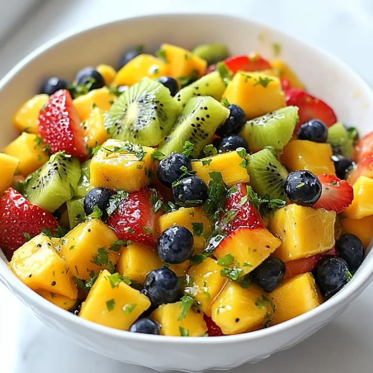 - 1 cup pineapple, diced - 1 cup mango, diced - 1 cup strawberries, sliced - 1 cup kiwi, peeled and diced - 1 cup blueberries - 1/4 cup fresh mint leaves, finely chopped - 2 tablespoons honey - 2 tablespoons fresh lime juice - Zest of 1 lime - Pinch of salt - Alternative sweeteners - Additional fruits Gathering the right ingredients makes all the difference. I use a mix of fresh fruits for a tasty treat. Pineapple brings sweetness, while mango adds a tropical twist. Strawberries and kiwi add color and flavor. Blueberries give a pop of freshness to the mix. For the dressing, I combine honey, fresh lime juice, and lime zest. The honey brings natural sweetness. The lime juice adds brightness, and the zest gives a burst of flavor. A pinch of salt balances the sweetness perfectly. You can customize the recipe too! If you want it sweeter, try different sweeteners. You can also add other fruits like bananas or raspberries to suit your taste. This salad is all about fresh flavors and fun! {{ingredient_image_1}} How to dice pineapple and mango Start by cutting off the top and bottom of the pineapple. Stand it up and slice off the skin. Cut the flesh into long strips, then dice it into small cubes. For mango, cut off the sides around the pit. Make vertical and horizontal cuts in the flesh, then scoop it out with a spoon. Slicing strawberries and kiwi For strawberries, remove the green tops with a knife. Slice the strawberries into thin rounds. For kiwi, peel the skin off with a knife, then cut it into small pieces. Aim for bite-sized chunks to make the salad easy to eat. Whisking together honey, lime juice, and zest In a small bowl, add two tablespoons of honey. Squeeze the juice from a fresh lime and add it to the honey. Grate the lime peel to get the zest and mix it in. Use a whisk to blend everything until it is smooth. Importance of a pinch of salt Adding a pinch of salt enhances the flavors. It balances the sweetness of the honey and the tang of the lime. Just a small amount helps to brighten the salad. Combining fruits with dressing In a large mixing bowl, add all your diced fruits. Pour the honey-lime dressing over the fruits. This dressing will bring all the flavors together. Tossing techniques to avoid mashing To mix the salad, use a spatula. Gently fold the fruits with the dressing. Avoid stirring too hard, as this can mash the fruits. You want to keep everything intact for a nice look. To make your salad taste great, adjust the sweetness with honey. Start with two tablespoons, then taste. If you want it sweeter, add more honey. Honey adds a nice touch, but don't overdo it. You want to keep the fresh fruit flavor. Next, enhance the freshness with mint. Fresh mint leaves brighten the salad. Chop them finely and sprinkle them on top. Toss gently to mix. The mint adds a cool burst of flavor. For a beautiful presentation, serve the salad in a clear bowl. This way, everyone can see the colorful fruits. You can also layer it in glasses for a fun look. Use a small mint sprig on top for garnish. Pair this fruit salad with grilled chicken or fish. It balances savory dishes well. You could also serve it as a light dessert after a heavy meal. The bright flavors make it a refreshing choice. You can prepare the fruits in advance. Chop the pineapple, mango, strawberries, and kiwi ahead of time. Store them in the fridge until you're ready to mix. This way, the salad comes together quickly. Choose seasonal fruits for the best taste. Fruits in season are usually sweeter and more flavorful. Check local markets for fresh options. You can mix and match based on what's available. Pro Tips Use ripe fruits: Ensure all fruits are ripe for the best flavor and texture. Look for vibrant colors and a slight give when gently squeezed. Chill before serving: Refrigerate the salad for at least 30 minutes to enhance the flavors and provide a refreshing cold treat. Mint freshness: Add mint leaves just before serving to maintain their bright color and fresh taste. Adjust sweetness: Taste the salad after mixing and adjust the sweetness with more honey if necessary to suit your preference. {{image_2}} You can change up the fruits in your salad. Try using different berries like raspberries or blackberries. They add a nice twist and flavor. You can also add tropical fruits like papaya or banana. These will give your salad a unique taste and texture. Want to mix things up? Use a citrus dressing with orange or lemon juice. This adds a bright, zesty note. You can also try yogurt dressings for a creamier option. Feeling adventurous? Add flavored syrups like coconut or passion fruit to spice it up. These can enhance the sweetness and make it even more delicious. If you need vegan options, just skip the honey. Use maple syrup or agave nectar instead. Both work well and keep it sweet. For gluten-free checks, this salad is already safe! All the fruits and dressings are gluten-free. Enjoy this fresh treat without worry! To keep your honey lime fruit salad fresh, store it in an airtight container. This helps prevent air from getting in. It is best to eat the salad within 2-3 days. The fruits will stay tasty but may lose some crunch. If you see browning fruits, it’s time to toss them out. You can freeze honey lime fruit salad, but it’s not the best choice. Freezing changes the texture of the fruits. If you still want to freeze it, pack it tightly in a container. It can last for up to a month in the freezer. To thaw, move it to the fridge overnight. Serve it cold, but expect some fruits to be mushy. For a tasty honey lime fruit salad, use fruits that are in season. Seasonal fruits add flavor and freshness. Here are some top picks: - Pineapple - Mango - Strawberries - Kiwi - Blueberries You can also try peaches or watermelon in summer. In fall, apples and pears work great. Mixing colors makes the salad look bright and fun! You can prep the salad a day ahead, but keep it fresh with a few tips. Store the salad in an airtight container. This keeps moisture out and helps flavors blend. Add the mint leaves just before serving. This way, they stay green and bright. If the fruits start to brown, squeeze a little extra lime juice on them. Adjusting the sweetness is easy. Start with the honey in the dressing. If you want it sweeter, just add more honey. Mix well and taste it. If it’s too sweet, add a bit more lime juice. The lime balances the flavors, making the salad bright and zesty. This article has shown you how to make a delicious honey lime fruit salad. You learned what fruits work best and the importance of a good dressing. You also got tips to enhance flavor and save time in the kitchen. Now you can create a fresh, tasty salad with ease. Enjoy experimenting with different fruits and dressings. Share your salad with friends or family for a refreshing treat. It's a simple dish that brings joy and flavor to any meal.