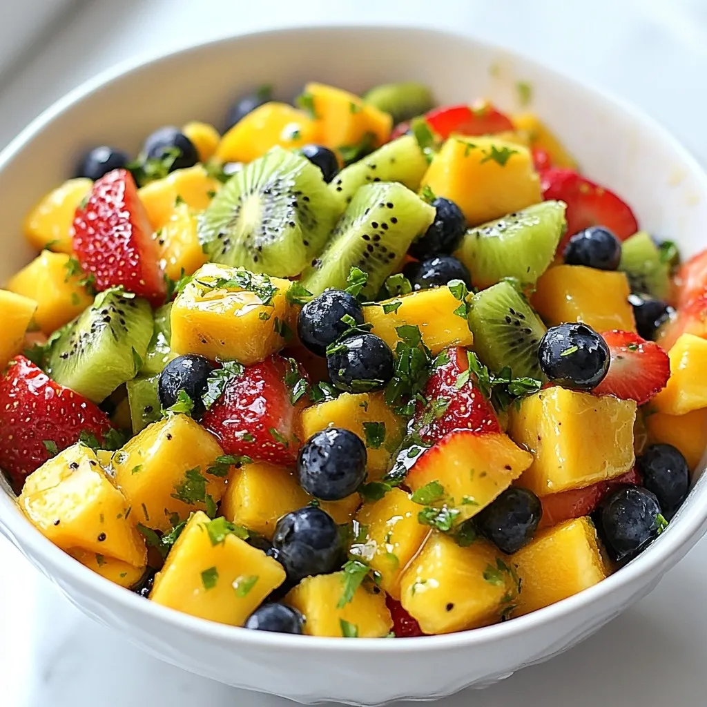 - 1 cup pineapple, diced - 1 cup mango, diced - 1 cup strawberries, sliced - 1 cup kiwi, peeled and diced - 1 cup blueberries - 1/4 cup fresh mint leaves, finely chopped - 2 tablespoons honey - 2 tablespoons fresh lime juice - Zest of 1 lime - Pinch of salt - Alternative sweeteners - Additional fruits Gathering the right ingredients makes all the difference. I use a mix of fresh fruits for a tasty treat. Pineapple brings sweetness, while mango adds a tropical twist. Strawberries and kiwi add color and flavor. Blueberries give a pop of freshness to the mix. For the dressing, I combine honey, fresh lime juice, and lime zest. The honey brings natural sweetness. The lime juice adds brightness, and the zest gives a burst of flavor. A pinch of salt balances the sweetness perfectly. You can customize the recipe too! If you want it sweeter, try different sweeteners. You can also add other fruits like bananas or raspberries to suit your taste. This salad is all about fresh flavors and fun! {{ingredient_image_1}} How to dice pineapple and mango Start by cutting off the top and bottom of the pineapple. Stand it up and slice off the skin. Cut the flesh into long strips, then dice it into small cubes. For mango, cut off the sides around the pit. Make vertical and horizontal cuts in the flesh, then scoop it out with a spoon. Slicing strawberries and kiwi For strawberries, remove the green tops with a knife. Slice the strawberries into thin rounds. For kiwi, peel the skin off with a knife, then cut it into small pieces. Aim for bite-sized chunks to make the salad easy to eat. Whisking together honey, lime juice, and zest In a small bowl, add two tablespoons of honey. Squeeze the juice from a fresh lime and add it to the honey. Grate the lime peel to get the zest and mix it in. Use a whisk to blend everything until it is smooth. Importance of a pinch of salt Adding a pinch of salt enhances the flavors. It balances the sweetness of the honey and the tang of the lime. Just a small amount helps to brighten the salad. Combining fruits with dressing In a large mixing bowl, add all your diced fruits. Pour the honey-lime dressing over the fruits. This dressing will bring all the flavors together. Tossing techniques to avoid mashing To mix the salad, use a spatula. Gently fold the fruits with the dressing. Avoid stirring too hard, as this can mash the fruits. You want to keep everything intact for a nice look. To make your salad taste great, adjust the sweetness with honey. Start with two tablespoons, then taste. If you want it sweeter, add more honey. Honey adds a nice touch, but don't overdo it. You want to keep the fresh fruit flavor. Next, enhance the freshness with mint. Fresh mint leaves brighten the salad. Chop them finely and sprinkle them on top. Toss gently to mix. The mint adds a cool burst of flavor. For a beautiful presentation, serve the salad in a clear bowl. This way, everyone can see the colorful fruits. You can also layer it in glasses for a fun look. Use a small mint sprig on top for garnish. Pair this fruit salad with grilled chicken or fish. It balances savory dishes well. You could also serve it as a light dessert after a heavy meal. The bright flavors make it a refreshing choice. You can prepare the fruits in advance. Chop the pineapple, mango, strawberries, and kiwi ahead of time. Store them in the fridge until you're ready to mix. This way, the salad comes together quickly. Choose seasonal fruits for the best taste. Fruits in season are usually sweeter and more flavorful. Check local markets for fresh options. You can mix and match based on what's available. Pro Tips Use ripe fruits: Ensure all fruits are ripe for the best flavor and texture. Look for vibrant colors and a slight give when gently squeezed. Chill before serving: Refrigerate the salad for at least 30 minutes to enhance the flavors and provide a refreshing cold treat. Mint freshness: Add mint leaves just before serving to maintain their bright color and fresh taste. Adjust sweetness: Taste the salad after mixing and adjust the sweetness with more honey if necessary to suit your preference. {{image_2}} You can change up the fruits in your salad. Try using different berries like raspberries or blackberries. They add a nice twist and flavor. You can also add tropical fruits like papaya or banana. These will give your salad a unique taste and texture. Want to mix things up? Use a citrus dressing with orange or lemon juice. This adds a bright, zesty note. You can also try yogurt dressings for a creamier option. Feeling adventurous? Add flavored syrups like coconut or passion fruit to spice it up. These can enhance the sweetness and make it even more delicious. If you need vegan options, just skip the honey. Use maple syrup or agave nectar instead. Both work well and keep it sweet. For gluten-free checks, this salad is already safe! All the fruits and dressings are gluten-free. Enjoy this fresh treat without worry! To keep your honey lime fruit salad fresh, store it in an airtight container. This helps prevent air from getting in. It is best to eat the salad within 2-3 days. The fruits will stay tasty but may lose some crunch. If you see browning fruits, it’s time to toss them out. You can freeze honey lime fruit salad, but it’s not the best choice. Freezing changes the texture of the fruits. If you still want to freeze it, pack it tightly in a container. It can last for up to a month in the freezer. To thaw, move it to the fridge overnight. Serve it cold, but expect some fruits to be mushy. For a tasty honey lime fruit salad, use fruits that are in season. Seasonal fruits add flavor and freshness. Here are some top picks: - Pineapple - Mango - Strawberries - Kiwi - Blueberries You can also try peaches or watermelon in summer. In fall, apples and pears work great. Mixing colors makes the salad look bright and fun! You can prep the salad a day ahead, but keep it fresh with a few tips. Store the salad in an airtight container. This keeps moisture out and helps flavors blend. Add the mint leaves just before serving. This way, they stay green and bright. If the fruits start to brown, squeeze a little extra lime juice on them. Adjusting the sweetness is easy. Start with the honey in the dressing. If you want it sweeter, just add more honey. Mix well and taste it. If it’s too sweet, add a bit more lime juice. The lime balances the flavors, making the salad bright and zesty. This article has shown you how to make a delicious honey lime fruit salad. You learned what fruits work best and the importance of a good dressing. You also got tips to enhance flavor and save time in the kitchen. Now you can create a fresh, tasty salad with ease. Enjoy experimenting with different fruits and dressings. Share your salad with friends or family for a refreshing treat. It's a simple dish that brings joy and flavor to any meal.