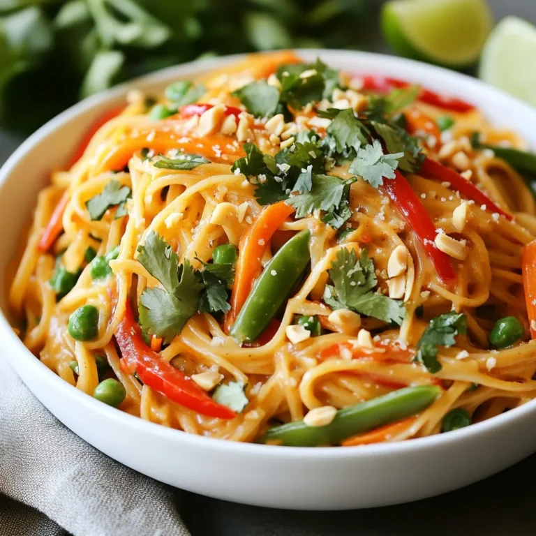 The key to making Spicy Thai Peanut Noodles lies in using fresh and vibrant ingredients. Here is what you need: - 8 oz rice noodles - 1 tablespoon sesame oil - 1 red bell pepper, sliced - 1 cup snap peas, trimmed - 2 carrots, julienned - ½ cup scallions, sliced - 1 cup fresh cilantro leaves, chopped - ½ cup creamy peanut butter - 3 tablespoons soy sauce - 2 tablespoons lime juice - 2 teaspoons sriracha (adjust to taste) - 1 tablespoon honey (or maple syrup for vegan option) - 1 clove garlic, minced - Salt and pepper to taste - Crushed peanuts and lime wedges for garnish These ingredients mix together to create a dish packed with flavor and texture. To make your dish even better, consider these optional garnishes and add-ins: - Crushed peanuts for extra crunch - Lime wedges for a tangy kick - Extra cilantro for freshness - Bean sprouts for a crisp bite - Green onions for added flavor These options can enhance the visual appeal and taste of your meal. If you can't find some ingredients, don't worry! Here are some easy swaps: - Use whole wheat noodles instead of rice noodles. - Swap sesame oil for olive oil if needed. - Replace red bell pepper with green or yellow peppers. - Use almond butter instead of peanut butter for a different flavor. - Try agave syrup instead of honey for a vegan option. These substitutions can help you customize the dish while keeping it delicious. {{ingredient_image_1}} To start, boil water in a large pot. Add 8 oz of rice noodles to the pot. Cook them according to the package instructions, usually about 4-6 minutes. Once they are done, drain the noodles. Rinse them under cold water. This step keeps them from sticking together. Next, take a large skillet or wok. Heat 1 tablespoon of sesame oil over medium heat. Add the sliced red bell pepper, snap peas, and julienned carrots to the skillet. Sauté these veggies for about 3-4 minutes. You want them to be tender yet still crisp. This adds great texture to your dish. In a mixing bowl, combine ½ cup of creamy peanut butter, 3 tablespoons of soy sauce, 2 tablespoons of lime juice, 2 teaspoons of sriracha, 1 tablespoon of honey, and 1 clove of minced garlic. Whisk these ingredients together until smooth. If your sauce is too thick, add a splash of warm water. This helps reach your desired consistency. Now, add the cooked rice noodles to the skillet with the sautéed vegetables. Pour the peanut sauce over everything. Toss the noodles and veggies together until well coated. Heat this mixture for an extra 1-2 minutes. Take it off the heat, and stir in the sliced scallions and chopped cilantro. Don’t forget to season with salt and pepper to taste! To get the best noodle texture, cook the rice noodles just until tender. Follow the package instructions closely. After cooking, rinse the noodles under cold water. This stops the cooking process. It also keeps the noodles from sticking together. Toss them with a little sesame oil for extra flavor and to avoid clumping. If you love heat, add more sriracha to the peanut sauce. Start with two teaspoons, then taste it. You can always add more. If you want less heat, use one teaspoon or skip it altogether. You can also add sugar or honey to balance the spice if it gets too hot. To make this dish vegan, swap honey for maple syrup. All other ingredients are naturally vegan. Check your soy sauce too; some brands use ingredients that aren't vegan. Be sure to use a gluten-free soy sauce if needed. This way, everyone can enjoy a tasty bowl of noodles! Pro Tips Adjust the Spice Level: If you're sensitive to heat, start with less sriracha and gradually increase it to your desired spice level. Perfect Peanut Sauce: For a creamier sauce, make sure your peanut butter is at room temperature. If needed, microwave it for a few seconds to soften. Fresh Veggies Matter: Use fresh, crisp vegetables for the best texture and flavor. You can also mix and match seasonal veggies based on your preference. Meal Prep Friendly: This dish can be made ahead of time and stored in the fridge for up to 3 days. Just reheat gently before serving. {{image_2}} You can add protein to your spicy Thai peanut noodles. Chicken, tofu, or shrimp work well. For chicken, use thin slices. Cook them in the skillet until they are golden brown. If you choose tofu, press and cube it first. Sauté it until crispy for the best texture. For shrimp, cook them until they turn pink and opaque. Any of these options boosts flavor and nutrition. Feel free to swap in different veggies as you like. Broccoli, bell peppers, or zucchini can work great. Use what is fresh or in season. You can also toss in leafy greens like spinach or kale for a healthy twist. Just add them at the end to keep them bright and crunchy. This way, you keep your dish exciting and full of color. You can change the sauce for new flavors. Try tahini, almond butter, or even a spicy chili paste. Each gives a unique taste to the dish. You can also add fresh ginger or lime zest to brighten the flavor. For a sweeter touch, consider using coconut sugar instead of honey. These simple swaps can take your spicy Thai peanut noodles to a whole new level. To store your Spicy Thai Peanut Noodles, let them cool first. Place them in an airtight container. Your noodles will stay fresh for about 3 to 5 days in the fridge. Make sure to separate the sauce if you can. This helps keep everything tasting great. When you’re ready to enjoy your leftovers, reheat them in a pan. Add a splash of water or extra sauce to prevent sticking. Heat over medium for about 5 minutes, stirring often. You can also use a microwave. Just heat in short bursts and stir in between. If you want to freeze your noodles, they can last up to 2 months. Pack them in a freezer-safe container. Keep the sauce separate to maintain flavor and texture. When ready to eat, thaw them overnight in the fridge. Reheat as mentioned above for the best taste. You can serve these noodles with many great sides. Try steamed broccoli or bok choy for veggies. Crispy tofu or grilled chicken adds protein. For a refreshing touch, serve a simple cucumber salad. Each adds flavor and balance to your meal. Yes, you can make the sauce in advance! Just mix all ingredients and store them in a jar. Keep it in the fridge for up to a week. When you’re ready to cook, just stir and warm it slightly. This saves time on busy nights. To make it gluten-free, switch to gluten-free soy sauce, like tamari. Rice noodles are already gluten-free, so you’re in luck! Always check labels on sauces to ensure they do not contain gluten. This way, everyone can enjoy this tasty dish. Peanut sauce is super versatile! Use it as a dip for fresh veggies or spring rolls. Drizzle it on grilled meats or tofu for extra flavor. You can even mix it into salads for a creamy dressing. The options are endless, so get creative! In this blog post, we explored how to make Spicy Thai Peanut Noodles. We looked at essential ingredients, step-by-step cooking methods, and tips for perfect noodles. You learned how to adjust spice levels and make vegan options. We also discussed protein additions, vegetable swaps, and storage tips. With these insights, you can create a tasty meal that fits your taste. Enjoy making this dish and feel free to personalize it! Your cooking adventure starts now.