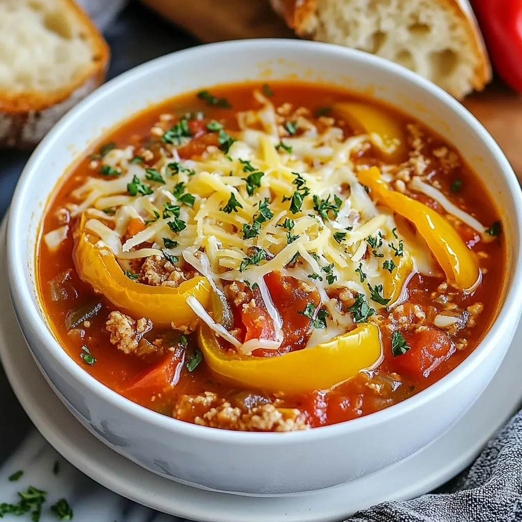 To make stuffed pepper soup, you need key ingredients that create rich flavors. Here’s what you will need: - 4 large bell peppers (any color), chopped - 1 medium onion, diced - 3 cloves garlic, minced - 1 pound ground turkey or chicken - 1 can (14.5 oz) diced tomatoes, undrained - 4 cups low-sodium chicken broth - 1 cup cooked brown rice - 1 tablespoon Italian seasoning - 1 teaspoon paprika - 1 teaspoon cumin - Salt and pepper to taste - 1 cup shredded cheese (cheddar or mozzarella) for topping - Fresh parsley for garnish You can easily adjust this soup to match your taste. Here are some optional ingredients to try: - Other types of meat like beef or sausage - Quinoa instead of brown rice for a different grain - Extra vegetables such as zucchini or corn - Spicy peppers for heat - Different cheese varieties like pepper jack or feta Choosing the right produce makes a big difference. Here are some tips for picking fresh ingredients: - For bell peppers, look for firm skin and bright color. - Choose onions that feel heavy and have dry, papery skin. - Garlic should be tight and not sprouting. - When buying canned tomatoes, check for no dents or bulges in the can. - Fresh herbs like parsley should be vibrant and not wilted. By using fresh produce, you ensure that your soup tastes great and looks colorful. {{ingredient_image_1}} Start by heating a drizzle of olive oil in a large pot or Dutch oven over medium heat. I like to add the diced onion first. Sauté it for about 3-4 minutes until it turns translucent. This step builds a great flavor base. Next, add minced garlic. It adds a lovely aroma. Sauté for about 1 minute. Now, it's time for the meat. Add 1 pound of ground turkey or chicken to the pot. Cook until the meat is no longer pink, about 5-7 minutes. Break it apart with a spoon as it cooks. This helps it mix well with the onions and garlic. Once the meat is cooked, add the chopped bell peppers. Cook for another 3-5 minutes until they begin to soften. After the veggies are soft, it's time to combine everything. Add the can of diced tomatoes (with juice), 4 cups of low-sodium chicken broth, and 1 cup of cooked brown rice. Sprinkle in 1 tablespoon of Italian seasoning, 1 teaspoon of paprika, and 1 teaspoon of cumin. Stir everything well to mix the flavors. Bring the soup to a gentle boil. Then, reduce the heat and let it simmer for 20-25 minutes. This allows the flavors to meld together nicely. Before serving, season with salt and pepper to taste. To boost the taste, use fresh herbs. Fresh parsley adds brightness. You can also use basil or oregano. Adding a splash of lemon juice lifts flavors, too. If you want heat, try red pepper flakes. For depth, add a tablespoon of soy sauce or Worcestershire sauce. Mix well before serving to blend these flavors. One mistake is overcooking the vegetables. They should stay a bit crisp. Avoid using too much salt early on. You can always add more later. Another common error is not letting the soup simmer. This step helps the flavors meld. Lastly, don’t skip the cheese topping. It adds creaminess and richness. Always serve the soup hot. This keeps the flavors vibrant. Use thick bowls to hold the heat. Top each bowl with a generous amount of shredded cheese. The cheese will melt nicely into the warm soup. Garnish with fresh parsley right before serving. This adds color and freshness. Pair your soup with crusty bread for a hearty meal. Pro Tips Choose Your Peppers: For a more colorful and flavor-packed soup, mix different colored bell peppers. Each color brings a unique sweetness. Meal Prep Friendly: This soup freezes well! Make a double batch and store leftovers in airtight containers for up to 3 months. Spice It Up: For a kick of heat, add diced jalapeños or crushed red pepper flakes to the soup while it simmers. Garnish for Flavor: Enhance presentation and flavor by adding a dollop of sour cream or Greek yogurt alongside the shredded cheese when serving. {{image_2}} If you want a vegetarian twist, skip the meat. Use more beans and lentils instead. Black beans, kidney beans, or chickpeas add great protein. You can also add extra veggies like zucchini or corn. These add texture and flavor. Use vegetable broth instead of chicken broth. This keeps the soup hearty and filling. You can switch up the protein easily. Ground beef, pork, or even tofu work well. For grains, try quinoa or farro. These grains add a nice nutty flavor and increase fiber. Just remember to cook the grains first if they need longer cooking times. This makes sure everything blends well. Adjusting the spice level is simple. Add red pepper flakes for heat. If you prefer a milder soup, skip the heat. You can also add fresh herbs like basil or cilantro. These add flavor without heat. Taste as you go and find what works best for you. This way, you create a soup everyone can enjoy. To keep your soup fresh, let it cool first. Then, pour the soup into an airtight container. Seal it well and store it in the fridge. It will stay good for about 3 to 4 days. Label your container with the date, so you know when to eat it! If you want to save some for later, freezing works great. Use freezer-safe bags or containers. Make sure to leave some space at the top, as liquids expand when frozen. Your soup can last for up to 3 months in the freezer. When you are ready to eat, just move it to the fridge to thaw overnight. Reheating is easy! For the best taste, warm your soup on the stove over medium heat. Stir it often to help it heat evenly. If you use a microwave, place it in a microwave-safe bowl. Heat it in short bursts, stirring in between. Add a little water or broth if it seems too thick. Enjoy your warm, hearty soup! You can use ground beef or pork instead of turkey or chicken. You can also try plant-based meat for a vegetarian option. Lentils or beans can work well, too. They add protein and flavor. Just make sure to adjust the cooking time based on what you choose. Each option brings a unique taste to your soup. Yes, you can easily make this soup in a slow cooker. Start by browning the meat in a pan. Then, add it to the slow cooker with all other ingredients. Set your slow cooker on low for 6-8 hours or high for 3-4 hours. This method lets the flavors blend well. Stuffed pepper soup will last up to 4 days in the fridge. Make sure to store it in an airtight container. If you want to keep it longer, freeze it. It can last for 3 months in the freezer. Just thaw it overnight in the fridge before reheating. Enjoy your soup warm for the best taste! In this blog post, we explored how to make delicious stuffed pepper soup. We covered essential and optional ingredients, cooking tips, and step-by-step instructions. Enhancing flavor and avoiding common mistakes is key. We also looked at variations for different diets and how to store leftovers effectively. In closing, enjoy making this soup your own. Experiment with flavors and share it warm with others. You’ll love the results. Happy cooking!