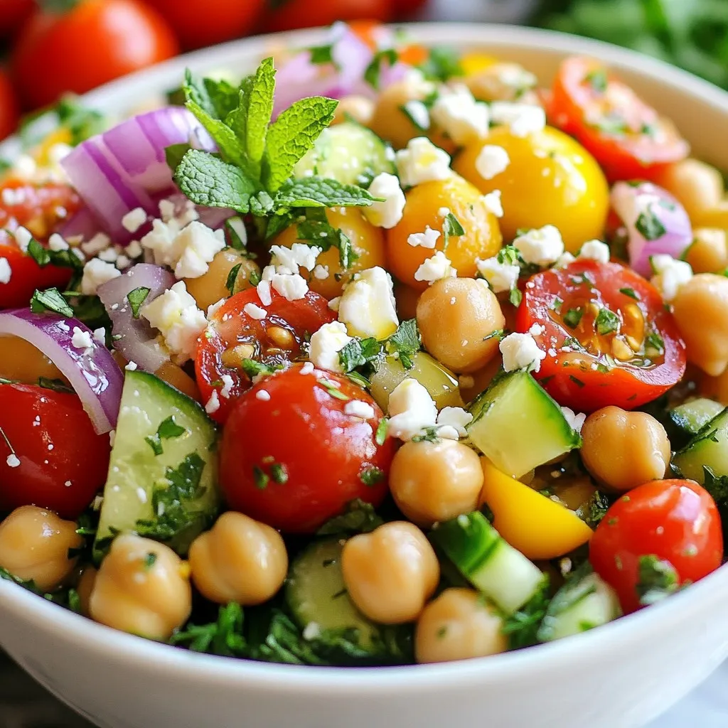 To make a tasty Mediterranean Chickpea Salad, gather these simple ingredients: - 1 can (15 oz) chickpeas, rinsed and drained - 1 cup cherry tomatoes, halved - 1 cucumber, diced - 1/2 red onion, finely chopped - 1/4 cup Kalamata olives, pitted and sliced - 1/4 cup feta cheese, crumbled - 2 tablespoons fresh parsley, chopped - 1 tablespoon fresh mint, chopped - Juice of 1 lemon - 3 tablespoons olive oil - 1 teaspoon dried oregano - Salt and pepper to taste You can use either fresh or canned chickpeas. Canned chickpeas save time. They are already cooked and ready to use. Just rinse and drain them well. Fresh chickpeas take longer to cook. You must soak and boil them. Canned chickpeas also have a soft texture. This makes them perfect for salads. If you prefer fresh, go for it! This salad is flexible for different diets. If you're dairy-free, swap feta cheese with avocado. For a lower sodium option, choose no-salt-added chickpeas. You can also use green olives instead of Kalamata olives. If you don’t like mint, skip it or use basil. Adjust the ingredients based on what you enjoy or what you have. {{ingredient_image_1}} Start by rinsing and draining the chickpeas. This step helps remove excess salt. Next, cut the cherry tomatoes in half. Dice the cucumber and finely chop the red onion. Slice the Kalamata olives. These colors and textures make the salad bright and fresh. In a large bowl, combine the chickpeas, tomatoes, cucumber, red onion, and olives. Add the crumbled feta cheese, parsley, and mint. Stir gently with a spoon. Mixing allows the ingredients to mingle, enhancing the taste. In a small bowl, whisk together the lemon juice, olive oil, oregano, and a pinch of salt and pepper. This dressing adds a zesty flavor to the salad. The balance of acidity and oil is key for a tasty dish. Pour the dressing over the salad mixture. Toss gently to coat every ingredient. Let the salad sit for at least 15 minutes. This waiting time helps the flavors blend beautifully. Serve it in a chilled bowl. Garnish with mint and cherry tomatoes for a stunning look. Enjoy! To boost the taste of your Mediterranean chickpea salad, use fresh herbs. Fresh parsley and mint add bright notes. You can also try adding a splash of red wine vinegar. This adds a tangy kick that makes flavors pop. Mix in some chopped bell peppers for extra crunch and sweetness. Using high-quality olive oil will enhance richness too. You can also sprinkle in some red pepper flakes for heat if you like it spicy. When meal prepping, chop your veggies in advance. Store them in airtight containers in the fridge. Keep the dressing separate until you’re ready to eat. This keeps the salad fresh and crisp. You can make a big batch of the salad and portion it out. It’s an easy grab-and-go lunch! To save time, you can also use canned chickpeas, just remember to rinse them well. For a beautiful presentation, serve your salad in a chilled bowl. This keeps it fresh and adds a nice touch. Garnish with a sprig of mint on top. A few cherry tomatoes arranged attractively can make it look even better. Serve with lemon wedges on the side for a pop of color and extra flavor. A colorful dish is always more inviting! Pro Tips Fresh Ingredients: Use the freshest produce available for the best flavor and texture in your salad. Chill Before Serving: Refrigerate the salad for at least 30 minutes before serving to enhance the flavors. Customizable Ingredients: Feel free to add other ingredients like bell peppers or avocados for extra nutrition and taste. Make It Ahead: This salad can be made a day in advance; just store it in the fridge to save time. {{image_2}} You can enhance this salad by adding feta cheese or olives. Feta brings a creamy, salty flavor that pairs well with the chickpeas. If you love olives, try using Kalamata or green olives for a briny kick. Both options add depth to the salad and make it even more satisfying. This salad is naturally vegetarian. To make it vegan, simply leave out the feta cheese. You can also add more veggies like bell peppers or radishes for extra crunch. This keeps the salad fresh and full of flavor while meeting your dietary needs. Use seasonal ingredients to keep the salad exciting. In summer, add diced bell peppers or zucchini. In fall, consider roasted sweet potatoes or butternut squash. These swaps keep the dish vibrant and full of nutrients, making it perfect for any time of year. Store your Mediterranean Chickpea Salad in a clean, airtight container. This keeps it fresh. If you have extra dressing, store it separately. This way, the salad stays crisp. The salad lasts for about 3 to 5 days in the fridge. Always check for freshness before eating. If it smells off or looks strange, toss it out. You don’t need to reheat this salad. It tastes best cold. If you want warmth, consider adding it to a grain bowl or serving it with warm pita bread. Enjoy the cool and fresh flavors! Mediterranean Chickpea Salad is packed with nutrients. It contains protein, fiber, and healthy fats. One serving has about 200 calories. It offers around 10 grams of protein and 5 grams of fiber. The salad is rich in vitamins A and C, thanks to the tomatoes and cucumber. Chickpeas provide iron and magnesium, which support your body’s needs. Yes, you can make this salad ahead of time. It tastes even better after sitting for a while. Prepare it a few hours before serving. This lets the flavors blend nicely. Just keep it in the fridge until you are ready to eat. Absolutely! Mediterranean Chickpea Salad is gluten-free. Chickpeas are a great source of protein without gluten. You can enjoy this dish safely if you have gluten sensitivity. Always check labels for any added ingredients that might contain gluten. You can serve Mediterranean Chickpea Salad with many dishes. It pairs well with grilled chicken or fish. You can also serve it with pita bread or hummus for a light meal. This salad makes a great side for barbecues or picnics too. Enjoy it with a refreshing drink like iced tea or lemonade. This blog post explored Mediterranean Chickpea Salad, from ingredients to storage. We covered fresh and canned chickpeas and substitutions for allergies. You learned how to prepare, mix, and dress your salad, with helpful tips for flavor and presentation. In the end, this salad is versatile and easy to make. It’s a healthy choice that fits many diets. Enjoy trying different variations and sharing it with friends. Happy cooking!
