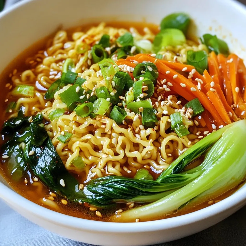 - 200g fresh ramen noodles Using fresh ramen noodles makes a big difference. They cook quickly and taste great. Look for them in the refrigerated section of your grocery store. If you can't find fresh ones, dry noodles work too, but adjust the cooking time. - 1 cup bok choy, chopped - 1 carrot, julienned - 4 cloves garlic, minced - 1 teaspoon ginger, grated - 1 red chili pepper, finely sliced (adjust to taste) Bok choy adds crunch and nutrition. Carrots bring sweetness and color. Garlic and ginger give a strong base flavor. The red chili pepper adds the spice. You can adjust the amount based on your heat preference. - 2 tablespoons vegetable oil - 2 cups vegetable broth - 2 tablespoons soy sauce - 1 tablespoon miso paste - 1 teaspoon sesame oil - 2 green onions, sliced (for garnish) - 1 tablespoon sesame seeds (for garnish) Vegetable oil helps sauté the garlic. The broth adds depth to your dish. Soy sauce and miso paste boost the umami taste, while sesame oil gives a nutty hint. Green onions and sesame seeds make perfect garnishes. They add flavor and look nice in the bowl. {{ingredient_image_1}} To start, boil a pot of water. Once it bubbles, add 200g of fresh ramen noodles. Cook them for 3-4 minutes. After cooking, drain the noodles and set them aside. This step gives you the perfect base for your dish. In a large saucepan, heat 2 tablespoons of vegetable oil over medium heat. Then, add 4 cloves of minced garlic, 1 teaspoon of grated ginger, and 1 finely sliced red chili pepper. Sauté these for about 2 minutes. You want the garlic to turn golden and fragrant. This forms the heart of your flavor. Next, pour in 2 cups of vegetable broth. Add 2 tablespoons of soy sauce and 1 tablespoon of miso paste. Stir well to mix everything together. Bring this mixture to a light boil. This broth is what makes your ramen rich and tasty. Now it’s time for the veggies! Toss in 1 cup of chopped bok choy and 1 julienned carrot. Let them cook for 3-4 minutes. You want them tender but still bright. They add color and crunch to your ramen. Lower the heat and gently add the cooked ramen noodles to the broth. Drizzle in 1 teaspoon of sesame oil. Stir carefully to coat the noodles in the spicy broth. Serve the ramen in deep bowls, garnished with sliced green onions and a sprinkle of sesame seeds. This makes the dish look and taste amazing! Start with good broth. Use vegetable broth for a rich base. Heat it gently with soy sauce and miso paste. This mix adds depth and umami. For more flavor, let the broth simmer longer. This brings out all the tastes. You can add a splash of sesame oil for extra aroma. It makes the broth shine. Want it spicier? Add more red chili pepper. You can use fresh slices or chili flakes. If you prefer less heat, use fewer chili slices. Removing seeds from the chili also helps. Another tip is to add a dash of sugar. It balances the heat and gives a nice flavor twist. Serving is key to a great meal. Use deep bowls to show off your ramen. Make sure to layer the colorful vegetables on top. This makes it look appealing. A sprinkle of green onions adds a fresh touch. Finish with sesame seeds for crunch. A drizzle of sesame oil on top enhances the aroma. Enjoy your beautiful bowl! Pro Tips Adjust Spice Level: Feel free to modify the amount of red chili pepper based on your heat preference. Start with less and add more if desired! Fresh Ingredients: Using fresh garlic and ginger will greatly enhance the flavor of your broth. Avoid powdered versions for the best results. Vegetable Variations: You can substitute bok choy and carrots with other vegetables like bell peppers or snap peas for a different flavor profile. Make it a Meal: Add protein such as tofu, chicken, or shrimp to make this dish more filling and nutritious. {{image_2}} You can easily boost your spicy garlic ramen with protein. Chicken, shrimp, or tofu work well. For chicken, use cooked, shredded pieces. For shrimp, add them when the broth is hot. Tofu adds a nice texture. Just cube it and sauté it with garlic. Each choice gives a different flavor and texture. Feel free to change the veggies in your ramen. Instead of bok choy, try spinach or kale. Both are tasty and cook quickly. You can also add mushrooms for an earthy touch. Bell peppers or snap peas add sweetness and crunch. Mix and match based on your taste or what you have. To make this dish vegan, skip the miso paste. Use a vegan broth and soy sauce. For gluten-free ramen, look for rice noodles or gluten-free pasta. These options keep the dish light and tasty. Always check labels to ensure your ingredients fit your needs. To keep your spicy garlic ramen fresh, let it cool first. Transfer it to an airtight container. You can store it in the fridge for 3 to 4 days. If you want to keep it longer, consider freezing it. When you're ready to eat, you can reheat the ramen on the stove. Pour the ramen and broth into a pot. Heat it over medium heat until it's hot. Stir occasionally to make sure it warms evenly. You can also use a microwave. Place the ramen in a microwave-safe bowl. Heat it in short bursts, stirring in between, until hot. If you want to freeze your ramen, separate the noodles and broth. The broth freezes well, but the noodles can get mushy. Store the broth in a freezer-safe container for up to 3 months. For noodles, you can freeze them for about a month. When you're ready to eat, thaw the broth overnight in the fridge. Reheat it, then add freshly cooked noodles for the best taste! It takes about 20 minutes to make spicy garlic ramen noodles. You spend 10 minutes prepping and 10 minutes cooking. The fresh ramen noodles cook fast, usually in 3-4 minutes. You can enjoy a delicious meal in no time. Yes, you can use instant ramen noodles. They work well if you are short on time. Just cook them according to the package instructions. Instant noodles will absorb flavors from the broth, making them tasty. You can use tahini or soy sauce as a substitute for miso paste. Tahini adds creaminess, while soy sauce brings saltiness. Both options can help you keep the dish flavorful. Adjust the amount to match your taste. To make the dish less spicy, you can reduce the amount of red chili pepper. You can also remove the seeds from the chili for less heat. Adding a bit of sugar or honey can balance the heat, too. In this article, we explored how to make great ramen. We covered fresh noodles, flavorful ingredients, and step-by-step cooking. You learned tips for perfecting your broth and options for personal flair. Don't forget to try variations with proteins and veggies, along with proper storage for leftovers. Ramen can be fun and easy to make. With these tools, you can create your own delicious bowl. Enjoy every sip and slurp!