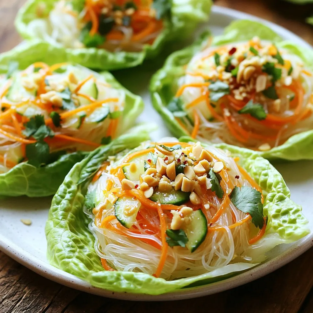 - 8 ounces rice noodles - 1/4 cup creamy peanut butter - 2 tablespoons soy sauce (or tamari for gluten-free) - 1 tablespoon sesame oil - 1 tablespoon lime juice - 1 teaspoon grated ginger - 1 clove garlic, minced - 1 cup shredded carrots - 1 cup red bell pepper, julienned - 1 cup cucumber, thinly sliced - 8 large lettuce leaves - Chopped peanuts and fresh cilantro for garnish To create Peanut Noodle Lettuce Wraps, gather these main ingredients. The rice noodles serve as the base. The creamy peanut butter gives richness and flavor. Soy sauce adds saltiness, while sesame oil brings a nutty taste. Lime juice adds a fresh zing. Grated ginger and minced garlic add depth to the sauce. Then, the colorful veggies like carrots, bell pepper, and cucumber add crunch and nutrition. - Alternative vegetables for extra crunch - Spices or herbs to enhance flavor You can customize your wraps with optional ingredients. Try adding different veggies for more color and texture. Consider using radishes, snap peas, or even bean sprouts. Spices can give a kick; add chili flakes or sriracha for heat. Fresh herbs like mint or basil can brighten the dish. - Recommended garnishes - Pairing ideas (side dishes, drinks) For serving, sprinkle chopped peanuts and fresh cilantro on top. This adds a lovely crunch and a burst of flavor. Pair these wraps with a light side salad or some steamed edamame for balance. For drinks, iced tea or a light beer complements the meal well. Enjoy the fresh, vibrant flavors of these wraps! {{ingredient_image_1}} To cook rice noodles, follow the package instructions. Usually, you boil them in water for about 5–7 minutes. Stir gently to prevent sticking. Once cooked, drain the noodles in a colander. Rinse them under cold water. This stops the cooking and cools them down quickly. Make sure to toss them lightly to avoid clumping. To make a smooth peanut sauce, mix the following in a bowl: - 1/4 cup creamy peanut butter - 2 tablespoons soy sauce - 1 tablespoon sesame oil - 1 tablespoon lime juice - 1 teaspoon grated ginger - 1 clove garlic, minced Use a whisk or fork to blend well. If the sauce is too thick, add a splash of water. This will help reach your desired consistency. Taste the sauce and adjust it to your liking. A little more lime juice can add brightness! For the wraps, take a large lettuce leaf. Place a generous amount of the noodle mixture in the center. To fill, use about half a cup of noodles and veggies. Then, sprinkle with chopped peanuts and fresh cilantro for extra crunch and flavor. To fold the wrap, lift the sides of the lettuce leaf up and over the filling. You want to create a little pocket. Serve the wraps on a plate. They look great when arranged neatly, ready for your guests! - Overcooking noodles: Cooking rice noodles too long makes them mushy. Follow the package time closely. Rinse them under cold water right after cooking. This stops the cooking and keeps them firm. - Not mixing sauce adequately: A good sauce is key. If you don't mix it well, some bites might taste bland. Make sure to blend the peanut butter, soy sauce, and other ingredients until smooth. This ensures every noodle has flavor. - Suggestions for adding spice: If you like heat, try adding chili flakes or sriracha. A little goes a long way. Start small, then taste. You can always add more if you want. - Fresh herbs and citrus options: Fresh cilantro adds brightness to your wraps. Try adding mint or basil for a twist. A squeeze of lime juice before serving can also elevate the flavor. It adds a fresh zing that balances the richness of the peanut sauce. - Prepping noodles and filling in advance: You can cook the noodles and make the filling a day ahead. Just store them separately in the fridge. This saves time when you're ready to serve. - Best practices for storage until serving: Keep everything in airtight containers. This keeps the noodles from drying out. When you're ready, just assemble the wraps. This keeps the lettuce crisp and fresh. Pro Tips Use Cold Noodles: After cooking, rinsing the noodles under cold water not only stops the cooking process but also makes them easier to handle and helps the sauce adhere better. Adjust Sauce Consistency: If your peanut sauce is too thick, adding a splash of water or extra lime juice can help achieve the perfect consistency for coating the noodles. Fresh Herbs Matter: Garnishing with fresh cilantro adds a burst of flavor and freshness to the wraps, elevating the dish to a new level. Experiment with Veggies: Feel free to add or substitute other veggies like bell peppers, radishes, or snap peas for added color and crunch in your wraps. {{image_2}} You can easily make these wraps plant-based. Just swap the soy sauce with tamari for a gluten-free meal. For protein, try using tofu or tempeh. Both options soak up flavors well. Simply cube firm tofu or tempeh and sauté until golden. Toss them into the noodle mix for a hearty bite. To keep this meal gluten-free, choose rice noodles or other gluten-free varieties. Always check the labels of sauces. Many soy sauces contain gluten, so look for tamari or coconut aminos. These provide great flavor without gluten. For an Asian-inspired twist, add different sauces like hoisin or sweet chili. You can mix in other veggies like bell peppers, snap peas, or shredded cabbage for crunch. Try adding shrimp or chicken for extra protein. Feel free to get creative with flavor combinations! To keep your peanut noodle lettuce wraps fresh, store them in proper containers. I recommend using airtight containers. These help seal in moisture and flavor. Place the noodles and veggies in one container and the peanut sauce in another. This keeps everything from getting soggy. Store your leftovers in the fridge. They will stay good for up to three days. Always check for any signs of spoilage before eating. If the noodles smell or look off, it’s best to toss them. When reheating, I suggest using a microwave or a stovetop pan. For the microwave, place the noodles on a plate and cover them with a damp paper towel. This helps keep them moist and prevents drying out. Heat in short bursts to avoid overcooking. If using a pan, add a splash of water to the noodles. Stir them over medium heat until warm. Always ensure the food reaches a safe temperature of 165°F for safe eating. You can freeze the peanut sauce or noodles separately. For the sauce, place it in a freezer-safe bag. Squeeze out the air before sealing. For the noodles, cook them slightly less than usual to keep them firm after thawing. Thaw the sauce in the fridge overnight before using. For noodles, run them under warm water to separate. They will taste just as good when you’re ready to eat again! Yes, you can use other noodles if you want. Soba noodles are a great choice. They add a nice flavor and work well. Zucchini noodles are another fun option. They are low in carbs and fresh. Just remember to cook soba noodles for a few minutes. For zucchini, you can spiralize and serve them raw. These wraps can last about three days in the fridge. Keep them in an airtight container to stay fresh. Look for signs like wilting leaves or a sour smell. If you see those, it’s best to toss them out. If you need a peanut butter alternative, try sunflower seed butter. It has a similar creamy texture. You can also use almond butter or cashew butter if you like. Just check for nut allergies before you serve. This blog post covered how to make tasty lettuce wraps using rice noodles and peanut sauce. We discussed key ingredients and different options for spices and veggies. I shared steps to cook the noodles, mix the sauce, and assemble the wraps perfectly. Keep these tips to enhance flavor and avoid common mistakes. You can adapt this dish for diet needs, and I shared how to store leftovers for later. Enjoy making these easy and delicious wraps at home!