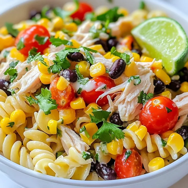 To make your Southwest Chicken Pasta Salad, gather these ingredients: - 2 cups pasta (rotini or penne) - 1 cup cooked chicken breast, shredded or diced - 1 cup cherry tomatoes, halved - 1 cup black beans, drained and rinsed - 1 cup corn (canned or frozen) - 1 red bell pepper, diced - ½ cup red onion, finely chopped - ½ cup fresh cilantro, roughly chopped - ½ cup cheddar cheese, shredded - ½ cup Greek yogurt - 2 tablespoons lime juice - 1 tablespoon olive oil - 1 teaspoon chili powder - 1 teaspoon cumin - Salt and pepper to taste Each serving of this salad has about: - Calories: 350 - Protein: 25g - Carbohydrates: 45g - Fat: 10g - Fiber: 10g This dish packs protein, fiber, and healthy fats. It gives you energy and keeps you full. When shopping, look for fresh and colorful veggies. Choose ripe cherry tomatoes and firm bell peppers. For chicken, use cooked breast for the best flavor and texture. If using canned corn or beans, check the labels for added sodium. Fresh cilantro adds a nice touch, so find bright green leaves. When picking cheese, go for sharp cheddar for more flavor. Always choose high-quality yogurt for creaminess. {{ingredient_image_1}} Start by boiling water in a large pot. Add the pasta and cook it until it is al dente. This usually takes about 8 to 10 minutes. Once done, drain the pasta and rinse it under cold water. This stops the cooking and cools it down. Set the pasta aside. Next, take a big mixing bowl. Add the shredded chicken, cherry tomatoes, black beans, corn, diced red bell pepper, and red onion. Mix these ingredients well. In a smaller bowl, whisk together Greek yogurt, lime juice, olive oil, chili powder, cumin, salt, and pepper. Make sure it’s smooth and creamy. Add the cooled pasta to the big bowl with the chicken and veggies. Now, pour the dressing over everything. Toss gently to coat all the ingredients well. Finally, fold in the fresh cilantro and cheddar cheese. Taste the salad and adjust salt and pepper as needed. Cover the bowl and chill it in the fridge for at least 30 minutes. This lets the flavors mix nicely. Before serving, stir the salad again. To get perfect pasta, always use plenty of water. This helps prevent sticking. Stir the pasta a few times while cooking. This keeps it moving and helps it cook evenly. Make sure to cook the pasta just until al dente. This means it should still have a little bite. Rinsing it under cold water after cooking stops the cooking process. This keeps the pasta from getting mushy. Preparing the dressing is simple. In a small bowl, combine Greek yogurt, lime juice, olive oil, chili powder, cumin, salt, and pepper. Whisk it until smooth. When mixing the dressing with the pasta, pour it over the ingredients. Toss everything well so each piece is coated. This ensures every bite has great flavor. Adding cilantro and cheese at the end gives a fresh taste and nice texture. To make your Southwest Chicken Pasta Salad pop, focus on fresh ingredients. Use ripe cherry tomatoes for a sweet bite. Fresh cilantro adds a bright taste. For more depth, toast your spices lightly before mixing them in. This helps release their full flavor. Lime juice brightens the dish and adds a zing. Adjust the lime juice to suit your taste. If you like it spicier, add more chili powder. Always taste as you go to find your perfect balance. One common mistake is overcooking the pasta. Cook it until it is al dente. This keeps the pasta firm and prevents it from getting mushy. Another mistake is skipping the chilling step. Chilling allows the flavors to blend well. Make sure to cover the salad tightly while it chills. This keeps it fresh and prevents it from drying out. Lastly, don’t forget to season your salad before serving. A pinch of salt and pepper can make a big difference. Garnishing your salad makes it visually appealing and adds extra flavor. Try topping it with extra cilantro for a fresh touch. A lime wedge on the side adds color and a hint of zest. You can also sprinkle more cheese on top for richness. If you like crunch, add crushed tortilla chips right before serving. This gives a nice texture contrast. Remember, the way you present your dish can make it even more enjoyable! Pro Tips Use Fresh Ingredients: Opt for fresh vegetables and herbs to enhance the flavor and nutritional value of your pasta salad. Customize Your Protein: Feel free to substitute the chicken with grilled shrimp or tofu for a different protein option. Make it Ahead: Prepare the salad a few hours in advance to allow the flavors to develop further; it tastes even better the next day! Serve Cold: Ensure the salad is well-chilled before serving to make it refreshing, especially on warm days. {{image_2}} You can easily swap ingredients in this salad. If you want a gluten-free dish, use gluten-free pasta. For dairy-free options, replace Greek yogurt with a dairy-free yogurt or avocado. If you prefer leaner protein, use turkey instead of chicken. You can also add more veggies like zucchini or carrots for extra crunch and nutrition. To spice things up, add diced jalapeños. Start with one jalapeño and taste as you go. You can always add more heat! Mix the jalapeños into the chicken and veggies. They add a nice kick and a fresh flavor. For a milder option, use pickled jalapeños. They bring a tangy taste without too much heat. To make a vegetarian Southwest pasta salad, skip the chicken. Instead, add more black beans and corn. You can use chickpeas for extra protein. Toss in some diced avocado for creaminess. You can also add grilled veggies like bell peppers and zucchini for a smoky flavor. This keeps the salad hearty and satisfying without meat. To keep your Southwest Chicken Pasta Salad fresh, store it in an airtight container. Ensure the lid seals tightly. If you have leftovers, divide the salad into smaller portions. This way, you can grab a quick meal later. You don’t need to heat this salad. Serve it cold for the best taste. If you prefer it warm, gently heat in a pan over low heat. Stir often to avoid sticking. Your pasta salad lasts for about three to five days in the fridge. Always check for any signs of spoilage before eating. If it smells off or looks strange, it’s best to toss it out. Enjoy your flavorful salad while it's fresh! I recommend using rotini or penne pasta. Both types hold dressing well. Their shapes let the sauce and flavors cling to each bite. This makes every forkful tasty and satisfying. Yes, you can use leftover chicken. Shredded or diced chicken works great. It saves time and adds flavor. Just make sure the chicken is cooked and safe to eat. You can store leftover pasta salad in the fridge for up to three days. Use an airtight container to keep it fresh. After three days, the taste and texture may change. Absolutely! Making this salad ahead is a great idea. It allows the flavors to blend well. Just cover it and chill in the fridge for at least 30 minutes before serving. This blog post covered everything you need for Southwest Chicken Pasta Salad. We discussed the right ingredients, cooking methods, and useful tips for great flavor. I shared storage tips and answered common questions, making preparation easy for you. Remember, whether you want a spicy kick or a vegetarian twist, you can adapt this dish to your taste. Enjoy your cooking, and don’t be afraid to experiment with flavors! Happy eating!