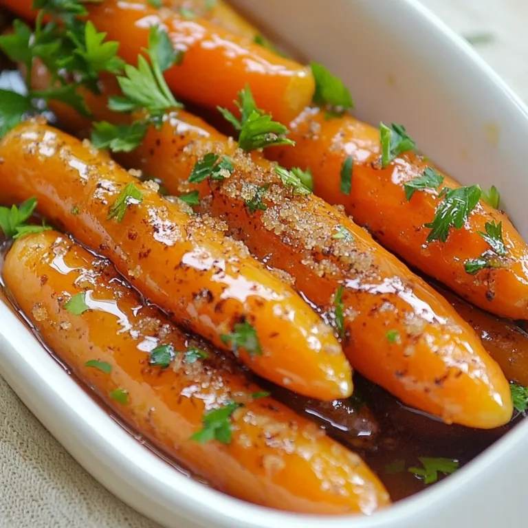 - Fresh baby carrots (or regular carrots) - Unsalted butter - Pure maple syrup - Brown sugar - Ground cinnamon - Salt and pepper - Fresh parsley for garnish - 1 pound baby carrots - 3 tablespoons unsalted butter - 2 tablespoons pure maple syrup - 1 tablespoon brown sugar - 1 teaspoon ground cinnamon - If you don't have baby carrots, regular carrots work well. Just peel and slice them. - You can swap pure maple syrup with honey if needed. - If you prefer, use coconut sugar instead of brown sugar. {{ingredient_image_1}} - Rinse the baby carrots under cold water. - If using regular carrots, peel and cut them into even sticks. Aim for about 2-3 inches long. Uniform pieces cook better. - In a large skillet, melt 3 tablespoons of unsalted butter over medium heat. Watch it closely; you want it melted, not browned. - Add the carrots to the skillet. Sauté them for about 5 minutes. Stir occasionally until they begin to soften. - Sprinkle 1 tablespoon of brown sugar and 1 teaspoon of ground cinnamon over the carrots. Mix well to coat them evenly. - Drizzle 2 tablespoons of pure maple syrup over the carrots. Make sure each carrot gets a good coating. - Season with salt and pepper to taste. Adjust as needed. - Reduce the heat to low and cover the skillet. Let the carrots cook for 10-12 minutes. Stir occasionally. They should become tender and caramelized. To ensure even cooking, start with uniform carrot sizes. Use baby carrots or cut regular carrots into similar sticks. This way, they cook at the same rate. Stir the carrots often to promote even heat. It helps them brown nicely without burning. Caramelization is key to flavor. After sautéing, add brown sugar and cinnamon. Stir them in well, then drizzle maple syrup. This combination creates that lovely glaze. Cook on low heat with a lid. It allows the carrots to soak in the sweet flavors while getting tender. For presentation, serve the glazed carrots in a decorative bowl. Arrange them neatly and drizzle extra glaze on top. A sprinkle of parsley adds color and freshness. This simple touch makes the dish pop. These carrots pair well with many main dishes. They go great with roasted chicken or grilled steak. The sweet glaze balances savory flavors. You can also serve them with a holiday ham for a festive touch. Feel free to experiment with spices. Try adding a pinch of nutmeg for warmth or a dash of cayenne for heat. These small tweaks can elevate the dish in fun ways. Using fresh herbs as garnishes makes a big difference. Chopped parsley is perfect, but you can also try mint or dill. These herbs add brightness and a fresh taste that complements the sweetness. Pro Tips Choose the Right Carrots: For best flavor and texture, opt for fresh, crisp baby carrots or young carrots that are in season. Don’t Overcook: Keep an eye on the cooking time. Overcooked carrots can become mushy; you want them tender yet firm. Adjust Sweetness: Feel free to adjust the amount of maple syrup and brown sugar based on your sweetness preference. Garnish for Flavor: Fresh herbs like parsley not only add color but enhance the overall flavor of the dish. {{image_2}} You can change the sweet taste by using other sweeteners. Honey adds a floral note, while agave syrup offers a mild flavor. Both options work well with the carrots. Just swap them in for the maple syrup in equal amounts. This switch can create a new twist in flavor. Adding nuts can bring a nice crunch to your dish. Chopped walnuts or pecans add texture and flavor. They pair well with the sweet glaze. You can also try dried fruits like raisins or cranberries. They add chewiness and a burst of sweetness that balances the carrots. Just sprinkle them in during the last few minutes of cooking. Carrots are great, but you can also try other veggies. Sweet potatoes or parsnips work well with the glaze. They have a similar sweetness that complements the dish. Mixing vegetables like green beans or bell peppers can create a colorful side. This mix brings different flavors and textures to your table. Enjoy the variety and make this dish your own! Store your glazed carrots in an airtight container. This helps keep them fresh. They last about 3 to 5 days in the fridge. If you notice any changes in color or smell, it's best to toss them. The best way to reheat glazed carrots is on the stove. Use a skillet over low heat. Stir gently to avoid breaking them. You can add a splash of water or butter to keep them moist. Microwaving is quick too. Just cover them to trap steam and heat in short bursts. You can freeze glazed carrots for longer storage. First, let them cool completely. Place them in a freezer-safe bag or container. They can last up to 3 months in the freezer. When you're ready to eat, thaw them overnight in the fridge. Reheat them on the stove or in the microwave until warm. Yes, you can use frozen carrots. However, they will have a softer texture. Frozen carrots also cook faster than fresh ones. Plan for a shorter cooking time. Start checking them after five minutes to avoid overcooking. You can tell the carrots are done when they are tender. They should have a slight bite but not be mushy. Look for a nice caramel color on the surface. This shows they have cooked well in the glaze. Yes, you can prepare these carrots ahead of time. Cook them and let them cool. Store the glazed carrots in the fridge for up to three days. When ready to serve, reheat them gently on the stove or in the microwave. This guide covers everything you need for delicious glazed carrots. We explored the main ingredients, measurements, and how to prepare and cook them. I shared tips for perfecting the dish and creative variations to try. Lastly, we discussed storage and reheating methods to keep your carrots tasty. With these insights, you can confidently make a standout side dish that impresses. Enjoy the cooking journey and savor every bite!