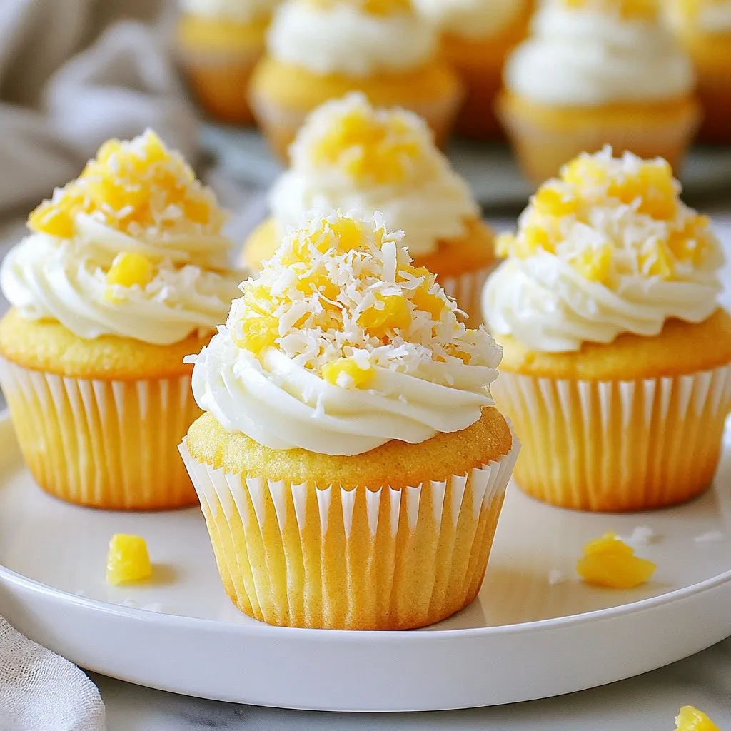To make these tasty pineapple coconut cupcakes, you need: - 1 cup all-purpose flour - 1/2 cup granulated sugar - 1/2 cup unsweetened shredded coconut - 1 tsp baking powder - 1/2 tsp baking soda - 1/4 tsp salt - 1/2 cup pineapple juice (fresh or canned) - 1/3 cup vegetable oil - 1 large egg - 1 tsp vanilla extract - 1/2 cup crushed pineapple, drained - Optional: Cream cheese frosting for topping You can swap ingredients if needed. Use whole wheat flour for a healthier option. Coconut sugar can replace granulated sugar for a richer taste. You can also use melted butter instead of vegetable oil for extra flavor. If you don’t have fresh pineapple juice, canned juice works just fine. For a dairy-free treat, try a plant-based egg substitute. Always choose high-quality ingredients. Fresh pineapple juice gives the best flavor. Look for unsweetened shredded coconut with no added sugar. When picking your egg, choose one that is organic or free-range for better taste. Use fresh baking powder and soda to ensure the cupcakes rise well. Quality ingredients make a big difference in taste and texture. {{ingredient_image_1}} To start, preheat your oven to 350°F (175°C). Grab a muffin tin and line it with cupcake liners. In a large bowl, mix together the dry ingredients: - 1 cup all-purpose flour - 1/2 cup granulated sugar - 1/2 cup unsweetened shredded coconut - 1 tsp baking powder - 1/2 tsp baking soda - 1/4 tsp salt Whisk these ingredients well until they blend. In a separate bowl, combine the wet ingredients: - 1/2 cup pineapple juice (fresh or canned) - 1/3 cup vegetable oil - 1 large egg - 1 tsp vanilla extract Whisk until smooth. Now, pour the wet mix into the dry mix. Stir gently until just combined. Be careful not to overmix. Next, fold in the crushed pineapple. Use a spatula for even distribution. Now, divide the batter into the cupcake liners. Fill each liner about two-thirds full. This helps them rise without spilling over. Place the tin in your preheated oven and bake for 18-20 minutes. To check if they are done, insert a toothpick in the center. If it comes out clean, they are ready. After baking, let the cupcakes cool in the tin for about 5 minutes. Then, move them to a wire rack to cool completely. This step is key for a good texture. If you want to frost them, use cream cheese frosting. Spread it on top once they are fully cool. For an extra touch, sprinkle more shredded coconut on top. Enjoy your tasty pineapple coconut cupcakes! One common mistake is overmixing the batter. Mix until just combined. This keeps your cupcakes light. Another mistake is not measuring ingredients correctly. Use a scale when possible. Scooping flour can add too much. Lastly, don’t skip the cooling step. Letting cupcakes cool helps them set. To get the best flavor, use fresh pineapple juice. It makes a big difference. Also, try to use high-quality coconut. Unsweetened shredded coconut adds a rich taste. You can also add a bit of extra vanilla extract. This little touch enhances the overall flavor. For moist cupcakes, use crushed pineapple. Drain it well but keep some juice. The juice adds more flavor and moisture. Don't forget the oil! Vegetable oil keeps the cupcakes soft. Finally, let them cool completely before frosting. This helps the frosting stick and taste great. Pro Tips Use Fresh Pineapple Juice: For the best flavor, opt for fresh pineapple juice instead of canned. It enhances the tropical taste of the cupcakes. Don’t Overmix: When combining wet and dry ingredients, stir just until combined. Overmixing can lead to dense cupcakes. Check for Doneness: Insert a toothpick into the center of a cupcake to check if it's done. If it comes out clean, they’re ready! Cool Completely Before Frosting: Allow cupcakes to cool completely before adding frosting to prevent it from melting and sliding off. {{image_2}} You can add a zesty twist to your pineapple coconut cupcakes. Just swap some pineapple juice for fresh lime juice. Use lime zest in the batter for extra flavor. This brightens every bite. The sweet coconut blends well with the tangy lime. These cupcakes taste like a tropical vacation. Want a fun twist? Make pineapple upside-down cupcakes! Start by placing a slice of pineapple at the bottom of each cupcake liner. Sprinkle brown sugar and a bit of butter over the pineapple. Then pour your batter on top. When you flip them over, you get a sweet, caramelized topping. It's a show-stopper for any dessert table. You can enjoy these cupcakes even if you're gluten-free. Just replace all-purpose flour with a gluten-free blend. Make sure the blend has xanthan gum for the best texture. The rest of the recipe stays the same. You’ll still get soft, moist cupcakes. Everyone will love them, gluten-free or not! To keep your pineapple coconut cupcakes fresh, store them in an airtight container. This helps retain moisture and flavor. Place a piece of parchment paper between layers if stacking. Keep the container at room temperature for up to three days. For longer storage, move the cupcakes to the fridge. They can last up to a week there. Make sure they are covered well to avoid drying out. Freezing cupcakes is simple and keeps them tasty. First, let the cupcakes cool completely. Then, wrap each cupcake in plastic wrap. After that, place them in a freezer-safe bag. Label the bag with the date. You can freeze them for up to three months. When you want to enjoy them, just take out what you need. When you’re ready to eat your frozen cupcakes, let them thaw in the fridge overnight. If you want them warm, preheat your oven to 350°F (175°C). Remove the wrapping and place the cupcakes on a baking sheet. Heat them for about 10 minutes. This brings back their soft texture. If you topped them with frosting, use the microwave for 10 seconds instead. Enjoy these treats fresh! Yes, you can make these cupcakes vegan. To do this, replace the egg with a flax egg. Mix 1 tablespoon of ground flaxseed with 2.5 tablespoons of water. Let it sit for about 5 minutes until it thickens. Use a plant-based oil, like coconut oil, instead of vegetable oil. For the frosting, you can use a vegan cream cheese or coconut whipped cream. Pineapple coconut cupcakes last for about 3 to 5 days at room temperature. Store them in an airtight container to keep them fresh. If you want to keep them longer, place them in the fridge, where they can last up to a week. Just remember to bring them to room temperature before serving for the best taste. If you prefer a different frosting, try using whipped coconut cream. Simply chill a can of coconut milk overnight, then scoop out the solid part and whip it until fluffy. You can add a bit of powdered sugar for sweetness. Another option is a simple vanilla buttercream made with vegan butter and powdered sugar. This will still give you a tasty and creamy topping! This blog post guides you through making cupcakes from start to finish. We covered the right ingredients and how to prepare the batter. You know the baking steps and cooling tips for perfect cupcakes. I shared common mistakes to dodge and how to improve flavor and texture. We even explored fun variations like coconut lime. Remember, quality ingredients make a big difference. Enjoy baking your cupcakes and sharing them with friends!