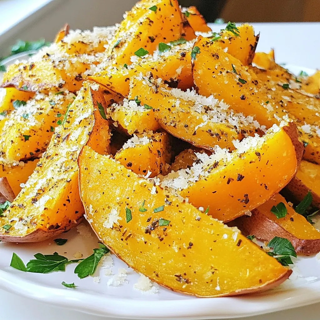 - 2 large sweet potatoes, washed and cut into wedges - 2 tablespoons olive oil - 4 cloves garlic, minced - 1/2 cup grated Parmesan cheese The sweet potatoes give these wedges their natural sweetness. I love using large ones for a hearty bite. The olive oil helps the spices stick and adds a nice flavor. Garlic is key here; it brings a zing that pairs perfectly with the sweet potatoes. Lastly, the Parmesan cheese adds a rich and savory touch that makes these wedges irresistible. - 1 teaspoon dried oregano - 1 teaspoon paprika - Salt and pepper to taste Dried oregano adds an earthy taste. Paprika gives a bit of warmth and color. Salt and pepper enhance all the flavors. Use them wisely to make your wedges pop! - Fresh parsley, chopped Fresh parsley is a great way to finish off your sweet potato wedges. It adds color and freshness. Plus, it makes the dish look even better when serving. {{ingredient_image_1}} Washing and Cutting Start by washing the sweet potatoes under cold water. Scrub them gently to remove dirt. Once clean, cut each sweet potato into wedges. Aim for uniform sizes, so they cook evenly. Preparing the Marinade In a large mixing bowl, mix olive oil, minced garlic, dried oregano, paprika, salt, and pepper. Stir well to combine. This marinade adds great flavor to the sweet potatoes. Tossing in Marinade Add the sweet potato wedges to the bowl with the marinade. Toss them well until every wedge gets coated. This step ensures they absorb all the tasty flavors. Initial Bake Preheat your oven to 425°F (220°C). Line a baking sheet with parchment paper for easy cleanup. Spread the coated sweet potato wedges in a single layer on the sheet. Bake for 20 minutes. Adding Parmesan After the initial bake, open the oven and sprinkle the grated Parmesan cheese over the wedges. The cheese will melt and add a nice crunch. Final Bake Return the baking sheet to the oven. Bake for an additional 10 to 15 minutes. Keep an eye on them until they turn crispy and golden brown. After baking, let them cool slightly. Finally, garnish with fresh parsley for a pop of color and taste. Enjoy your delicious Garlic Parmesan Sweet Potato Wedges! To get your sweet potato wedges crispy, follow these simple tips: - Bake at 425°F (220°C): This high heat helps them brown nicely. - Single Layer: Place the wedges in a single layer on the baking sheet. This way, they won’t steam each other. - Flip Halfway: Turn the wedges halfway through baking. This helps them cook evenly. To make your sweet potato wedges even tastier, try these ideas: - Add a pinch of cayenne pepper: This gives a nice kick. - Use fresh herbs: Try rosemary or thyme for a fresh taste. - Experiment with cheese: Add a mix of parmesan and cheddar for extra creaminess. These wedges pair well with many dishes. Here are some great ideas: - Serve with grilled chicken: The flavors complement each other well. - Add to a salad: They make a great addition to a fresh salad. - Dip in aioli or ranch: These dips add an extra layer of flavor. Pro Tips Choose the right sweet potatoes: For the best flavor and texture, select firm, smooth-skinned sweet potatoes without any blemishes. Don’t overcrowd the baking sheet: Give the wedges enough space to ensure they bake evenly and become crispy, avoiding steaming. Experiment with seasonings: Feel free to add other spices like cayenne pepper or herbs like thyme for a unique twist on the flavor profile. Serve immediately: These wedges are best enjoyed fresh out of the oven while they’re still warm and crispy. {{image_2}} You can change the cheese to suit your taste. Cheddar adds a sharp flavor. Feta gives a nice salty kick. Both work well with sweet potatoes. Try mixing different cheeses for a fun twist! Spices and herbs can elevate your sweet potato wedges. You might add cumin for warmth. Rosemary or thyme can bring a fresh taste. Don’t be afraid to experiment. Even a dash of chili powder can spice things up! You can cook sweet potato wedges in different ways. The air fryer makes them crispy in less time. It also uses less oil, which is great! Baking in the oven gives a nice golden color. Both methods work, so choose what fits your time! Store leftover Garlic Parmesan sweet potato wedges in an airtight container. They stay fresh for about 3 days in the fridge. Make sure they cool down before sealing. This keeps moisture out and helps them stay crispy. To reheat, use the oven for the best taste. Preheat your oven to 400°F (200°C). Spread the wedges on a baking sheet. Heat for 10 to 15 minutes until they are warm and crispy again. You can also use an air fryer for quick reheating. Set it to 350°F (175°C) and cook for about 5 minutes. If you want to freeze them, place the wedges in a single layer on a baking sheet. Freeze for about 2 hours, then move them to a freezer bag. This method prevents them from sticking together. When ready to eat, bake them straight from the freezer. Increase the baking time by 5 to 10 minutes for crispiness. Garlic Parmesan Sweet Potato Wedges can last about 3 to 5 days in the fridge. Store them in an airtight container. This keeps them fresh and safe to eat. If you notice any strange smells or colors, it's best to throw them away. Yes, you can make these wedges ahead of time. Prepare the sweet potatoes, coat them in the marinade, and store them in the fridge. This way, they stay fresh for up to 24 hours. When ready to cook, just spread them on a baking sheet and bake as usual. These wedges pair well with many dishes. Consider serving them with grilled chicken or fish. They also go great with burgers or sandwiches. If you want a light meal, serve them with a fresh salad. Yes, sweet potato wedges are often healthier than regular potato fries. They have more fiber and vitamins. Sweet potatoes also have a lower glycemic index. This means they can help you feel fuller for longer. Enjoying sweet potato wedges is a tasty way to add nutrition to your meal! This blog post covered making Garlic Parmesan Sweet Potato Wedges. We explored key ingredients like sweet potatoes, olive oil, and garlic. I shared step-by-step instructions for prepping, coating, and baking. You learned tips for getting crispy wedges and enjoyed serving ideas. We even discussed variations like different cheeses and cooking methods. Now, you can create a tasty snack or side. Follow these steps, and enjoy your cooking!