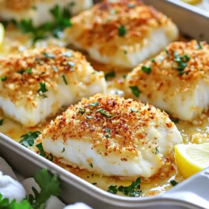 - 4 cod fillets (about 6 ounces each) - 1 cup grated Parmesan cheese - 1/2 cup breadcrumbs (preferably panko for extra crunch) - 1 teaspoon garlic powder - 1 teaspoon lemon zest - 1 teaspoon dried oregano - 1/2 teaspoon paprika - Salt and pepper to taste - 2 tablespoons olive oil - 1 lemon, sliced (for garnish) - Fresh parsley, chopped (for garnish) The main ingredients make this dish shine. Cod fillets are mild and flaky, perfect for the crust. Parmesan cheese adds a rich flavor and helps form the crust. I love using panko breadcrumbs. They give a great crunch and texture. The spices and seasonings elevate the taste. Garlic powder brings warmth, while lemon zest adds brightness. Oregano gives a nice herbal note. Paprika adds a hint of color and flavor. Don't forget salt and pepper; they enhance every dish. Garnishes add a fresh touch. A drizzle of olive oil keeps the fish moist. Lemon slices brighten the plate and add zest. Fresh parsley makes it look pretty and adds flavor. These ingredients come together to create a dish that is not only tasty but also beautiful. {{ingredient_image_1}} First, preheat your oven to 400°F (200°C). This is the perfect temperature for cooking cod. Next, line a baking sheet with parchment paper. This makes cleanup easy and helps the cod cook evenly. In a mixing bowl, combine the grated Parmesan cheese, breadcrumbs, garlic powder, lemon zest, dried oregano, paprika, salt, and pepper. Use a fork to mix it all together well. You want a nice, even blend. This mixture gives the cod a great flavor and crunchy texture. Now, take the cod fillets and pat them dry with paper towels. This step helps the crust stick well. Place the fillets on your prepared baking sheet. Drizzle olive oil over each fillet. This adds moisture and helps the crust crisp up. Press the Parmesan mixture onto the top of each cod fillet. Make sure to cover them evenly. Bake the cod in the preheated oven for about 15-20 minutes. The fish is done when it flakes easily with a fork, and the crust is golden brown and crispy. Remove it from the oven and let it sit for a few minutes. To serve, garnish each fillet with fresh parsley and lemon slices. Enjoy your delicious Parmesan crusted cod! To get that perfect crunchy crust, use panko breadcrumbs. They add extra crunch. Make sure to press the cheese mixture firmly onto the cod. This helps it stick while baking. Bake the cod in a hot oven at 400°F (200°C). This high heat gives you that golden-brown color. If you want even more crunch, broil the cod for the last few minutes. Just watch it closely to avoid burning. How can you tell if your cod is done? The fish should look opaque and flake easily with a fork. This means it's cooked all the way through. If you have a food thermometer, check that the inside temperature is 145°F (63°C). This ensures it's safe to eat. The crust should be golden brown and crispy, adding to the dish's appeal. Pairing your Parmesan crusted cod with the right sides can enhance the meal. Roasted vegetables, like asparagus or broccoli, work great. A fresh green salad adds a nice crunch and brightness. Consider serving it with a side of quinoa or rice for a hearty touch. Don't forget a slice of lemon to squeeze on top; it balances the flavors perfectly. Pro Tips Choose Fresh Cod: Always opt for the freshest cod fillets you can find. Fresh fish will have a mild scent and firm texture, ensuring a tastier dish. Adjust Seasoning: Feel free to adjust the spices according to your taste. Adding a pinch of cayenne pepper can give the crust an extra kick! Perfect Baking Time: Keep an eye on the cod while it's baking. Depending on the thickness of the fillets, cooking time may vary. The fish should be opaque and flake easily with a fork. Serve with Sides: Pair this dish with a fresh salad or steamed vegetables for a complete meal. The lightness of the sides complements the richness of the Parmesan crust. {{image_2}} You can change the taste of Parmesan crusted cod easily. Try adding fresh herbs like parsley or basil. You can also use spices like thyme or dill. Lemon juice or zest gives a bright flavor. If you want heat, add a pinch of cayenne pepper. Mix and match until you find what you love! Cod is great, but many fish work well too. Try using tilapia or haddock for a similar taste. Salmon also holds up nicely with the crust. Each fish will give a unique flavor. So, don’t hesitate to explore your options with different types. You can cook Parmesan crusted cod in two main ways: baking or broiling. Baking gives a nice even cook. It keeps the fish moist inside while making the crust crunchy. Broiling cooks faster and gives extra browning on top. Both methods work, so pick one based on your time and taste! To store leftover Parmesan crusted cod, place it in an airtight container. This keeps the fish moist. Refrigerate it within two hours of cooking. Cod will last in the fridge for up to three days. You can also wrap it in plastic wrap if you don't have a container. When you reheat cod, you want to keep the crust crispy. Preheat your oven to 350°F (175°C). Place the cod on a baking sheet. Heat it for about 10 minutes. This warms the fish and keeps the crust crunchy. Avoid using the microwave, as it makes the crust soggy. If you want to freeze cod, wrap each fillet tightly in plastic wrap. Then, place them in a freezer bag. Remove as much air as you can before sealing. Cod can be frozen for up to three months. To use, thaw it in the fridge overnight before reheating. You can enjoy Parmesan crusted cod with many tasty sides. Here are some great ideas: - Steamed broccoli: This adds a bright color and fresh taste. - Roasted potatoes: They give a nice crunch and hearty feel. - Quinoa salad: A light and healthy choice that pairs well. - Rice pilaf: This adds a fluffy texture that complements the fish. - Green beans: Crisp and vibrant, they balance the meal. - White wine: A chilled Sauvignon Blanc pairs nicely with the dish. Feel free to mix and match these sides based on what you like! Fresh cod has some clear signs. Here’s what to look for: - Color: Fresh cod should be white or off-white with a slight sheen. - Smell: It should smell clean and mild, like the ocean. Avoid any strong fishy odor. - Texture: The fillet should feel firm and spring back when gently pressed. - Eyes: If you buy whole fish, look for clear, bright eyes. Always choose fresh cod for the best flavor and texture in your dish! Yes, you can easily make Parmesan crusted cod gluten-free! Here are some swaps: - Gluten-free breadcrumbs: Use these instead of regular ones. Panko works well. - Almond flour: This can be a tasty alternative for the crust. - Cornmeal: A great gluten-free option that adds crunch. These swaps keep the dish tasty while meeting gluten-free needs! This blog post shared how to make Parmesan crusted cod with the right ingredients, steps, and tips. You learned about key ingredients, like cod and Parmesan, and how to prepare them. I discussed baking methods for a perfect crust and suggested side dishes. In conclusion, making this dish is simple and fun. Use fresh ingredients and enjoy a tasty meal. Don't hesitate to experiment with flavors or sides. Happy cooking!
