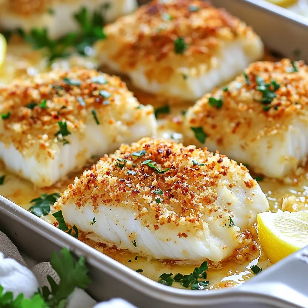 - 4 cod fillets (about 6 ounces each) - 1 cup grated Parmesan cheese - 1/2 cup breadcrumbs (preferably panko for extra crunch) - 1 teaspoon garlic powder - 1 teaspoon lemon zest - 1 teaspoon dried oregano - 1/2 teaspoon paprika - Salt and pepper to taste - 2 tablespoons olive oil - 1 lemon, sliced (for garnish) - Fresh parsley, chopped (for garnish) The main ingredients make this dish shine. Cod fillets are mild and flaky, perfect for the crust. Parmesan cheese adds a rich flavor and helps form the crust. I love using panko breadcrumbs. They give a great crunch and texture. The spices and seasonings elevate the taste. Garlic powder brings warmth, while lemon zest adds brightness. Oregano gives a nice herbal note. Paprika adds a hint of color and flavor. Don't forget salt and pepper; they enhance every dish. Garnishes add a fresh touch. A drizzle of olive oil keeps the fish moist. Lemon slices brighten the plate and add zest. Fresh parsley makes it look pretty and adds flavor. These ingredients come together to create a dish that is not only tasty but also beautiful. {{ingredient_image_1}} First, preheat your oven to 400°F (200°C). This is the perfect temperature for cooking cod. Next, line a baking sheet with parchment paper. This makes cleanup easy and helps the cod cook evenly. In a mixing bowl, combine the grated Parmesan cheese, breadcrumbs, garlic powder, lemon zest, dried oregano, paprika, salt, and pepper. Use a fork to mix it all together well. You want a nice, even blend. This mixture gives the cod a great flavor and crunchy texture. Now, take the cod fillets and pat them dry with paper towels. This step helps the crust stick well. Place the fillets on your prepared baking sheet. Drizzle olive oil over each fillet. This adds moisture and helps the crust crisp up. Press the Parmesan mixture onto the top of each cod fillet. Make sure to cover them evenly. Bake the cod in the preheated oven for about 15-20 minutes. The fish is done when it flakes easily with a fork, and the crust is golden brown and crispy. Remove it from the oven and let it sit for a few minutes. To serve, garnish each fillet with fresh parsley and lemon slices. Enjoy your delicious Parmesan crusted cod! To get that perfect crunchy crust, use panko breadcrumbs. They add extra crunch. Make sure to press the cheese mixture firmly onto the cod. This helps it stick while baking. Bake the cod in a hot oven at 400°F (200°C). This high heat gives you that golden-brown color. If you want even more crunch, broil the cod for the last few minutes. Just watch it closely to avoid burning. How can you tell if your cod is done? The fish should look opaque and flake easily with a fork. This means it's cooked all the way through. If you have a food thermometer, check that the inside temperature is 145°F (63°C). This ensures it's safe to eat. The crust should be golden brown and crispy, adding to the dish's appeal. Pairing your Parmesan crusted cod with the right sides can enhance the meal. Roasted vegetables, like asparagus or broccoli, work great. A fresh green salad adds a nice crunch and brightness. Consider serving it with a side of quinoa or rice for a hearty touch. Don't forget a slice of lemon to squeeze on top; it balances the flavors perfectly. Pro Tips Choose Fresh Cod: Always opt for the freshest cod fillets you can find. Fresh fish will have a mild scent and firm texture, ensuring a tastier dish. Adjust Seasoning: Feel free to adjust the spices according to your taste. Adding a pinch of cayenne pepper can give the crust an extra kick! Perfect Baking Time: Keep an eye on the cod while it's baking. Depending on the thickness of the fillets, cooking time may vary. The fish should be opaque and flake easily with a fork. Serve with Sides: Pair this dish with a fresh salad or steamed vegetables for a complete meal. The lightness of the sides complements the richness of the Parmesan crust. {{image_2}} You can change the taste of Parmesan crusted cod easily. Try adding fresh herbs like parsley or basil. You can also use spices like thyme or dill. Lemon juice or zest gives a bright flavor. If you want heat, add a pinch of cayenne pepper. Mix and match until you find what you love! Cod is great, but many fish work well too. Try using tilapia or haddock for a similar taste. Salmon also holds up nicely with the crust. Each fish will give a unique flavor. So, don’t hesitate to explore your options with different types. You can cook Parmesan crusted cod in two main ways: baking or broiling. Baking gives a nice even cook. It keeps the fish moist inside while making the crust crunchy. Broiling cooks faster and gives extra browning on top. Both methods work, so pick one based on your time and taste! To store leftover Parmesan crusted cod, place it in an airtight container. This keeps the fish moist. Refrigerate it within two hours of cooking. Cod will last in the fridge for up to three days. You can also wrap it in plastic wrap if you don't have a container. When you reheat cod, you want to keep the crust crispy. Preheat your oven to 350°F (175°C). Place the cod on a baking sheet. Heat it for about 10 minutes. This warms the fish and keeps the crust crunchy. Avoid using the microwave, as it makes the crust soggy. If you want to freeze cod, wrap each fillet tightly in plastic wrap. Then, place them in a freezer bag. Remove as much air as you can before sealing. Cod can be frozen for up to three months. To use, thaw it in the fridge overnight before reheating. You can enjoy Parmesan crusted cod with many tasty sides. Here are some great ideas: - Steamed broccoli: This adds a bright color and fresh taste. - Roasted potatoes: They give a nice crunch and hearty feel. - Quinoa salad: A light and healthy choice that pairs well. - Rice pilaf: This adds a fluffy texture that complements the fish. - Green beans: Crisp and vibrant, they balance the meal. - White wine: A chilled Sauvignon Blanc pairs nicely with the dish. Feel free to mix and match these sides based on what you like! Fresh cod has some clear signs. Here’s what to look for: - Color: Fresh cod should be white or off-white with a slight sheen. - Smell: It should smell clean and mild, like the ocean. Avoid any strong fishy odor. - Texture: The fillet should feel firm and spring back when gently pressed. - Eyes: If you buy whole fish, look for clear, bright eyes. Always choose fresh cod for the best flavor and texture in your dish! Yes, you can easily make Parmesan crusted cod gluten-free! Here are some swaps: - Gluten-free breadcrumbs: Use these instead of regular ones. Panko works well. - Almond flour: This can be a tasty alternative for the crust. - Cornmeal: A great gluten-free option that adds crunch. These swaps keep the dish tasty while meeting gluten-free needs! This blog post shared how to make Parmesan crusted cod with the right ingredients, steps, and tips. You learned about key ingredients, like cod and Parmesan, and how to prepare them. I discussed baking methods for a perfect crust and suggested side dishes. In conclusion, making this dish is simple and fun. Use fresh ingredients and enjoy a tasty meal. Don't hesitate to experiment with flavors or sides. Happy cooking!