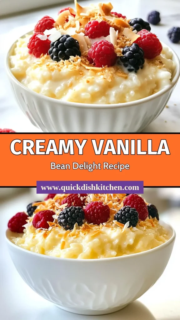 Indulge in this creamy vanilla bean rice pudding, a delightful coconut milk dessert that will satisfy your sweet cravings. This homemade rice pudding recipe features Arborio rice for the perfect creamy texture. Easy to make and perfect for any occasion, it’s a treat you can’t resist! Garnish with fresh berries and toasted coconut for a beautiful finish. Try this creamy rice pudding recipe today! Save this for later! #RicePudding #DessertRecipe #CoconutMilk #VanillaBean