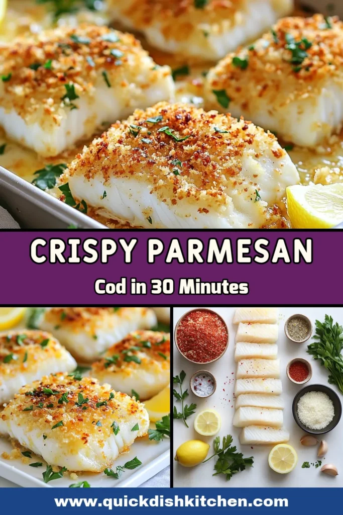 Discover a deliciously easy seafood dinner with this zesty Parmesan crusted cod recipe. These crispy cod fillets are coated in a flavorful panko breadcrumb crust, making them a perfect weeknight meal. With just a few simple ingredients, you can whip up this mouthwatering baked cod recipe that will impress your family and friends. Try it tonight! Save for later and enjoy! #SeafoodRecipes #Cod #HealthyDinner #EasyRecipes