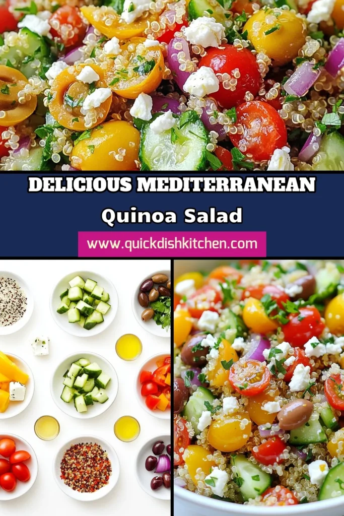 Looking for a vibrant dish that’s both delicious and healthy? Try this Mediterranean quinoa salad! Packed with fresh veggies, Kalamata olives, and optional feta cheese, this easy quinoa salad is a perfect addition to your meal prep. Ideal for anyone seeking healthy quinoa recipes or vegetarian Mediterranean recipes. Enjoy a nutritious and satisfying dish that will impress your family and friends. Save this recipe for later! #MediterraneanQuinoaSalad #QuinoaSaladWithFeta #EasyQuinoaSalad #HealthyQuinoaRecipes