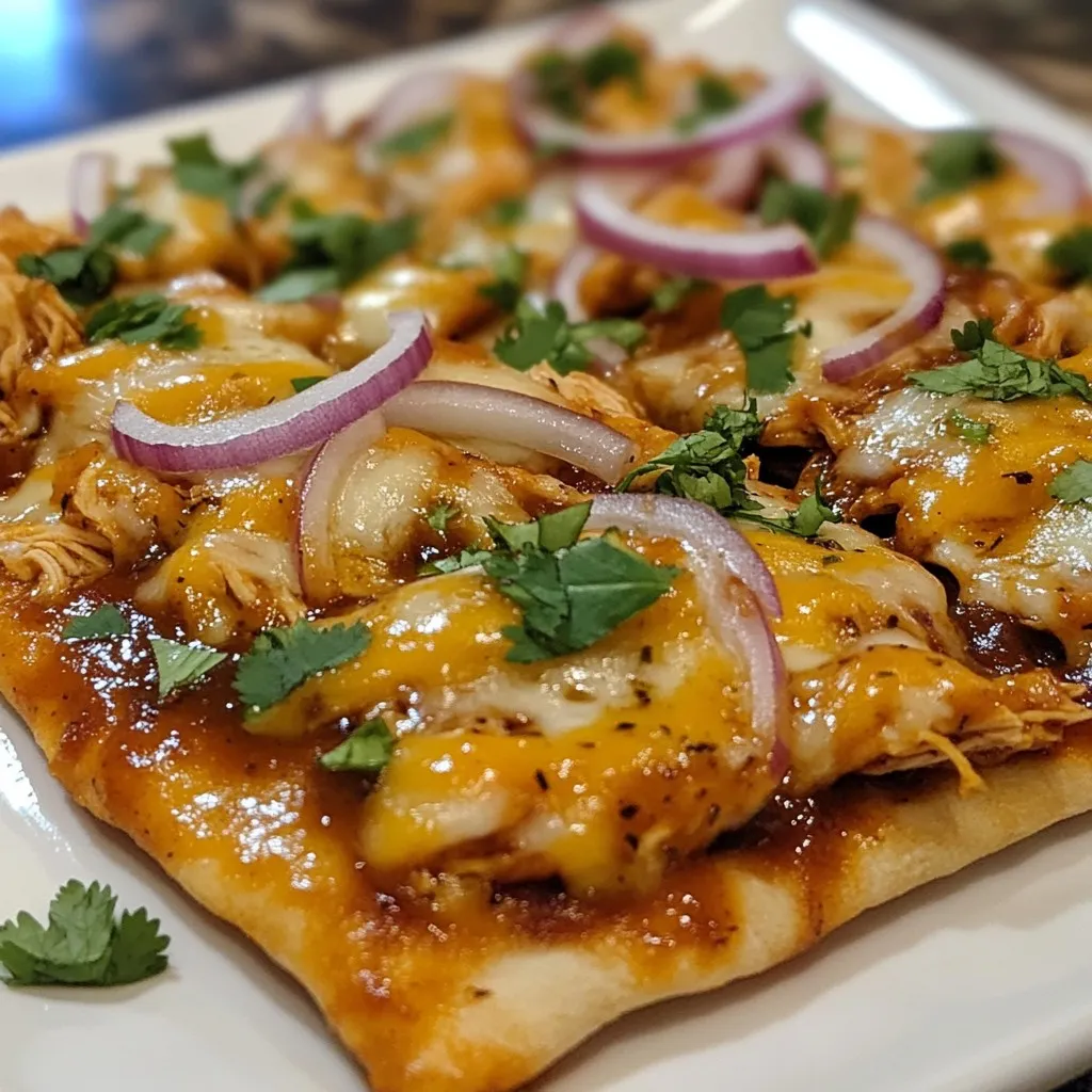 - 1 cup cooked chicken, shredded - 1/2 cup BBQ sauce - 2 large flatbreads - 1 cup shredded mozzarella cheese - 1/2 cup red onion, thinly sliced - 1/4 cup fresh cilantro, chopped - 1/2 teaspoon garlic powder - Salt and pepper to taste - 1 tablespoon olive oil When I make BBQ chicken flatbread, I love to use simple, fresh ingredients. The first item is cooked chicken. I often shred leftover chicken. It saves time and adds great flavor. Next, I grab my favorite BBQ sauce. This ingredient gives the dish its signature taste. You can pick any brand you like. Flatbreads are the base of this meal. I usually buy large flatbreads from the store. You can also make homemade ones if you feel adventurous. The cheese is next! I prefer mozzarella for its meltiness. It creates a creamy texture that blends well with the BBQ sauce. Red onion adds a nice crunch and sweetness. I slice it thinly to spread evenly. Fresh cilantro gives a bright touch. It’s a must for garnishing! Garlic powder adds depth to the flavor. I season with salt and pepper to taste. Lastly, I use olive oil to brush on the flatbreads. This helps them crisp up in the oven. With these ingredients, you will create a tasty BBQ chicken flatbread that everyone will enjoy! For BBQ sauce, I recommend a few brands. Sweet Baby Ray's is popular for its sweetness. Stubb's offers a nice smoky flavor. If you like heat, try Frank's RedHot. Each brings its own twist to the dish. If you can't find flatbreads, don't worry! You can use pita bread or naan as substitutes. Tortillas also work in a pinch. Each option will give you a different but tasty result. {{ingredient_image_1}} Start by gathering your ingredients. You need cooked chicken, shredded, and BBQ sauce. Mix one cup of chicken with half a cup of BBQ sauce in a bowl. Stir well until the chicken is coated. Set this mix aside for later. Next, slice half a cup of red onion thinly. Chop a quarter cup of fresh cilantro. This will add a nice flavor to your flatbread. Grab two large flatbreads. Place them on a baking sheet lined with parchment paper. Brush each flatbread lightly with one tablespoon of olive oil. This helps them crisp up nicely. Now sprinkle half a teaspoon of garlic powder, salt, and pepper evenly over both flatbreads. This adds a great base flavor. Spread the BBQ chicken mix evenly on top of the flatbreads. Then, layer the sliced red onions over the chicken. Finally, sprinkle one cup of shredded mozzarella cheese on top. Set your oven to 400°F (200°C). Bake the flatbreads for about 10 to 12 minutes. Keep an eye on them during baking. You want the cheese to be melted and bubbly. The edges of the flatbread should be slightly crispy. Once they look good, take them out of the oven. Let them cool for a couple of minutes before cutting. This makes them easier to slice. To get the best flavor, use great BBQ sauce. I love a sauce that’s sweet and tangy. Mix it well with the shredded chicken. This step ensures each bite is tasty. Adding garlic powder boosts the flavor too. Don’t skip on the salt and pepper for extra taste. It’s all about layering flavors well. The fresh cilantro adds brightness when you garnish the flatbread. I suggest you let it cool a bit before slicing. This helps keep the toppings in place. If you have leftovers, store them right for best taste. Place slices in an airtight container. You can keep them in the fridge for up to three days. When you’re ready to eat, reheat in the oven. This will keep the flatbread crispy. You can also use a microwave, but it may get a bit soft. So, it’s better to use an oven if you can. Pairing side dishes with BBQ chicken flatbread makes the meal fun. Here are some of my favorites: - Coleslaw: It’s crunchy and brings a nice contrast. - Corn on the cob: Sweet and juicy corn pairs well with BBQ. - Garden salad: Fresh veggies are always a good choice. - Potato wedges: Crispy potatoes are a hit with everyone. Try these sides, and you’ll have a meal that pleases all! Pro Tips Choose Your BBQ Sauce Wisely: The flavor of your flatbread will greatly depend on the BBQ sauce you choose. Opt for a sauce that complements the chicken and suits your taste preferences. Experiment with Toppings: Feel free to add other ingredients such as jalapeños, bell peppers, or even pineapple for a unique twist. Customize it to your liking! Crispier Flatbreads: For an extra crispy texture, pre-bake the flatbreads for 3-5 minutes before adding the toppings. This helps achieve a delightful crunch. Fresh Herbs Make a Difference: Adding fresh herbs like basil or parsley along with cilantro can elevate the flavor profile. Don’t hesitate to mix and match! {{image_2}} You can easily make a vegetarian BBQ flatbread. Instead of chicken, use grilled vegetables. Bell peppers, zucchini, and mushrooms work great. Toss them with your favorite BBQ sauce. This keeps the flavor bold and satisfying. You can also add black beans for extra protein. Top with the same cheese and bake as you would the chicken version. For a spicy kick, mix in some jalapeños or chili flakes. You can use spicy BBQ sauce instead of regular BBQ sauce. The heat from the jalapeños will blend well with the sweet sauce. This version is for those who enjoy a bit of fire in their meal. Adjust the spice to your taste for the perfect bite. Cheese can change the whole flavor of your flatbread. While mozzarella is classic, try other cheeses like cheddar or pepper jack. Cheddar gives a sharp taste, while pepper jack adds heat. You can even mix different cheeses for a richer flavor. Just make sure to use a cheese that melts well for the best texture. Each BBQ chicken flatbread has about 400 calories. This includes chicken, cheese, and sauce. The flatbread itself offers carbs, while chicken brings protein. The cheese adds fat and flavor. A serving can fill you up without going overboard. - Cooked Chicken: High in protein, helps build muscle. - BBQ Sauce: Adds flavor, can have antioxidants from tomatoes. - Flatbreads: Provides carbs for energy. - Mozzarella Cheese: Good source of calcium for bones. - Red Onion: Contains vitamins and may support heart health. - Cilantro: Packed with vitamins and adds freshness. These ingredients combine to make a balanced meal. They work together to support your health. You can easily adjust this recipe. For gluten-free, use gluten-free flatbreads. If you're vegan, swap chicken for a plant-based option. Use vegan cheese or skip cheese altogether. Adjust BBQ sauce to fit your dietary needs. Each change helps you enjoy this dish your way. To make BBQ chicken flatbread gluten-free, choose gluten-free flatbreads. Many stores offer these options. You can also make your own using gluten-free flour. Just follow a simple recipe to create your flatbread. This way, you can enjoy the same great taste without gluten. Absolutely! Using rotisserie chicken is a great shortcut. It saves time and adds flavor. Just shred the chicken and mix it with BBQ sauce. This will make your flatbread quick and easy to prepare. Plus, it keeps the meal tasty and juicy. You can store BBQ chicken flatbread in the fridge for up to three days. Be sure to wrap it tightly in plastic wrap or foil. This helps keep it fresh and prevents it from drying out. When you’re ready to eat, just reheat it in the oven for best results. Customization is fun! Here are some ideas to try: - Add jalapeños for a spicy kick. - Swap mozzarella for cheddar or pepper jack. - Top with avocado slices for creaminess. - Use different BBQ sauces for unique flavors. - Add veggies like bell peppers or corn for crunch. These options let you make the flatbread your own! You learned how to make BBQ chicken flatbread with simple steps. From prepping the ingredients to baking them, it's easy and fun. We explored flavor tips, storage methods, and creative variations too. Remember, you can switch ingredients to suit your taste. Try making it vegetarian or spicy for a kick! Enjoy your delicious flatbread, and share it with friends for a great meal. Happy cooking!