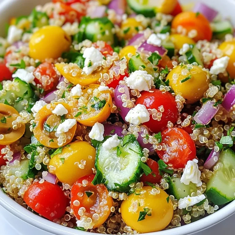 - 1 cup quinoa, rinsed - 2 cups vegetable broth (or water) - 1 cup cherry tomatoes, halved - 1 cucumber, diced - 1 bell pepper (red or yellow), diced - 1/2 red onion, finely chopped - 1/2 cup Kalamata olives, pitted and sliced - 3 tablespoons olive oil - 2 tablespoons lemon juice - 1 teaspoon dried oregano - Salt and pepper to taste - Fresh parsley, chopped for garnish The main ingredients of this salad create a fresh blend. Quinoa serves as the base. It is high in protein and gluten-free. The cherry tomatoes give a sweet burst. Cucumbers add crunch and hydration. Bell peppers bring sweetness and color. Red onion gives a nice bite. Kalamata olives add depth and saltiness. - 1/4 cup feta cheese, crumbled (optional) Feta cheese can enhance the taste. It adds a creamy texture and tang. You can skip it for a lighter dish. - Quinoa: High in protein and fiber. It helps keep you full. - Vegetable broth: Adds flavor without extra calories. - Cherry tomatoes: Rich in vitamins C and K. They support skin health. - Cucumber: Hydrating and low in calories. Great for weight loss! - Bell pepper: High in vitamins A and C. Good for your immune system. - Red onion: Contains antioxidants. They may reduce heart disease risk. - Kalamata olives: Provide healthy fats. They support heart health. - Olive oil: Contains healthy monounsaturated fats. Good for your overall health. - Lemon juice: High in vitamin C. It boosts your immune system. - Dried oregano: May have anti-inflammatory properties. - Fresh parsley: Adds vitamins A, C, and K. It helps with digestion. This salad not only tastes great but also gives your body what it needs. The mix of colors and textures makes it fun to eat! {{ingredient_image_1}} Start by boiling two cups of vegetable broth or water in a medium saucepan. Once it boils, add one cup of rinsed quinoa. Cover the pot and lower the heat. Let it simmer for about 15 minutes. The quinoa will be fluffy when ready. Remove it from heat and let it cool for a few minutes. While the quinoa cools, grab a large bowl. Add one cup of halved cherry tomatoes, one diced cucumber, one diced bell pepper, and half a finely chopped red onion. If you love salty flavors, add half a cup of sliced Kalamata olives. For extra creaminess, sprinkle in a quarter cup of crumbled feta cheese. In a small bowl, mix three tablespoons of olive oil and two tablespoons of lemon juice. Add one teaspoon of dried oregano, salt, and pepper to taste. Whisk it together until all the ingredients blend well. This dressing brings all the flavors together. Once the quinoa has cooled, fluff it with a fork. Add the quinoa to your bowl of veggies. Pour the dressing over the quinoa salad. Toss everything gently so the dressing coats all the ingredients. Taste the salad and adjust the seasoning if needed. Let the salad sit for 10-15 minutes. This helps the flavors meld. Serve it chilled or at room temperature. Garnish with fresh parsley on top for a nice look. To get the best quinoa, rinse it well. This removes bitter saponins. Boil your vegetable broth or water before adding. Once you add the quinoa, cover it quickly. Cook on low heat for about 15 minutes. The quinoa should be fluffy when done. Let it cool a bit before mixing it with the veggies. Use fresh herbs for more flavor. Fresh parsley adds a bright taste. You can also try fresh mint for a unique twist. Don’t forget to taste your salad as you go. Adjust salt and pepper to your liking. A squeeze of extra lemon juice can add great zest too. Serve your salad in a large bowl for family style. You can also use small glass cups for individual servings. This makes everything look fancy. Top with a sprinkle of feta cheese and parsley. A drizzle of olive oil right before serving adds a nice touch. Enjoy the colors and textures; it’s a feast for the eyes! Pro Tips Rinse Your Quinoa: Always rinse quinoa under cold water before cooking. This removes the natural coating called saponin, which can make it taste bitter. Chill for Flavor: Allow the salad to chill in the refrigerator for at least 15 minutes before serving. This helps the flavors to meld and enhances the overall taste. Customize Your Veggies: Feel free to swap out or add in any vegetables you prefer! Bell peppers, olives, and cucumbers are versatile, but you can include veggies like zucchini or spinach for extra nutrition. Perfect Dressing Balance: Taste the dressing before pouring it over the salad. Adjust the lemon juice, olive oil, or seasoning to suit your taste preferences for a perfect balance. {{image_2}} You can boost protein in your salad with chickpeas or grilled chicken. Chickpeas are a great plant-based choice. Just rinse and drain a can and mix them in. They add a nice texture and flavor. If you love meat, grilled chicken works well too. Dice up cooked chicken and fold it into the salad. This makes your meal more filling and satisfying. To make this salad vegan and dairy-free, simply skip the feta cheese. The salad still tastes great without it. You can also add extra olives or avocado for creaminess. Both options add rich flavors and healthy fats. Use a splash of apple cider vinegar or tahini for a yummy dressing twist. This keeps your salad tasty and vegan-friendly. Switching ingredients with the seasons keeps this salad fresh. In spring, toss in some peas or asparagus for crunch. In summer, try adding corn or zucchini for sweetness. Fall brings roasted butternut squash, which adds warmth. In winter, you can use hearty greens like kale or spinach. These swaps let you enjoy new flavors all year round while keeping things exciting. To store leftover Mediterranean quinoa salad, place it in an airtight container. Make sure to cover it tightly to keep out air. This will help maintain its freshness. You can store it in the fridge for easy access. The salad stays fresh for about 3 to 5 days in the fridge. After this time, the vegetables may lose their crunch. If you notice any odd smells or changes in texture, it's best to discard it. I recommend serving this salad cold for the best flavor. If you prefer warm quinoa, gently heat just the quinoa part. Avoid reheating the whole salad, as it can make the veggies soft. Instead, enjoy the fresh taste straight from the fridge! Quinoa takes about 15 minutes to cook. Start by boiling vegetable broth or water. Once boiling, add rinsed quinoa. Cover the pot and lower the heat. Let it simmer until the quinoa is fluffy, and the liquid is gone. Yes, you can make this salad ahead of time. It tastes even better after sitting. Just store it in the fridge for up to three days. This allows the flavors to mix nicely. Yes, Mediterranean Quinoa Salad is gluten-free. Quinoa itself is a gluten-free grain. All other ingredients, like veggies and olives, are also gluten-free. This makes it a great choice for those with gluten sensitivities. Mediterranean quinoa salad is a tasty, healthy dish full of fresh flavors. We explored key ingredients and their benefits, offering helpful tips for perfecting your salad. You learned simple steps to prepare it and exciting variations to try. Don’t forget how to store any leftovers to keep them fresh. This salad is quick, easy, and full of life. Try it, and enjoy the bright tastes and nutrition it brings. Eating well can be fun and simple!