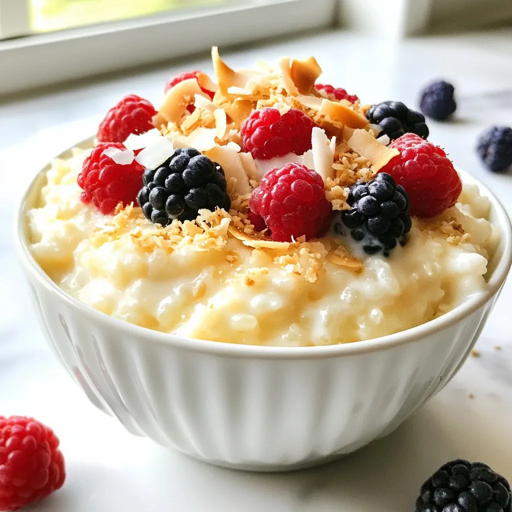 - 1 cup Arborio rice - 4 cups whole milk - 1 cup coconut milk - 1 vanilla bean (split and seeds scraped) - 1/2 cup granulated sugar - 1/4 teaspoon salt - 1/2 teaspoon ground cinnamon (optional) - 1 teaspoon pure vanilla extract - Fresh berries for garnish - Toasted coconut flakes for garnish The key to great vanilla bean rice pudding starts with the right ingredients. Arborio rice gives a nice creaminess. Whole milk adds richness, while coconut milk brings a hint of tropical flavor. The vanilla bean is the star here. It has seeds that create those lovely specks in the pudding. You can also use vanilla extract if you can’t find a vanilla bean. Sugar and salt balance the flavors. Ground cinnamon adds warmth, but feel free to skip it if you prefer a pure vanilla taste. Fresh berries and toasted coconut flakes make for a beautiful garnish. They add color and a nice crunch. Gather these ingredients, and you're ready to create a cozy dessert that warms the soul. {{ingredient_image_1}} First, rinse the Arborio rice. Place it in a fine-mesh sieve. Rinse it under cold water. Keep rinsing until the water runs clear. This step removes extra starch. It helps the rice cook evenly. Next, combine the rinsed rice with the other ingredients in a large saucepan. Add 4 cups of whole milk and 1 cup of coconut milk. Then, split the vanilla bean and scrape out the seeds. Add both the seeds and the pod to the saucepan with the rice. Finally, stir in 1/2 cup of granulated sugar and 1/4 teaspoon of salt. Mix well to combine everything. Now, bring the mixture to a gentle boil over medium heat. Keep an eye on it to avoid boiling too hard. Once it boils, reduce the heat to low. This helps the rice cook slowly. Stir occasionally to prevent sticking. This is important to keep the rice from clumping together. Let it simmer gently for about 30 to 35 minutes. Stir occasionally to keep it smooth. The rice should become tender, and the pudding will thicken. If it gets too thick, just add a little more milk to loosen it up. When the rice is cooked, take the saucepan off the heat. Carefully remove the vanilla bean pod. Discard it, as it has done its job. Now, stir in 1/2 teaspoon of ground cinnamon, if you're using it. Add 1 teaspoon of pure vanilla extract for extra flavor. This will really boost the taste. Allow the pudding to cool slightly before serving. You can enjoy it warm or chilled. To get the right thickness in your rice pudding, you may need to add more milk. If your pudding gets too thick, just stir in a little whole or coconut milk. This keeps it creamy and smooth. Stirring is very important, too. Stir often while it cooks. This helps the rice cook evenly and stops it from sticking to the pan. For a beautiful presentation, serve the rice pudding in small bowls or dessert glasses. This adds a nice touch to your meal. Top each serving with fresh berries. Strawberries or blueberries look and taste great. You can also sprinkle toasted coconut flakes on top for added flavor. These toppings make the dish fun and colorful. Pro Tips Use Fresh Ingredients: For the best flavor, opt for fresh vanilla beans instead of vanilla extract. The aroma and taste will significantly enhance your rice pudding. Texture Control: If you prefer a creamier texture, stir in a little extra coconut milk or cream just before serving. This will add richness and smoothness. Perfect Rice Cooking: Make sure to stir the rice pudding frequently while it simmers. This prevents the rice from sticking to the bottom of the pan and ensures even cooking. Chill for Flavor: Allow the pudding to chill in the refrigerator for a few hours after cooking. The flavors will meld together beautifully as it cools. {{image_2}} You can change the flavor of your vanilla bean rice pudding easily. Try using different types of milk. Almond milk or oat milk work great. These milks will give the pudding a nutty taste. You can also add chocolate to the mix. Just stir in some cocoa powder or chocolate chips. Coffee lovers can add a bit of brewed coffee. This gives a nice deep flavor. If you want a vegan version, swap out the dairy milk. Use only coconut milk or any plant-based milk. This keeps it creamy and rich. For gluten-free options, this recipe is already safe. Arborio rice is naturally gluten-free. Just make sure all other ingredients are also gluten-free. These small changes let everyone enjoy this cozy dessert. To keep your vanilla bean rice pudding fresh, place it in an airtight container. This helps prevent it from absorbing other smells in the fridge. Let the pudding cool down first before putting it away. The pudding lasts about three to four days in the refrigerator. If you want to enjoy it later, make sure to check for any signs of spoilage before you eat. When you're ready to enjoy your pudding again, you can warm it up in a few ways. The simplest method is to use the microwave. Place your pudding in a bowl and heat it in short bursts. Stir between each burst to ensure even heating. If you prefer the stove, pour the pudding into a saucepan. Warm it over low heat, stirring gently. This will help keep it creamy. The texture might thicken after refrigeration. If it does, simply add a splash of whole milk or coconut milk. Stir well to get that creamy goodness back. Enjoy! Can I use regular rice instead of Arborio? You can use regular rice, but Arborio is best. Arborio rice is starchy. This starch makes the pudding creamy. Regular rice may not give you the same texture. If you want the best results, stick with Arborio. How do I know when the rice pudding is done? Rice pudding is done when the rice is soft and the mixture is thick. It usually takes about 30-35 minutes. Stir it often while it cooks. Check the texture after 30 minutes. If it's too thick, add some milk to loosen it. Is there a way to make this recipe ahead of time? Yes, you can make rice pudding ahead of time. Cook it and let it cool before storing. Place it in the fridge for up to three days. When you're ready to serve, reheat it gently on the stove. Add a little milk if needed to restore creaminess. This article covered how to make a delicious rice pudding using simple ingredients. I discussed main ingredients like Arborio rice, whole milk, and coconut milk. You learned step-by-step instructions for preparing and cooking the rice. I shared tips for perfect texture and serving suggestions. Variations allow you to experiment with flavors and dietary needs. Finally, I provided storage and reheating tips to enjoy your pudding later. With these insights, you can now create a perfect bowl of rice pudding tailored to your taste. Enjoy every bite!