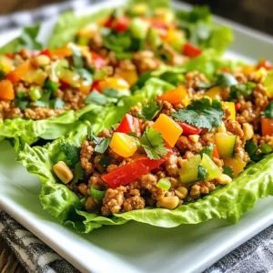 For this tasty dish, you need fresh and simple items. Here’s the list: - 1 lb ground chicken - 1 tablespoon sesame oil - 1/4 cup green onions, chopped - 1/2 cup bell pepper, finely diced (any color) - 2 cloves garlic, minced - 1 tablespoon fresh ginger, grated - 1/4 cup soy sauce (or tamari for gluten-free) - 2 tablespoons peanut butter - 1 tablespoon honey (or agave syrup for vegan option) - 1 tablespoon lime juice - 1/4 teaspoon red pepper flakes (optional for heat) - 1 head of butter or romaine lettuce, separated into leaves - Chopped peanuts and cilantro for garnish Each ingredient adds flavor and texture. The ground chicken gives protein. The bell pepper and green onions add crunch. Peanut butter brings creaminess, while lime juice adds brightness. To make this dish, you will need some basic tools: - Large skillet - Wooden spatula - Small bowl for mixing sauce - Whisk for blending ingredients - Cutting board and knife - Serving platter These tools make cooking easy and fun. The skillet helps cook the chicken evenly. The spatula lets you stir without making a mess. You can make your lettuce cups even better with some extras: - Chopped peanuts for crunch - Fresh cilantro for a burst of flavor - Extra lime wedges for squeezing - Red pepper flakes for added heat These optional garnishes boost the taste and look of your meal. Enjoying Peanut Chicken Lettuce Cups this way makes every bite special. {{ingredient_image_1}} Start by heating the sesame oil in a large skillet over medium heat. Add the ground chicken. Cook it until it turns brown. This takes about 5 to 7 minutes. Make sure to break it apart with a spatula as it cooks. This helps it cook evenly. Once it's done, it should be nice and crumbly. While the chicken cooks, prepare the sauce. In a small bowl, whisk together the soy sauce, peanut butter, honey, lime juice, and red pepper flakes (if you want some heat). Mix until it is smooth. This sauce adds a rich flavor to the dish. You can taste it to see if you like the balance. If you want more sweetness, add a bit more honey. Once the chicken is browned, add the chopped green onions, bell pepper, minced garlic, and grated ginger to the skillet. Sauté these ingredients for another 2 to 3 minutes. You want the veggies to soften but still have some crunch. After that, pour the prepared sauce over the chicken and veggies. Stir everything well, ensuring it all gets coated. Cook for an extra 2 to 3 minutes. This helps the flavors blend together. Once done, remove the skillet from heat and let the mixture cool slightly before serving. To make the best peanut chicken, use fresh ground chicken. Heat the sesame oil in a large skillet over medium heat. Cook the chicken until it turns brown, about 5-7 minutes. Break it apart with a spatula while it cooks. This helps it brown evenly. Add green onions, bell peppers, garlic, and ginger to the chicken. Sauté them for 2-3 minutes. This softens the veggies and adds depth. For a boost of flavor, mix soy sauce, peanut butter, honey, lime juice, and red pepper flakes in a bowl. Pour this sauce over the chicken mixture and cook for another 2-3 minutes. This allows all the flavors to blend well. Serve the peanut chicken in fresh lettuce leaves. Spoon the mix into each leaf. Top with chopped peanuts and cilantro for crunch and freshness. Arrange the cups on a platter with lime wedges for a colorful look. For extra flavor, offer extra sauce on the side for dipping. Pro Tips Prep Ahead: Prepare the chicken mixture ahead of time and store it in the fridge. This will allow the flavors to develop even more and make for a quick assembly at mealtime. Flavor Boost: For an extra kick, marinate the ground chicken in the soy sauce and ginger for about 30 minutes before cooking. This enhances the overall flavor of the dish. Freshness Matters: Use fresh, crisp lettuce leaves for the cups. They should be sturdy enough to hold the filling without tearing. Romaine or butter lettuce works best. Customizable Filling: Feel free to add other vegetables like shredded carrots, water chestnuts, or even diced mushrooms to the chicken mixture for added texture and nutrition. {{image_2}} If you want a vegetarian or vegan twist, try substituting ground chicken with plant-based proteins. You can use crumbled tofu or tempeh. Both options soak up flavors well and add a nice texture. For the sauce, replace honey with agave syrup for a vegan-friendly choice. You get a tasty dish that keeps all the fun and freshness. Besides chicken, many options can work. Ground turkey offers a leaner alternative. If you like seafood, try using cooked shrimp instead. For a unique flavor, consider shredded jackfruit. It has a meaty texture and absorbs the sauce beautifully. Each option gives you a different taste while keeping it light and fresh. You can easily customize the recipe to fit dietary needs. If you prefer gluten-free, swap soy sauce for tamari. For a nut-free version, leave out peanut butter and use sun butter instead. You can also replace the sesame oil with olive oil if that's what you have. These swaps let you enjoy Peanut Chicken Lettuce Cups without worry! To keep your Peanut Chicken Lettuce Cups fresh, store them separately. Place the chicken mixture in an airtight container. I recommend using glass containers for better storage. Store the lettuce leaves in another container lined with a paper towel. This helps absorb moisture. If you want to freeze the chicken mixture, cool it first. Once cool, transfer it to a freezer-safe bag. Squeeze out any extra air before sealing. This helps prevent freezer burn. The mixture can last up to three months in the freezer. When you’re ready to enjoy, thaw it overnight in the fridge. Reheat the chicken mixture on the stove over low heat. Stir often to warm it evenly. You can add a splash of water if it seems dry. For a quick option, use the microwave. Heat in short bursts, stirring in between. Serve the warm mixture in fresh lettuce leaves. Yes, you can use other nut butters. Almond butter or cashew butter works well. Each nut butter brings its own taste. Almond butter is mild and sweet. Cashew butter adds a creamy texture. Both options keep your dish tasty and fun. To make this dish gluten-free, use tamari instead of soy sauce. Tamari has a similar taste but is safe for gluten-free diets. Check all other ingredients, too, for hidden gluten. Most brands of peanut butter are gluten-free, but it's wise to check. This way, you can enjoy the meal without worry. These cups pair well with rice or quinoa. You can also add a fresh salad on the side. For a crunchy snack, try some veggie sticks. If you want something warm, serve a light soup. Each option makes your meal more complete. This blog post covered how to make delicious Peanut Chicken Lettuce Cups. We discussed ingredients, tools, and optional garnishes. You learned step-by-step instructions for cooking chicken, making sauce, and combining everything. I shared tips for perfecting your dish and options for dietary needs. We also went over storage and reheating tips to keep leftovers tasty. When you make this dish, feel free to explore variations. Enjoy creating your own version of these cups. Happy cooking!